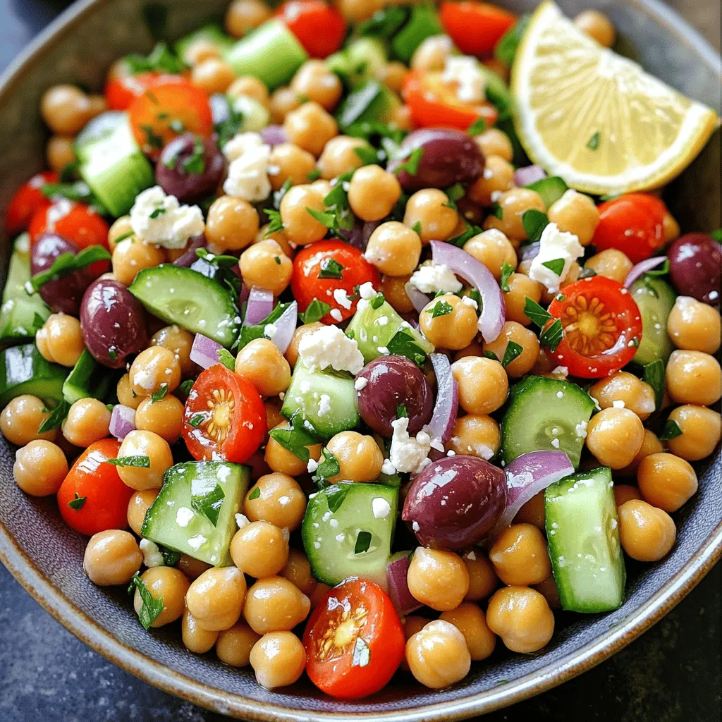 To make a Quick Greek Chickpea Salad, you need fresh and simple ingredients. Here’s what you’ll need: - 1 can (15 oz) chickpeas, drained and rinsed - 1 cup cherry tomatoes, halved - 1 small cucumber, diced - 1/2 red onion, finely chopped - 1/2 cup Kalamata olives, pitted and halved - 1/4 cup feta cheese, crumbled - 2 tablespoons extra virgin olive oil - 1 tablespoon red wine vinegar - 1 teaspoon dried oregano - Salt and pepper to taste - Fresh parsley for garnish Chickpeas are the star of this salad. They add protein and fiber, making it a filling meal. The cherry tomatoes and cucumber bring a crisp, fresh taste. The red onion adds a nice kick, while Kalamata olives offer a briny flavor. Feta cheese gives a creamy touch that blends well with the other flavors. For the dressing, you mix olive oil, red wine vinegar, and dried oregano. These ingredients create a zesty blend that ties the salad together. Adjust the salt and pepper to your liking. For a final touch, fresh parsley adds color and brightness. You can find the full recipe [here](#). Mixing the Base Ingredients First, grab a large mixing bowl. Add one can of chickpeas, drained and rinsed. Next, toss in one cup of halved cherry tomatoes and one diced cucumber. Then, add half a finely chopped red onion. Finally, stir in half a cup of halved Kalamata olives and a quarter cup of crumbled feta cheese. This mix gives your salad a great base of flavors and textures. Preparing the Dressing In a small bowl, whisk together two tablespoons of extra virgin olive oil and one tablespoon of red wine vinegar. Add one teaspoon of dried oregano, along with salt and pepper to taste. Whisk this until it blends well. This dressing adds a zesty kick to your salad. Combining Everything Drizzle the dressing over your salad ingredients in the mixing bowl. Gently toss everything together. You want to ensure all the ingredients are well coated with the dressing. Once mixed, taste your salad. Adjust the seasoning with more salt, pepper, or vinegar if needed. Don’t forget to garnish with fresh parsley before serving. This adds a lovely touch and extra flavor. For the complete recipe, check the [Full Recipe]. Enhancing Freshness To make your quick Greek chickpea salad taste even better, use fresh veggies. Pick tomatoes that smell sweet. Choose crisp cucumbers. Fresh herbs like parsley add brightness. Always wash your produce well. This step keeps your salad clean and tasty. Serving Suggestions Serve this salad in a big bowl or on nice plates. Top with extra feta and parsley for color. You can add a lemon wedge for a zesty kick. This brightens the flavors even more. Pair it with grilled chicken or pita bread for a full meal. Texture Tips To keep your salad crunchy, add cucumbers just before serving. Avoid letting them sit too long, as they can get soggy. You can also use different types of olives for added crunch. When mixing, be gentle, so the chickpeas and feta stay intact. For a complete recipe, check the Full Recipe. {{image_2}} Adding Proteins You can add protein to make the salad more filling. Grilled chicken or shrimp works well. For a vegetarian touch, try adding diced hard-boiled eggs or quinoa. These options add a nice texture and boost the meal's nutrition. Vegetarian and Vegan Options This salad is great for vegetarians. To make it vegan, just skip the feta cheese. Use avocado in its place. It adds creaminess and healthy fats. You can also add more beans for protein. Seasonal Ingredient Swaps Feel free to swap in seasonal ingredients. In summer, fresh bell peppers or zucchini add crunch. In fall, try roasted sweet potatoes. These changes keep the salad fresh and exciting all year round. Explore these ideas to make the Quick Greek Chickpea Salad yours! For the complete recipe, check out the [Full Recipe]. To keep your Quick Greek Chickpea Salad fresh, store it properly. Use an airtight container. This helps keep the flavors strong and the veggies crisp. Best Storage Practices - Place the salad in the fridge right after serving. - Keep the dressing separate if you plan to store it for longer. This prevents soggy veggies. Shelf Life The salad lasts about three days in the fridge. After that, the ingredients may lose their crunch. Check for any off smells or colors before eating. How to Revive If the salad seems dry after a day, add a bit more olive oil or vinegar. Toss it gently to mix. Fresh parsley can also brighten the flavors again. For the full recipe, check the details above. To make this salad vegan, simply skip the feta cheese. You can replace it with avocado or a vegan feta made from nuts. Both options add creaminess and flavor without dairy. Yes, you can make this salad ahead of time. Just store it in the fridge for up to two days. The flavors blend better as it sits. Keep the dressing separate until you are ready to serve. If you need a substitute for feta cheese, try using goat cheese or even a soft tofu. For a nutty flavor, you could use nutritional yeast. Each option gives a different taste but works well in the salad. For the complete recipe, check out the Full Recipe section. It gives you all the details needed to create this delicious Quick Greek Chickpea Salad. This blog post guides you through creating a tasty chickpea dish. We covered key ingredients like chickpeas, fresh veggies, and dressings. You learned step-by-step instructions to mix, dress, and combine. I shared tips for adding flavor and texture, plus variations for proteins and vegan options. You now know how to store leftovers to keep them fresh. Remember, customizing the recipe can make it unique. Enjoy making it your own!
