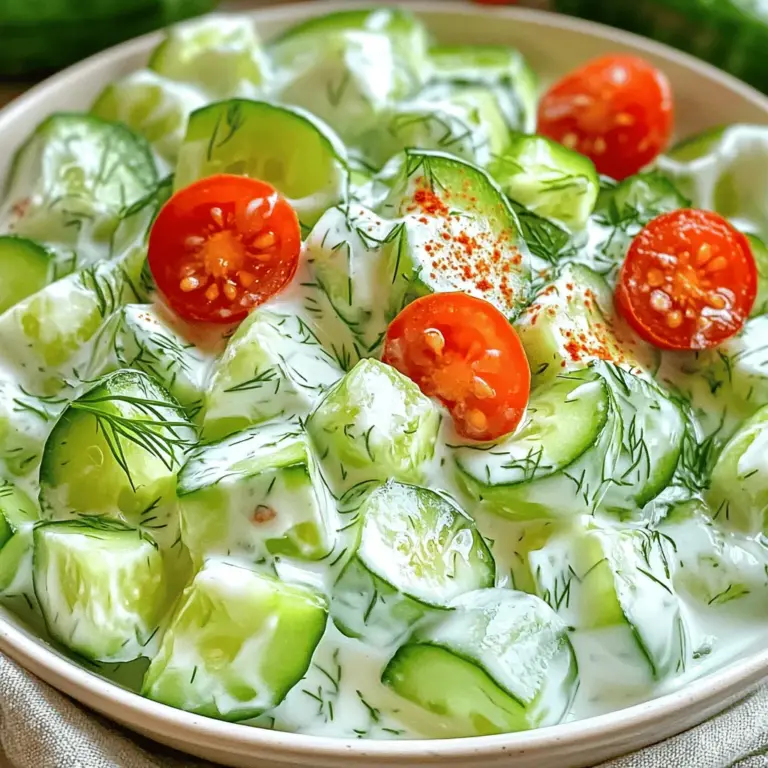 To make a refreshing cucumber yogurt salad, gather these simple ingredients. Each one plays a key role in creating that vibrant flavor. - 2 large cucumbers, diced - 1 cup Greek yogurt - 1 clove garlic, minced - 1 tablespoon fresh dill (or 1 teaspoon dried dill) - 1 tablespoon lemon juice - 1 tablespoon extra virgin olive oil - Salt and pepper to taste - Cherry tomatoes for garnish - Smoked paprika for garnish These ingredients are easy to find and offer great taste. The cucumbers provide a crisp bite, while the yogurt adds creaminess. Garlic and dill bring in extra flavor. Lemon juice and olive oil balance it all out. Don't forget the salt and pepper! They help enhance every bite. I love to add cherry tomatoes on top for color. A sprinkle of smoked paprika adds a nice touch. Using fresh ingredients makes all the difference. Always try to choose the ripest cucumbers and high-quality yogurt. This salad is not only delightful but also packed with health benefits. Enjoy the process of creating your dish! Just follow the full recipe to see how it all comes together. - Wash and dice the cucumbers Start by washing the cucumbers under cool water. You can peel them if you want a smooth bite. Dice the cucumbers into small, even pieces. This helps them mix well with the yogurt. - Combine yogurt and flavoring ingredients In a large bowl, add the Greek yogurt. Next, add the minced garlic, fresh dill, lemon juice, and olive oil. Stir this mixture until it is smooth and well-blended. This will be the base of your salad. - Fold in the cucumbers Gently add the diced cucumbers to the yogurt mix. Use a spatula to fold them in carefully. You want the cucumbers coated without mashing them up. - Seasoning and chilling Now, add salt and pepper to taste. Mix well to distribute the seasoning. Transfer your salad to a serving dish. Chill it in the fridge for at least 15 minutes. This helps all the flavors come together. For the full recipe, check the section above. When making cucumber yogurt salad, pick fresh cucumbers for the best taste. I love using English cucumbers. They are long, thin, and have fewer seeds. Persian cucumbers are also a great choice. They are crunchy and sweet. Look for cucumbers that are firm and smooth. Avoid any with soft spots or wrinkles. Store them in the fridge, wrapped in a paper towel. This keeps them fresh for longer. For this salad, I recommend using full-fat Greek yogurt. It is creamy and rich. If you want a lighter option, low-fat Greek yogurt works too. You can also try plain yogurt if you don’t have Greek yogurt. For a dairy-free choice, use coconut yogurt or almond yogurt. These can give a nice twist in flavor while keeping it creamy. To make your salad even better, add fresh herbs like mint or parsley. They add a nice burst of flavor. You can also mix in a bit of cumin for a unique taste. If you want more creaminess, try adding a splash of sour cream or a bit of avocado. This makes the salad taste even richer. For the full recipe, check the section above. Enjoy making your cucumber yogurt salad! {{image_2}} You can change up cucumber yogurt salad in fun ways. - Spicy cucumber yogurt salad: Add chopped jalapeños or a dash of hot sauce. This gives the salad a nice kick. The cool yogurt balances the heat well. - Mediterranean-style variations: Mix in black olives, feta cheese, or sun-dried tomatoes. These ingredients add a salty flavor and make the salad more filling. - Vegan alternatives: Use plant-based yogurt instead of Greek yogurt. Almond or coconut yogurt works great. You can also add avocado for creaminess. This salad pairs well with many dishes. - Ideal accompaniments for the salad: Serve it with grilled meats or fish. It also goes well with pita bread and hummus. - Suggested leafy greens/side options: Try mixing it with fresh spinach or arugula. You can also serve it alongside a light grain salad, like quinoa or couscous. These variations and serving ideas make cucumber yogurt salad a versatile dish. For the full recipe, check out the Crisp & Creamy Cucumber Yogurt Delight. Enjoy experimenting! To keep your cucumber yogurt salad fresh, use a tight container. Glass or plastic containers with lids work best. Make sure to seal them well. This keeps air out and helps maintain the taste. Store the salad in the fridge. It stays fresh for up to three days. After that, the cucumbers may lose their crunch. Cucumber yogurt salad is best served cold. If you find it a bit watery after storage, stir it well. You can add a touch more yogurt or lemon juice to refresh the flavor. Serve it alongside grilled meats or as a side dish with pita bread. It pairs well with many meals. Enjoy the crisp taste and creamy texture! You can store cucumber yogurt salad in the fridge for up to three days. Keep it in an airtight container to keep it fresh. After three days, the cucumbers may become soggy. If you see extra water in the container, drain it before serving. Yes, you can make cucumber yogurt salad ahead of time. It tastes even better after chilling for a while. I recommend making it a few hours before you serve it. Just remember to give it a good stir before serving to mix the flavors. Absolutely! You can easily make a vegan version by using dairy-free yogurt. Look for plant-based yogurt made from almonds, coconuts, or soy. The texture will change a bit, but it will still be tasty. You can follow the same recipe by simply swapping the Greek yogurt with your favorite vegan alternative. Cucumber yogurt salad goes well with many dishes. It complements spicy foods, grilled meats, or roasted veggies. You can serve it alongside pita bread or as a topping for falafel. It also makes a great side dish for a barbecue or picnic. This blog post covered how to make cucumber yogurt salad using fresh ingredients. We explored preparation steps, tips for choosing cucumbers, and yogurt options. I shared different variations and great serving ideas. In the end, creating this salad is simple and fun. Whether you stick to the classic recipe or try new twists, enjoy the fresh flavors. This salad is a healthy choice for any meal. Enjoy it!