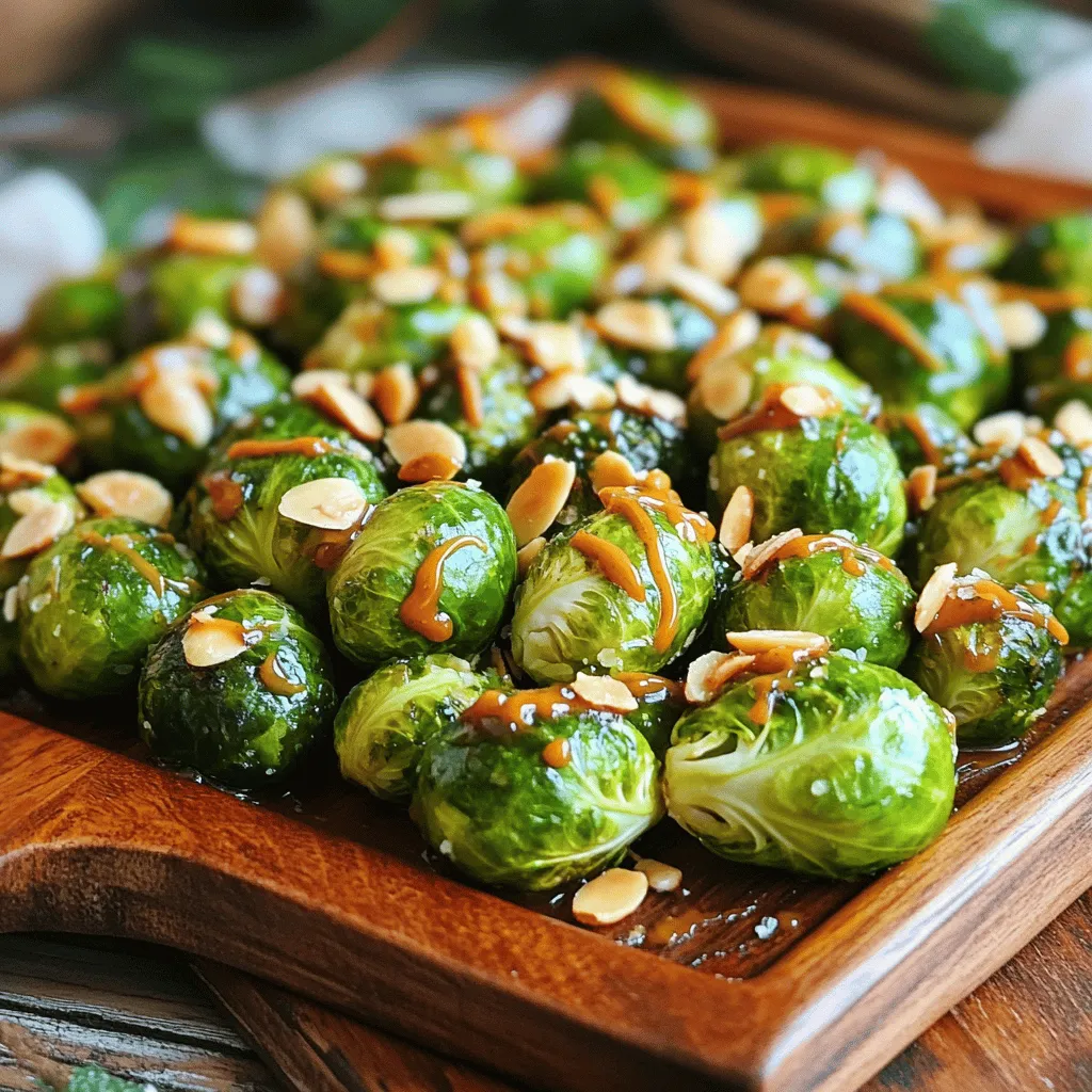 - 1 lb Brussels sprouts, trimmed and halved - 3 tablespoons olive oil - 3 tablespoons honey - 2 tablespoons Dijon mustard - 1 tablespoon apple cider vinegar - 1 teaspoon garlic powder - Salt and pepper to taste - Optional: Toasted almonds or pecans for garnish When I make Honey Mustard Glazed Brussels Sprouts, I love the balance of flavors. The honey brings a sweet touch, while the Dijon mustard adds a bit of zing. To create this dish, start with fresh Brussels sprouts. Trim and halve them to ensure even cooking. You can use olive oil to help the sprouts roast well and get crispy. The honey gives that shiny glaze we all love. Apple cider vinegar adds a tang that brightens the dish. Garlic powder rounds out the flavor beautifully. If you want to switch things up, consider using alternative sweeteners like maple syrup or agave nectar. Both work well in this recipe. You can also change the mustard. Try yellow mustard for a milder taste or whole grain mustard for a bit more texture. One serving of these Brussels sprouts has about 150 calories. The breakdown is roughly 15 grams of carbs, 9 grams of fat, and 3 grams of protein. This makes it a healthy side dish that fits into many diets. Enjoy making this flavorful side dish today! Don’t forget to check out the Full Recipe for more details. 1. Preheat the oven to 400°F (200°C). This step is key to getting that nice roast. 2. Prepare the Brussels sprouts. Start by trimming off the ends and cutting them in half. This helps them cook evenly. 1. Tossing Brussels sprouts with olive oil. In a large bowl, add the halved Brussels sprouts and drizzle with olive oil. Toss them well to coat every piece. This oil gives them a rich flavor and helps them crisp up during roasting. 2. Whisking the honey mustard glaze. In a small bowl, combine honey, Dijon mustard, apple cider vinegar, garlic powder, salt, and pepper. Whisk until smooth. This glaze adds a sweet and tangy kick that makes the Brussels sprouts shine. 1. Spreading Brussels sprouts on a baking sheet. Line a baking sheet with parchment paper. Spread the coated Brussels sprouts in a single layer. Make sure they have some space. This helps them roast nicely instead of steaming. 2. Roasting time and tips for doneness. Place the baking sheet in the oven. Roast for about 20 to 25 minutes. Stir them halfway through for even cooking. They should be tender and caramelized when done. A fork should go in easily, but they shouldn’t be mushy. 3. Garnishing the dish before serving. Once out of the oven, let them cool slightly. Transfer to a serving dish and sprinkle with toasted almonds or pecans if you like. This adds a great crunch and extra flavor. This simple process makes a tasty side dish. For the full recipe, check out the complete instructions above. Enjoy your cooking! To get crispy Brussels sprouts, follow these simple tips: - Dry them well: After washing, make sure they are dry. Moisture makes them soggy. - Cut evenly: Halve each sprout so they cook at the same rate. For the best roasting methods, try these: - High heat: Roast at 400°F (200°C) for a nice caramelization. - Spread them out: Give them space on the baking sheet. This helps them brown evenly. Pair Honey Mustard Glazed Brussels Sprouts with: - Main courses: They go well with grilled chicken or baked salmon. - Sides: Serve alongside mashed potatoes or quinoa for balance. For a beautiful presentation: - Use a colorful dish: A bright bowl makes the greens pop. - Garnish: Add toasted almonds or pecans for a crunchy finish. Be mindful of these common errors: - Overcooking Brussels sprouts: They should be tender but not mushy. Check them around 20 minutes. - Skipping seasoning: Always season before roasting. A little salt and pepper make a big difference. By following these tips, you’ll get the best out of your Honey Mustard Glazed Brussels Sprouts. For the full recipe, check the detailed instructions provided earlier. {{image_2}} You can make Honey Mustard Glazed Brussels Sprouts even better by adding seasonal veggies. Try shredded carrots for a pop of color. Butternut squash also works well, adding sweetness and texture. These additions will enhance the dish and provide new flavors. To elevate the taste, think about using a balsamic reduction. Drizzling this on the sprouts will add a tangy kick. You can also mix in spices like smoked paprika or cumin for a warm, earthy flavor. If you want a vegan option, swap honey for maple syrup or agave nectar. This keeps the glaze sweet while staying plant-based. You can also use a mustard that fits your diet. Whole grain mustard adds texture and depth. For those watching carbs, you can skip the honey altogether. The Dijon mustard brings enough flavor without extra sugar. Pair this with a side of grilled chicken or fish to keep it balanced. Adding cheese can take this dish to the next level. Grated parmesan melts beautifully and adds a salty bite. Feta cheese brings a creamy tang that pairs nicely with the honey mustard glaze. Fresh herbs also brighten the dish. Chopped thyme or rosemary adds a herbal note. Sprinkle these on right before serving for the best flavor. For the full recipe, don't forget to check out the complete guide to making Honey Mustard Glazed Brussels Sprouts. To keep your Honey Mustard Glazed Brussels Sprouts fresh, use airtight containers. Glass or plastic containers work well. Make sure they are completely cool before sealing. This helps avoid moisture, which can make them soggy. Store in the fridge for up to three days. You can reheat Brussels sprouts in two ways: the oven or the microwave. For the oven, preheat it to 350°F (175°C). Spread the sprouts on a baking sheet. Heat for about 10-15 minutes, until warm. For the microwave, place them in a bowl and cover it with a lid or plate. Heat in 30-second intervals, stirring in between. This method keeps the sprouts moist and tender. You can freeze cooked Brussels sprouts, but they may lose some texture. Let them cool completely before placing them in freezer bags. Remove as much air as you can. They will last for about two months in the freezer. To thaw, place them in the fridge overnight. Reheat as mentioned above for the best results. Enjoy your Honey Mustard Glazed Brussels Sprouts even after storing! For the full recipe, check the main article. Brussels sprouts usually take about 20-25 minutes to roast at 400°F. If you steam them, it only takes about 6-8 minutes. For boiling, they need around 8-10 minutes. Always check for tenderness and a nice golden-brown color for the best flavor. Yes, you can make Honey Mustard Glazed Brussels Sprouts ahead of time. Cook them fully and let them cool. Store them in an airtight container in the fridge for up to three days. When ready to serve, just reheat in the oven for about 10 minutes to get them warm and crispy again. These Brussels sprouts pair well with many dishes. You can serve them alongside roasted chicken or grilled salmon. They also go great with quinoa or a mixed green salad. Try them with mashed potatoes for a cozy meal. The honey mustard glaze can last up to one week in the fridge. Store it in a sealed jar to keep it fresh. If you notice any separation, just give it a quick stir before using. You can use this glaze for other veggies or as a dressing, too. For the full recipe, check out the Honey Mustard Glazed Brussels Sprouts section. In this post, we covered everything about Honey Mustard Glazed Brussels Sprouts. We discussed key ingredients, substitutions, and how best to prepare the dish. You learned cooking tips and how to avoid common mistakes. We also explored variations to suit different diets and tastes. Lastly, I shared how to store and reheat leftovers. Now, you have the tools to make this delicious dish your own. Enjoy experimenting with flavors and impressing your family and friends!