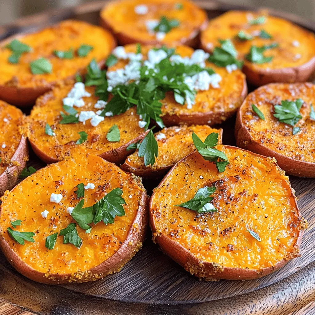 To make baked sweet potato rounds, you need a few key items. Here’s what to gather: - 2 large sweet potatoes, sliced into ½ inch rounds - 2 tablespoons olive oil - 1 teaspoon garlic powder - 1 teaspoon paprika - ½ teaspoon cumin - Salt and pepper to taste These ingredients give your sweet potato rounds their tasty flavor. The sweet potatoes are the star, bringing natural sweetness and nutrition. You can add a twist to your rounds with some optional toppings. Here are a few ideas: - ¼ cup crumbled feta cheese (for topping) - Fresh parsley, chopped (for garnish) The feta cheese adds a salty bite, while parsley gives a fresh look. Feel free to mix and match flavors to suit your taste. Having the right tools makes cooking easier and more fun. Here’s what I recommend for this recipe: - A sharp knife for slicing sweet potatoes - A large bowl for mixing - A baking sheet - Parchment paper for easy cleanup - A spatula for flipping the rounds With these tools, you can create your baked sweet potato rounds with ease. For the full recipe, check the instructions above. Enjoy the process and the tasty results! To start, you need to gather your ingredients. Grab two large sweet potatoes. Wash them well to remove dirt. Next, slice the sweet potatoes into ½ inch rounds. Make sure the slices are even. This helps them cook at the same time. Place the rounds in a large bowl for mixing. Now it’s time to add flavor. Pour in two tablespoons of olive oil. Add one teaspoon of garlic powder, one teaspoon of paprika, and half a teaspoon of cumin. Toss in salt and pepper to taste. Use your hands or a spoon to mix everything. Coat each round well. This step is key for tasty baked sweet potato rounds. Preheat your oven to 400°F (200°C). Line a baking sheet with parchment paper. This makes cleanup easy. Spread the sweet potato rounds on the baking sheet. Make sure they are in a single layer. Bake for about 25-30 minutes. Flip them halfway through. This ensures they get crispy all around. If you want, sprinkle crumbled feta cheese on top in the last five minutes. After baking, let them cool for a bit. Garnish with fresh parsley before serving. For the full recipe, check the detailed instructions above. To get the best texture, slice the sweet potatoes evenly. I recommend ½ inch thick rounds. This size helps them cook well. When baking, give the rounds space. Place them in a single layer. This way, they get crispy edges and soft centers. Flip them halfway through baking. This ensures even cooking. You can change the flavor easily. Try adding spices like cayenne for heat or cinnamon for sweetness. You can also mix in fresh herbs like rosemary or thyme. If you want a cheesy touch, sprinkle on some parmesan or cheddar. For a zesty kick, squeeze fresh lime juice over them after baking. These rounds are great as snacks or sides. Serve them with dip, like yogurt or hummus. You can also pair them with grilled meats or salads. For a fun twist, top them with guacamole or salsa. They look beautiful on a platter, especially with a sprinkle of fresh parsley. For more ideas, check the Full Recipe! {{image_2}} You can enhance the flavor of your sweet potato rounds with spices. For a warm kick, add chili powder or cayenne pepper. If you prefer a sweeter touch, try cinnamon or nutmeg. Mix and match spices to create your favorite blend. This simple change can turn a basic dish into something special. Adding veggies to your sweet potato rounds boosts nutrition. Try thinly sliced bell peppers or onions for extra flavor and color. You can also mix in fresh herbs like thyme or rosemary. These additions not only make the dish colorful but also add fresh tastes to each bite. Feel free to get creative with your combinations! If you want a vegan version, skip the feta cheese. Instead, top your rounds with avocado or a dollop of hummus. You can also sprinkle nutritional yeast for a cheesy flavor without dairy. These options keep your dish plant-based and still full of flavor. It’s a great way to please everyone at the table. For the full recipe, check the [Full Recipe]. To keep your baked sweet potato rounds fresh, let them cool first. Place them in an airtight container. Make sure to store them in the fridge. They will stay good for up to four days. This method helps keep their flavor and texture intact. When you want to enjoy leftover rounds, preheat your oven to 350°F (175°C). Place the rounds on a baking sheet. Heat them for about 10 to 15 minutes. This way, you will get them crispy again. You can also use an air fryer for quicker results. Just heat them for 5 to 7 minutes at 350°F (175°C). Freezing sweet potato rounds is an option too. Start by letting them cool completely. Arrange them in a single layer on a baking sheet. Place the sheet in the freezer until they are solid. After they freeze, transfer the rounds to a freezer bag. They can last for up to three months. When you want to eat them, thaw them overnight in the fridge before reheating. This keeps them tasty and ready to enjoy. For the full recipe, check out Baked Sweet Potato Rounds with a Twist! To make your sweet potato rounds crispy, follow these tips: - Cut the sweet potatoes evenly into ½ inch rounds. - Use enough olive oil to coat them well. - Spread the rounds out on the baking sheet without crowding. - Flip them halfway through baking for even crispiness. - Bake at a high temperature, like 400°F (200°C), for the best results. These steps help the rounds become crispy on the edges and soft inside. Yes, you can prepare baked sweet potato rounds ahead of time! - Cook them as directed in the Full Recipe. - Let them cool before storing. - Place them in an airtight container in the fridge. You can store them for up to three days. When ready to serve, just reheat them in the oven for a few minutes to regain the crispness. Baked sweet potato rounds go great with many dishes. Here are some tasty pairings: - Serve with grilled chicken or fish for a healthy meal. - They make a delightful side with salads or soups. - Try them as a base for toppings like guacamole or hummus. These pairings create a balanced plate and enhance your dining experience. Baked sweet potato rounds are easy and fun to make. We covered key ingredients, tools, and step-by-step instructions. Remember, seasoning and proper baking make all the difference in texture. Explore flavor variations for a unique twist. Store leftovers smartly and reheat for great taste. With these tips, enjoy perfect sweet potato rounds every time. Cook with joy and share your creations!