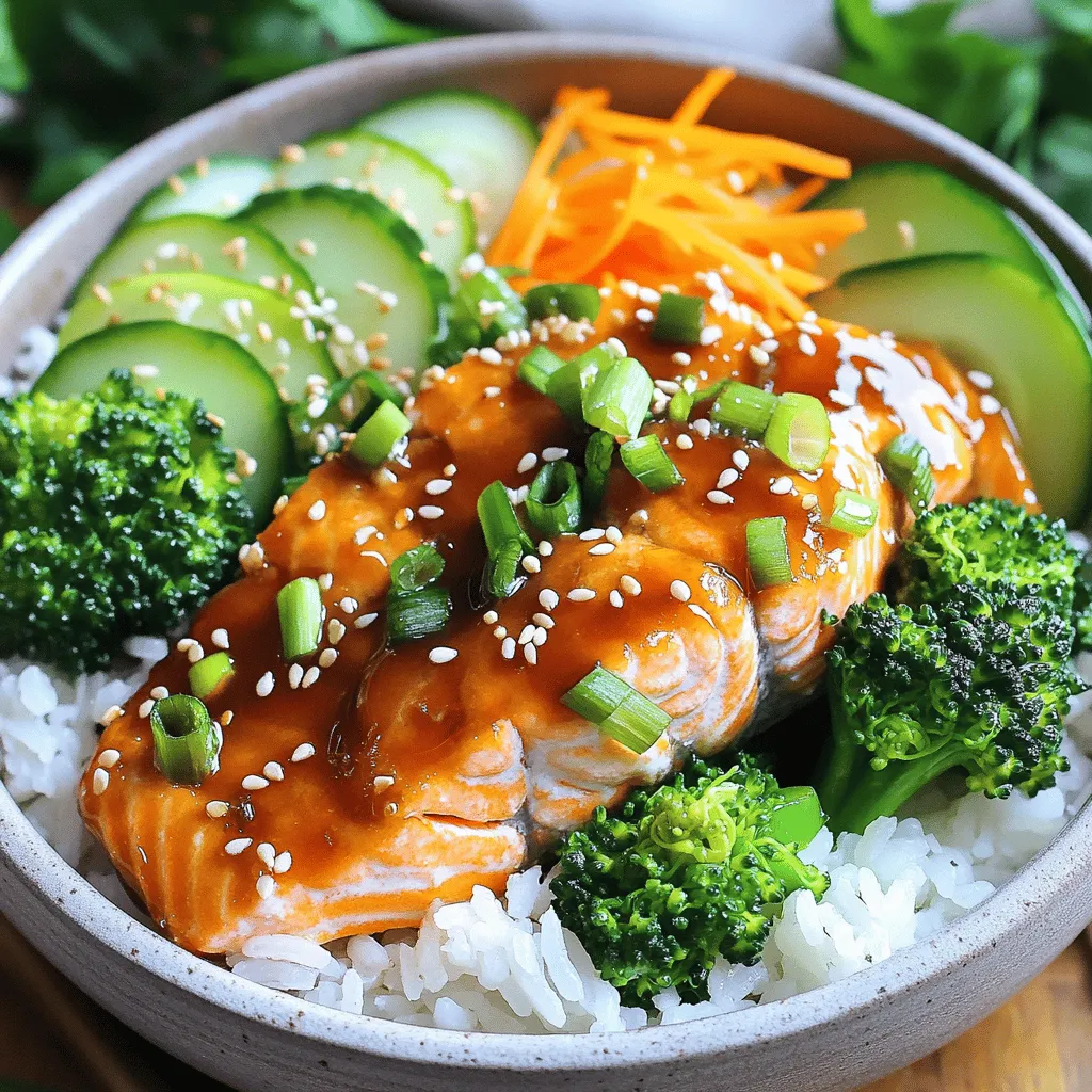 To make teriyaki salmon bowls, you need just a few key ingredients. Here’s what you’ll need: - 2 salmon fillets - ¼ cup soy sauce - 2 tablespoons honey - 1 tablespoon rice vinegar - 1 teaspoon sesame oil - 1 tablespoon cornstarch mixed with 1 tablespoon water - 1 cup jasmine rice, cooked - 1 cup steamed broccoli - 1 carrot, shredded - ½ cucumber, thinly sliced - 2 green onions, chopped - Sesame seeds for garnish Each ingredient plays a role in building flavor. The salmon is rich and flaky. The soy sauce gives it a salty, umami taste. Honey adds sweetness, while rice vinegar brings a slight tang. Sesame oil gives a nutty depth. Fresh vegetables make your bowl bright and tasty. Steamed broccoli adds color and crunch. Shredded carrots bring a nice sweetness. Sliced cucumber adds a cool touch. Each bite should feel fresh and vibrant. You can also add other veggies you like, such as bell peppers or snap peas. Garnishes can elevate your bowl. Chopped green onions add a fresh, sharp flavor. A sprinkle of sesame seeds brings a nice crunch. You can even add a drizzle of extra teriyaki sauce for more flavor. These small touches make your dish look and taste gourmet. For the full recipe, check here: [Full Recipe]. To start, grab a small bowl. You will need to mix a few simple ingredients. Combine ¼ cup of soy sauce, 2 tablespoons of honey, 1 tablespoon of rice vinegar, and 1 teaspoon of sesame oil. Now add the cornstarch mixed with 1 tablespoon of water. Whisk these together until smooth. This sauce is the star of your dish. It adds that sweet and savory punch we all love. Next, heat a skillet over medium heat. Place the salmon fillets skin-side down in the skillet. Cook them for about 3-4 minutes. You want the skin to get crispy. After that, flip the fillets carefully. Pour your prepared teriyaki sauce over the salmon. Cook for another 3-4 minutes. Baste the fish with the sauce to keep it moist. The salmon is done when it flakes easily with a fork. Now it's time to put it all together. Start with cooked jasmine rice as your base. Place a serving in each bowl. Next, add steamed broccoli, shredded carrots, and sliced cucumber on top of the rice. Finally, place the teriyaki salmon fillet right in the center. Drizzle some extra teriyaki sauce from the skillet over the salmon for added flavor. Finish off with chopped green onions and a sprinkle of sesame seeds. Your teriyaki salmon bowls are now ready to enjoy! For the complete recipe, refer to the Full Recipe section. Marinades boost the taste of your salmon. A simple mix of soy sauce, honey, and rice vinegar works wonders. Let your salmon soak in this mix for at least 30 minutes. If you’re short on time, even 15 minutes is good. The flavors will soak into the fish, making it rich and tasty. To get that perfect flaky texture, cook your salmon skin-side down first. This keeps the fish moist. Use medium heat and let it cook for 3 to 4 minutes. Flip it gently to avoid breaking it. The salmon should be bright pink inside when done. It should flake easily with a fork. Use cooked jasmine rice to save time. You can also steam broccoli in the microwave. Just a few minutes will keep it bright and crisp. Chop your veggies while the salmon cooks. This way, you’ll have a full meal ready in under 20 minutes. For the full recipe, check out the complete details. {{image_2}} You can easily swap ingredients to fit your diet. If you are gluten-free, use tamari instead of soy sauce. For a lower-carb option, swap jasmine rice for cauliflower rice. For vegans, replace salmon with grilled tofu or tempeh. These changes keep the dish tasty while meeting your needs. Feel free to mix in other vegetables. Snap peas, bell peppers, or bok choy all work well. You can also use sautéed spinach or roasted sweet potatoes for a sweet touch. Adding a rainbow of colors makes your bowl more appealing and adds nutrients. You can try different sauces for new flavors. A spicy sriracha or sweet chili sauce can add a kick. For a tangy twist, use ponzu sauce. Experimenting with sauces makes each bowl unique and fun to eat. Check out the Full Recipe for more ideas! To keep your teriyaki salmon bowls fresh, store them in airtight containers. This will help lock in flavor and moisture. Let the bowls cool down before sealing them. You can keep leftovers in the fridge for up to three days. If you want to save them longer, consider freezing. Reheating is easy and quick. You can use the microwave or a skillet. If using the microwave, place the bowl in for about 1-2 minutes. Stir halfway through to heat evenly. If using a skillet, put the bowl on low heat. Add a splash of water to steam the veggies while warming the salmon. If you plan to freeze your bowls, separate the salmon from the rice and veggies. This keeps everything fresh and tasty. Place the salmon in one container and the rice and veggies in another. Make sure to label them with dates. You can freeze them for up to three months. When ready to eat, thaw them overnight in the fridge before reheating. For the full recipe, check out the details above. Yes, you can use frozen salmon. Just make sure to thaw it first. Place the salmon in the fridge overnight for the best results. If you are short on time, you can also use cold water. Submerge the sealed salmon in water for about an hour. This method helps keep the fish fresh and safe. Many side dishes work well with teriyaki salmon bowls. Here are some ideas: - Steamed edamame - Miso soup - Pickled vegetables - Seaweed salad - Roasted sweet potatoes These sides add more flavor and texture to your meal. To find the best teriyaki salmon bowls, check local food blogs or review sites. Look for restaurants with high ratings and great reviews. You can also ask friends for their recommendations. Many places offer takeout options, making it easy to enjoy this dish from home. If you're feeling adventurous, try making it yourself using the Full Recipe! This article covered everything you need for teriyaki salmon bowls. We discussed key ingredients, fun additions, and garnishes. I shared easy steps for making your dish perfect. Tips helped enhance flavors and save time. You can swap ingredients for diet needs, add extra veggies, or try new sauces. Finally, I explained how to store and reheat your bowls. Enjoy making this dish, and feel free to experiment for your best version!