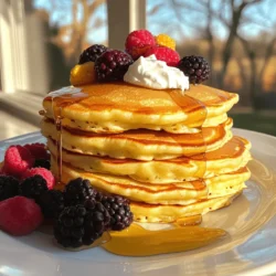 To make these tasty pancakes, you need the following ingredients: - 1 cup whole wheat flour - 1 tablespoon baking powder - 1 tablespoon vanilla extract - 1/2 teaspoon salt - 1 tablespoon honey or maple syrup - 1 cup Greek yogurt (plain) - 1/2 cup milk (dairy or non-dairy) - 2 large eggs - 1 tablespoon coconut oil (melted, plus extra for cooking) Each ingredient plays a key role in making these pancakes fluffy and delicious. - Whole wheat flour: This flour adds fiber and nutrients. It helps keep you full longer. - Baking powder: This helps the pancakes rise, making them light and airy. - Vanilla extract: This gives a warm, sweet flavor, enhancing the taste. - Salt: Just a pinch boosts the flavors of the other ingredients. - Honey or maple syrup: These natural sweeteners add flavor and some vitamins. - Greek yogurt: Packed with protein, it makes the pancakes creamy and rich. - Milk: It helps to thin the batter for the perfect texture. - Eggs: They bind the ingredients together and add protein. - Coconut oil: This adds healthy fat and a nice flavor. You can adjust some ingredients for different needs: - Flour: Use almond flour or gluten-free flour for a gluten-free option. - Milk: Any plant-based milk works well, like almond or oat milk. - Greek yogurt: If you need dairy-free, try a plant-based yogurt. - Sweetener: You can use agave syrup or stevia instead of honey. - Coconut oil: Use butter or olive oil if you prefer. These substitutions still keep your pancakes tasty and healthy. Check out the Full Recipe for more details! Start by gathering your dry ingredients. You need whole wheat flour, baking powder, and salt. In a large bowl, whisk these ingredients together. This helps to mix them well and adds air. A good mix makes your pancakes fluffy. Make sure there are no lumps in the flour. Next, focus on your wet ingredients. In a separate bowl, mix Greek yogurt, milk, eggs, honey or maple syrup, and vanilla extract. Blend them until smooth and creamy. This step is important for a tasty pancake. The Greek yogurt adds protein and makes the pancakes rich. Now, it’s time to combine. Gradually pour the wet mix into the dry mix. Stir gently until just combined. A few lumps are okay; don’t overmix. Overmixing can make the pancakes tough. Finally, fold in melted coconut oil. This keeps your pancakes moist and adds flavor. For the full recipe, check out the detailed instructions above. To make your pancakes fluffy, use Greek yogurt. It adds moisture and protein. The yogurt helps create a light texture. Make sure your yogurt is plain and unsweetened. Mixing the wet and dry ingredients gently is key. Overmixing can lead to dense pancakes. You want to see some lumps in the batter. Use medium heat when cooking the pancakes. If the heat is too high, they may burn. A non-stick skillet works best. Lightly grease it with coconut oil before pouring the batter. Pour about 1/4 cup for each pancake. Wait until bubbles form on the surface before flipping them. This shows they are ready to turn. Cook until both sides are golden brown. Serve your pancakes stacked high for a lovely look. Drizzle with honey or maple syrup for sweetness. Top with fresh berries for color and flavor. A dollop of Greek yogurt adds creaminess. You can also sprinkle nuts for a crunchy bite. For more ideas, check the Full Recipe for options. {{image_2}} You can easily make these pancakes gluten-free. Just swap the whole wheat flour for a gluten-free blend. Look for a blend that has xanthan gum. This will help the pancakes hold together. The taste stays yummy, and you won’t miss the gluten. Want to add some zing? Try adding lemon zest or a pinch of cinnamon to the batter. Lemon zest gives a fresh kick. Cinnamon adds warmth and spice. Both make these pancakes more exciting. Use about one teaspoon of zest or half a teaspoon of cinnamon for great flavor. Mix-ins can take your pancakes to the next level. You can add chocolate chips, nuts, or even fresh fruit. Chocolate chips melt and create gooey bites. Nuts add crunch and healthy fats. Fresh berries give a burst of sweetness. You can add about a half cup of any mix-in. Just fold them into the batter before cooking. For the full recipe, check the [Full Recipe]. You can store leftover pancakes in an airtight container. Place parchment paper between each pancake to prevent sticking. Keep them in the fridge for up to three days. If you won't eat them soon, consider freezing them. To reheat your pancakes, use the microwave or stovetop. For the microwave, heat for 20-30 seconds. Check if they're warm enough. If using the stovetop, warm a non-stick skillet over low heat. Cook each side for one minute until heated through. This keeps them soft and delicious. To freeze pancakes, let them cool completely. Stack them with parchment paper between each one. Place the stack in a freezer bag and seal it tightly. They can last up to two months in the freezer. When ready to eat, thaw them in the fridge overnight before reheating. This makes meal prep easy and tasty. Yes, you can use non-fat Greek yogurt. Your pancakes may be less rich in flavor, but they will still be fluffy. Non-fat Greek yogurt also cuts down on calories. It still gives you protein and helps keep the pancakes moist. If you choose to use it, the pancakes will still taste great! To keep pancakes from sticking, use a non-stick skillet. Lightly grease it with coconut oil or butter before pouring in the batter. Make sure your pan is hot enough before you add the batter. A hot pan helps the pancakes cook better and keeps them from sticking. If they do stick, try using a spatula to gently loosen the edges. If your pancake batter is too thick, simply add a little milk. Start with a tablespoon at a time, mixing until you reach your desired consistency. The batter should be thick but still pour easily. Thin batter makes for lighter pancakes, while thick batter gives you a denser pancake. Adjust based on your personal taste! For the complete details, refer to the Full Recipe. In this post, we explored how to make healthy Greek yogurt pancakes. We talked about key ingredients and their benefits. I shared steps to prepare the batter and tips for perfect pancakes. You learned ways to customize your pancakes and how to store them. With these tips, you can make delicious pancakes fit for breakfast or a treat. Enjoy your cooking and happy flipping!
