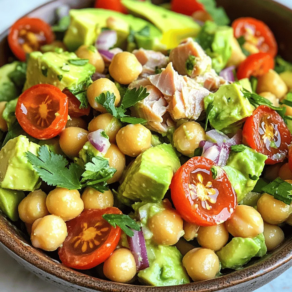 - 1 can of tuna in water, drained - 1 ripe avocado, diced - 1 cup canned chickpeas, rinsed and drained - 1/2 small red onion, finely chopped - 1/2 cup cherry tomatoes, halved - 1/4 cup fresh cilantro, chopped - 1 tablespoon lemon juice - 1 tablespoon olive oil - Salt and pepper to taste Gathering the right ingredients is key. For this salad, I start with my main ingredients. The tuna gives a nice protein boost. The avocado adds creaminess and healthy fats. Chickpeas bring texture and fiber. Next, I add in my extra ingredients. The red onion gives a crunchy, sharp bite. Cherry tomatoes add sweetness and color. Fresh cilantro offers a bright herb flavor. Each ingredient plays a role in the overall taste. For the dressing, I mix simple components. Lemon juice adds acidity. Olive oil brings richness. I always season with salt and pepper to balance flavors. You can find the full recipe above to guide you through making this dish. Each ingredient works together to create a fresh, tasty salad. - Combine tuna and chickpeas in a bowl. - Fold in diced avocado. - Add red onion, cherry tomatoes, and cilantro. First, grab a large mixing bowl. Open a can of tuna and drain it well. Add the tuna and chickpeas to the bowl. Use a fork to break the tuna into smaller pieces. This makes it easier to mix. Next, take a ripe avocado and dice it. Gently fold the avocado into the bowl. Be careful not to mash it. Now, chop half a small red onion and add it. Cut cherry tomatoes in half and toss them in too. Finally, chop some fresh cilantro and mix that in. This will add a nice flavor. - Whisk together lemon juice, olive oil, salt, and pepper. Now, let’s make the dressing. In a smaller bowl, pour in one tablespoon of lemon juice. Add one tablespoon of olive oil. Sprinkle in some salt and pepper to taste. Whisk these ingredients together until smooth. This simple dressing brightens the salad. - Drizzle dressing over the salad. - Gently fold to combine ingredients. - Adjust seasoning as needed for taste. Pour the dressing over the salad mixture. Use a spatula to gently fold the ingredients together. Make sure everything is coated evenly. Now, taste your salad. If it needs more salt or pepper, add it. This dish is quick and perfect for any meal. For the full recipe, check the recipe section above. - Choosing the right avocado for optimal flavor: Look for firm avocados that yield slightly when pressed. This means they are ripe and ready to use. Avoid any with dark spots or bruises. A good avocado adds creaminess to the salad. - Properly draining tuna and chickpeas: Make sure to drain the tuna and chickpeas well. Excess liquid can make the salad too soggy. Use a fine mesh strainer for chickpeas to get rid of all the liquid. - Folding ingredients to maintain texture: When combining ingredients, fold gently to keep the avocado and chickpeas whole. This keeps your salad looking fresh and appealing. - Best served chilled or at room temperature: This salad tastes best when chilled. It allows the flavors to mix well. Serve it right out of the fridge or let it sit for a bit at room temp. - Pairing ideas with bread or crackers: Enjoy this salad on whole-grain bread or crunchy crackers. It makes a great lunch or snack. You can also serve it alongside a fresh green salad for added crunch. - Nutritional advantages of chickpeas, tuna, and avocado: Chickpeas are packed with protein and fiber. They help keep you full longer. Tuna provides omega-3 fatty acids, which are great for heart health. Avocado is rich in healthy fats and vitamins. Together, they create a balanced and nutritious meal. {{image_2}} You can switch out the tuna for many tasty options. Grilled chicken works well and adds a nice texture. Tofu is a great choice for a vegan twist. You can also try different beans, like black beans or kidney beans. Each option brings its own flavor and nutrition to the salad. Changing the dressing can elevate your salad. Try different vinaigrettes, like balsamic or apple cider. You can also add spices or fresh herbs. A pinch of paprika or a bit of garlic powder can add a new layer of taste. Fresh parsley or dill can brighten the dish. Making the salad vegan is easy. Just remove the tuna and use tofu or extra chickpeas. For a gluten-free version, this salad already fits the bill. Always check your dressing and ingredients to ensure they are gluten-free. This salad is flexible and can fit many diets. To store your avocado chickpea tuna salad, place it in an airtight container. Make sure the lid is sealed tightly. This helps keep the salad fresh and tasty. You can store it in the refrigerator for up to three days. After that, the avocado may brown and the flavors might change. You can freeze this salad, but it’s not the best idea. Freezing can change the texture of the avocado and tuna. If you still want to freeze it, keep the chickpeas and tuna separate from the avocado. This way, you can mix them fresh later. Use freezer-safe containers or bags to prevent freezer burn. When you want to eat your leftovers, you don’t need to heat them up. This salad tastes great cold or at room temperature. If you do want to warm it, use a microwave on low heat for a short time. Be careful not to overheat it, as the avocado can turn mushy. Enjoy your tasty and healthy dish! For the full recipe, check the earlier section. You can add grains and extra proteins. Quinoa or brown rice work well. They boost fiber and keep you full longer. You could also mix in some diced chicken or hard-boiled eggs for protein. These options make the salad heartier. Adding nuts or seeds like sunflower seeds adds a nice crunch. Yes, you can make this salad ahead of time. Mix the salad ingredients but keep the dressing separate. This helps prevent sogginess. Store the salad in an airtight container in the fridge. It stays fresh for up to three days. Before serving, add the dressing and mix well. Pair this salad with whole-grain bread or pita chips. They complement the flavors and add texture. A light soup, like tomato or vegetable, goes well too. You can also serve it with a side of fresh fruit for a sweet touch. These sides make your meal balanced and fun. For the complete recipe, check out the Full Recipe section! In this blog post, you learned how to make a tasty avocado chickpea tuna salad. We covered the key ingredients like tuna, chickpeas, and avocado, along with tips for preparation and storage. This salad packs nutrients and flavor, making it a smart meal choice. Experiment with different ingredients and dressings for variety. Enjoy this easy, nutritious dish at any meal. With simple swaps, you can cater to different diets, ensuring everyone can enjoy it. Remember, the best meals are both delicious and healthy!