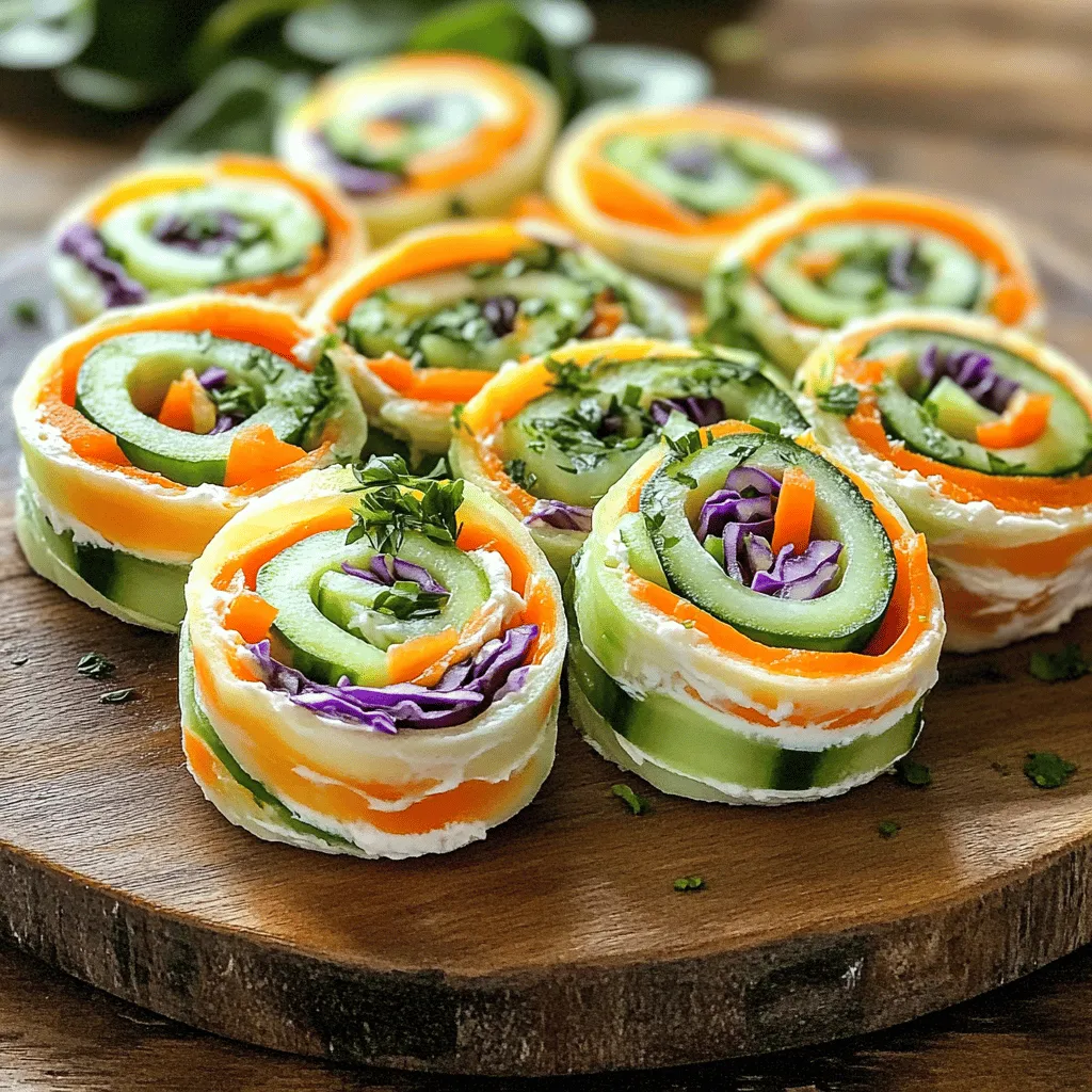 To make Rainbow Veggie Pinwheels, you need a few key ingredients: - 4 large whole wheat tortillas - 1 cup cream cheese, softened - 1/2 teaspoon garlic powder - 1/2 teaspoon onion powder - 1 carrot, julienned - 1 small cucumber, julienned - 1 bell pepper (red or yellow), thinly sliced - 1 cup baby spinach leaves - 1/2 cup purple cabbage, finely shredded - Salt and pepper, to taste - 1 tablespoon chopped fresh herbs (cilantro or parsley) These ingredients create a fun and tasty dish. The whole wheat tortillas provide a healthy base. Cream cheese adds a rich and creamy texture. The garlic and onion powders give a nice kick. Using a mix of colorful vegetables makes the dish appealing. Carrots bring sweetness, cucumbers add crunch, and bell peppers offer a slight tang. Baby spinach boosts the nutrition and provides a vibrant green. Purple cabbage adds a lovely color and extra crunch. Each pinwheel is not just colorful but also packed with nutrients. They are low in calories and high in vitamins. Using fresh veggies gives you fiber, which is great for digestion. - Whole wheat tortillas are a good source of whole grains. They help keep you full. - Cream cheese is rich in calcium but should be used in moderation. - Carrots are high in beta-carotene, good for eye health. - Cucumbers help with hydration since they have a high water content. - Bell peppers are loaded with vitamin C, which helps boost your immune system. - Spinach is rich in iron, great for energy. - Purple cabbage is rich in antioxidants, which help fight inflammation. Rainbow Veggie Pinwheels let you enjoy these benefits in a fun way. You can feel good knowing you are serving a nutrient-packed meal. For more detailed instructions on making these pinwheels, check out the Full Recipe. First, you need to mix the cream cheese with some seasonings. In a small bowl, combine 1 cup of softened cream cheese with 1/2 teaspoon garlic powder, 1/2 teaspoon onion powder, salt, and pepper. Use a fork or spatula to mix it well. You want a smooth and creamy spread. If it feels too thick, add a teaspoon of milk to loosen it. This cream cheese spread gives a tasty base for your veggies. Next, lay out your tortillas flat on a clean surface. Spread a generous layer of the cream cheese mixture on each tortilla. Leave a small border around the edges. Now it’s time to layer the veggies. Start with julienned carrots, followed by cucumber, bell pepper, baby spinach, and shredded purple cabbage. Try to spread the veggies evenly across the tortilla. To roll it up, start at one edge and gently but firmly roll it away from you. Tuck in the sides as you go. This helps keep the filling inside. A tight roll makes for better pinwheels. Once your tortillas are rolled up, grab a sharp knife. Slice each roll into bite-sized pieces, about 1-2 inches thick. This way, each pinwheel shows off its colorful layers. For serving, arrange the pinwheels on a platter. You can add a sprinkle of fresh herbs on top for extra flair. Serve them right away or cover them with plastic wrap and chill for up to 2 hours. They taste great cold! For more details, check out the Full Recipe. To make the best rainbow veggie pinwheels, choose fresh vegetables and herbs. Look for bright colors and firm textures. For herbs, select ones that smell strong and fresh. This will enhance the flavor of your pinwheels. Store the pinwheels in the fridge before serving. Wrap them in plastic wrap to keep them fresh. You can also place them in an airtight container. This helps prevent them from drying out. Serve them within two hours for the best taste. Rolling and slicing pinwheels can be tricky. A common issue is not rolling tightly enough. If you roll loosely, the filling may spill out. To avoid this, tuck in the sides while rolling. Overstuffing is another mistake. If you add too many veggies, it can make rolling hard. Aim for a balanced amount of filling. This allows you to roll smoothly and slice easily. To boost flavor, try different spreads. Cream cheese is great, but you can also use hummus or avocado. These options add unique tastes and healthy fats. Seasonings can take your pinwheels to the next level. Consider adding smoked paprika or lemon zest. These small tweaks can make a big difference in taste. Don’t forget to adjust salt and pepper to your liking. {{image_2}} You can switch up vegetables in your pinwheels. Try using zucchini, radishes, or sweet potatoes. These options add fun colors and flavors. For cream cheese, consider using hummus or avocado spread. Both give a creamy texture while being lighter. You can even try Greek yogurt for a tangy twist. If you need vegan options, swap cream cheese for silken tofu or cashew cream. These alternatives still give that creamy feel. For gluten-free diets, use corn tortillas or gluten-free wraps. They work just as well and keep the flavor intact. If you're low-carb, try using lettuce leaves instead of tortillas. This keeps your meal light and fresh. Get creative for parties! Use seasonal veggies for a fun twist. For a summer BBQ, add grilled veggies like zucchini or corn. For Halloween, use black olives and orange bell peppers. You can match colors to your theme. Serve these colorful pinwheels on a platter for a festive look. They make a great snack for any occasion! To keep your Rainbow Veggie Pinwheels fresh, store them in the fridge. Wrap each pinwheel in plastic wrap or place them in an airtight container. This method helps prevent them from drying out. You can enjoy them for up to two days after making them. If you want them to stay vibrant, eat them sooner rather than later. Yes, you can freeze pinwheels! This is a great option for meal prep. To freeze, wrap each pinwheel in plastic wrap and then place them in a freezer bag. Make sure to remove as much air as possible. When you want to eat them, thaw the pinwheels in the fridge overnight. After thawing, enjoy them cold or let them sit at room temperature before serving. To cut pinwheels without squishing them, use a sharp knife. A serrated knife works best. Start by slicing gently through the pinwheel. Avoid pressing down hard. This keeps the filling intact and the shape nice. Yes, you can make rainbow veggie pinwheels in advance. Prepare them up to two hours ahead. Wrap them in plastic wrap to keep them fresh. This also helps the flavors blend well. Rainbow veggie pinwheels pair well with many sides. You might try carrot sticks or cucumber slices. Hummus or ranch dip also make great choices. Fruit salad adds a refreshing touch too. You can find the full recipe listed above. It has detailed steps to guide you. Enjoy creating these colorful and tasty pinwheels! In this guide, we explored how to make rainbow veggie pinwheels. We covered essential ingredients like whole wheat tortillas and fresh veggies. You learned step-by-step instructions for mixing the cream cheese and rolling the pinwheels. I shared tips for storage and variations to suit different diets. These pinwheels are fun, healthy, and perfect for any occasion. With a bit of creativity, you can enjoy endless flavor combinations. Try making them today for a tasty snack that everyone will love.