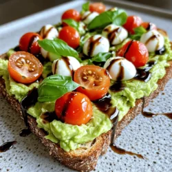 - 2 ripe avocados - 4 slices of whole-grain bread - 1 cup cherry tomatoes, halved - 1 cup fresh mozzarella balls, halved - 1/4 cup fresh basil leaves, roughly chopped - 2 tablespoons balsamic glaze - 1 tablespoon extra virgin olive oil - Salt and pepper to taste Each serving of Caprese Avocado Toast has about: - Calories: 300 - Fats: 20g - Carbohydrates: 30g - Proteins: 10g Choosing ripe avocados: Look for avocados that yield slightly when you press them. They should feel soft but not mushy. Fresh mozzarella versus packaged: Always pick fresh mozzarella in water over the packaged kind. It tastes better and has a creamier texture. Making Caprese Avocado Toast is simple and fun. You will toast bread, prepare creamy avocado, and layer fresh toppings. Each bite bursts with flavor and color. It takes about 20 minutes from start to finish. Start by toasting four slices of whole-grain bread. Use a toaster or a skillet for this. You want the bread to be golden brown and crispy. This adds a nice crunch to your toast. Once toasted, set the slices aside on a plate. Next, grab two ripe avocados. Cut them in half, remove the pit, and scoop the flesh into a bowl. Mash the avocado with a fork. Keep it a bit chunky for texture. Add salt, pepper, and a tablespoon of extra virgin olive oil. Mix well to blend the flavors. Now comes the fun part! Spread a generous layer of the mashed avocado on each slice of toasted bread. Next, add the toppings. Layer halved cherry tomatoes and fresh mozzarella balls over the avocado. Sprinkle chopped basil leaves on top for a fresh touch. Finish your gorgeous toast with a drizzle of balsamic glaze. This adds a sweet and tangy flavor. Serve the toast on a pretty plate. Enjoy it right away for the best taste. To make the best avocado mash, start with ripe avocados. You want them soft but not mushy. Cut them in half, remove the pit, and scoop the flesh into a bowl. Use a fork to mash them. Leave some chunks for a better texture. If you want it even creamier, you can add a splash of lemon juice. This helps keep the mash bright and fresh. Caprese avocado toast makes a great breakfast or snack. Pair it with a light salad for lunch. A fresh fruit side adds a nice touch, too. If you want a drink, try iced tea or sparkling water. These drinks complement the flavors well and keep it refreshing. To up the flavor of your toast, consider adding some spices. A pinch of garlic powder or crushed red pepper flakes can elevate the taste. Fresh herbs like oregano or parsley also add a nice touch. Don’t forget the balsamic glaze. It adds a sweet tang that ties everything together. Experiment with these ingredients to find your favorite flavor combinations. For the full recipe, visit the Caprese Avocado Toast section. {{image_2}} Adding grilled chicken or shrimp to your Caprese avocado toast adds great flavor and protein. Simply season your chicken or shrimp with salt, pepper, and olive oil, then grill until cooked. Slice the protein and layer it on top of your assembled toast. This simple addition makes your meal heartier and more filling. For a vegan twist, try using dairy-free cheese alternatives. Options like cashew cheese or almond-based mozzarella can provide that creamy texture without dairy. Spread your avocado mash on the toast, add the dairy-free cheese, and top with tomatoes and basil. You can still enjoy that Caprese flavor while keeping it plant-based. You can switch up the fruits and vegetables based on what is fresh and in season. In the summer, try adding slices of ripe peaches or nectarines for a sweet touch. In the fall, roasted butternut squash or pumpkin seeds can add warmth and depth. This keeps your Caprese avocado toast exciting all year round. Explore these variations to keep your meals fresh and delightful. For a complete guide on making Caprese avocado toast, check the Full Recipe. To store your Caprese avocado toast, place any leftovers in an airtight container. Make sure to cover the toast well to keep it fresh. It’s best to avoid stacking the slices, as they may get soggy. If you have leftover toppings, like mozzarella or tomatoes, store them separately. This way, they will stay fresh longer. When reheating your toast, use a toaster or an oven. This helps keep the bread crisp. Avoid the microwave, as it can make the bread chewy. If you use an oven, set it to a low temperature. Heat the toast just until warm, about 5 to 10 minutes. You can add fresh toppings after warming for the best taste. Fresh ingredients are key for this dish. The avocados will last about 1 to 2 days after cutting. Keep them in the fridge and cover them with plastic wrap. Cherry tomatoes should stay fresh for a week in the fridge. Store mozzarella in its liquid until you need it. Once opened, use it within 3 to 5 days. For the best flavor, consume your Caprese avocado toast within 1 day of making it. For the full recipe, check the link. I recommend using whole-grain bread for this dish. It adds fiber and nutrients. Other good options include sourdough or ciabatta. Both have a nice crust and sturdy texture. They hold up well under the toppings. You want something that won’t get soggy, so choose wisely. Yes, you can prepare some parts in advance. You can mash the avocado and store it in the fridge. Just add a bit of lemon juice to avoid browning. Toast the bread right before serving. This keeps it crispy and fresh. You can also chop the toppings ahead of time. Keep them in separate containers until you are ready to eat. This dish is packed with good nutrients. Avocados provide healthy fats and fiber. Tomatoes add vitamins and antioxidants. Mozzarella gives you protein and calcium. Whole-grain bread is full of fiber, too. Together, they make a balanced meal. Enjoy this toast for breakfast, lunch, or a snack. It’s a tasty way to eat healthy! This blog post covered how to make Caprese Avocado Toast with fresh, tasty ingredients. We discussed selecting ripe avocados, toasting bread, and layering flavors. The tips shared help you get the mash texture perfect and suggest great pairings. Explore different protein options or seasonal veggies for a twist. Remember to store leftovers right and check their freshness. Enjoy experimenting with this dish as you create your own version, and make it a staple in your kitchen.