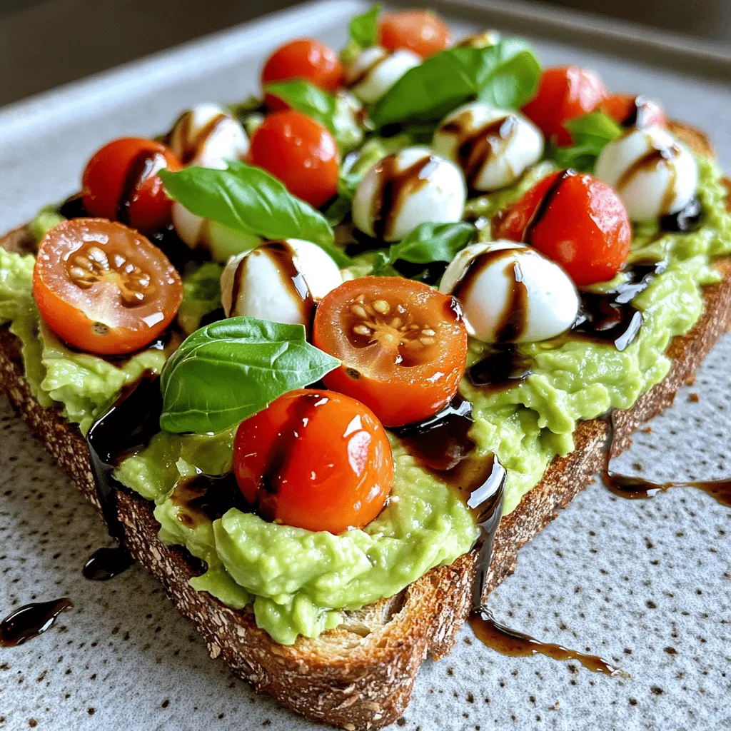 - 2 ripe avocados - 4 slices of whole-grain bread - 1 cup cherry tomatoes, halved - 1 cup fresh mozzarella balls, halved - 1/4 cup fresh basil leaves, roughly chopped - 2 tablespoons balsamic glaze - 1 tablespoon extra virgin olive oil - Salt and pepper to taste Each serving of Caprese Avocado Toast has about: - Calories: 300 - Fats: 20g - Carbohydrates: 30g - Proteins: 10g Choosing ripe avocados: Look for avocados that yield slightly when you press them. They should feel soft but not mushy. Fresh mozzarella versus packaged: Always pick fresh mozzarella in water over the packaged kind. It tastes better and has a creamier texture. Making Caprese Avocado Toast is simple and fun. You will toast bread, prepare creamy avocado, and layer fresh toppings. Each bite bursts with flavor and color. It takes about 20 minutes from start to finish. Start by toasting four slices of whole-grain bread. Use a toaster or a skillet for this. You want the bread to be golden brown and crispy. This adds a nice crunch to your toast. Once toasted, set the slices aside on a plate. Next, grab two ripe avocados. Cut them in half, remove the pit, and scoop the flesh into a bowl. Mash the avocado with a fork. Keep it a bit chunky for texture. Add salt, pepper, and a tablespoon of extra virgin olive oil. Mix well to blend the flavors. Now comes the fun part! Spread a generous layer of the mashed avocado on each slice of toasted bread. Next, add the toppings. Layer halved cherry tomatoes and fresh mozzarella balls over the avocado. Sprinkle chopped basil leaves on top for a fresh touch. Finish your gorgeous toast with a drizzle of balsamic glaze. This adds a sweet and tangy flavor. Serve the toast on a pretty plate. Enjoy it right away for the best taste. To make the best avocado mash, start with ripe avocados. You want them soft but not mushy. Cut them in half, remove the pit, and scoop the flesh into a bowl. Use a fork to mash them. Leave some chunks for a better texture. If you want it even creamier, you can add a splash of lemon juice. This helps keep the mash bright and fresh. Caprese avocado toast makes a great breakfast or snack. Pair it with a light salad for lunch. A fresh fruit side adds a nice touch, too. If you want a drink, try iced tea or sparkling water. These drinks complement the flavors well and keep it refreshing. To up the flavor of your toast, consider adding some spices. A pinch of garlic powder or crushed red pepper flakes can elevate the taste. Fresh herbs like oregano or parsley also add a nice touch. Don’t forget the balsamic glaze. It adds a sweet tang that ties everything together. Experiment with these ingredients to find your favorite flavor combinations. For the full recipe, visit the Caprese Avocado Toast section. {{image_2}} Adding grilled chicken or shrimp to your Caprese avocado toast adds great flavor and protein. Simply season your chicken or shrimp with salt, pepper, and olive oil, then grill until cooked. Slice the protein and layer it on top of your assembled toast. This simple addition makes your meal heartier and more filling. For a vegan twist, try using dairy-free cheese alternatives. Options like cashew cheese or almond-based mozzarella can provide that creamy texture without dairy. Spread your avocado mash on the toast, add the dairy-free cheese, and top with tomatoes and basil. You can still enjoy that Caprese flavor while keeping it plant-based. You can switch up the fruits and vegetables based on what is fresh and in season. In the summer, try adding slices of ripe peaches or nectarines for a sweet touch. In the fall, roasted butternut squash or pumpkin seeds can add warmth and depth. This keeps your Caprese avocado toast exciting all year round. Explore these variations to keep your meals fresh and delightful. For a complete guide on making Caprese avocado toast, check the Full Recipe. To store your Caprese avocado toast, place any leftovers in an airtight container. Make sure to cover the toast well to keep it fresh. It’s best to avoid stacking the slices, as they may get soggy. If you have leftover toppings, like mozzarella or tomatoes, store them separately. This way, they will stay fresh longer. When reheating your toast, use a toaster or an oven. This helps keep the bread crisp. Avoid the microwave, as it can make the bread chewy. If you use an oven, set it to a low temperature. Heat the toast just until warm, about 5 to 10 minutes. You can add fresh toppings after warming for the best taste. Fresh ingredients are key for this dish. The avocados will last about 1 to 2 days after cutting. Keep them in the fridge and cover them with plastic wrap. Cherry tomatoes should stay fresh for a week in the fridge. Store mozzarella in its liquid until you need it. Once opened, use it within 3 to 5 days. For the best flavor, consume your Caprese avocado toast within 1 day of making it. For the full recipe, check the link. I recommend using whole-grain bread for this dish. It adds fiber and nutrients. Other good options include sourdough or ciabatta. Both have a nice crust and sturdy texture. They hold up well under the toppings. You want something that won’t get soggy, so choose wisely. Yes, you can prepare some parts in advance. You can mash the avocado and store it in the fridge. Just add a bit of lemon juice to avoid browning. Toast the bread right before serving. This keeps it crispy and fresh. You can also chop the toppings ahead of time. Keep them in separate containers until you are ready to eat. This dish is packed with good nutrients. Avocados provide healthy fats and fiber. Tomatoes add vitamins and antioxidants. Mozzarella gives you protein and calcium. Whole-grain bread is full of fiber, too. Together, they make a balanced meal. Enjoy this toast for breakfast, lunch, or a snack. It’s a tasty way to eat healthy! This blog post covered how to make Caprese Avocado Toast with fresh, tasty ingredients. We discussed selecting ripe avocados, toasting bread, and layering flavors. The tips shared help you get the mash texture perfect and suggest great pairings. Explore different protein options or seasonal veggies for a twist. Remember to store leftovers right and check their freshness. Enjoy experimenting with this dish as you create your own version, and make it a staple in your kitchen.