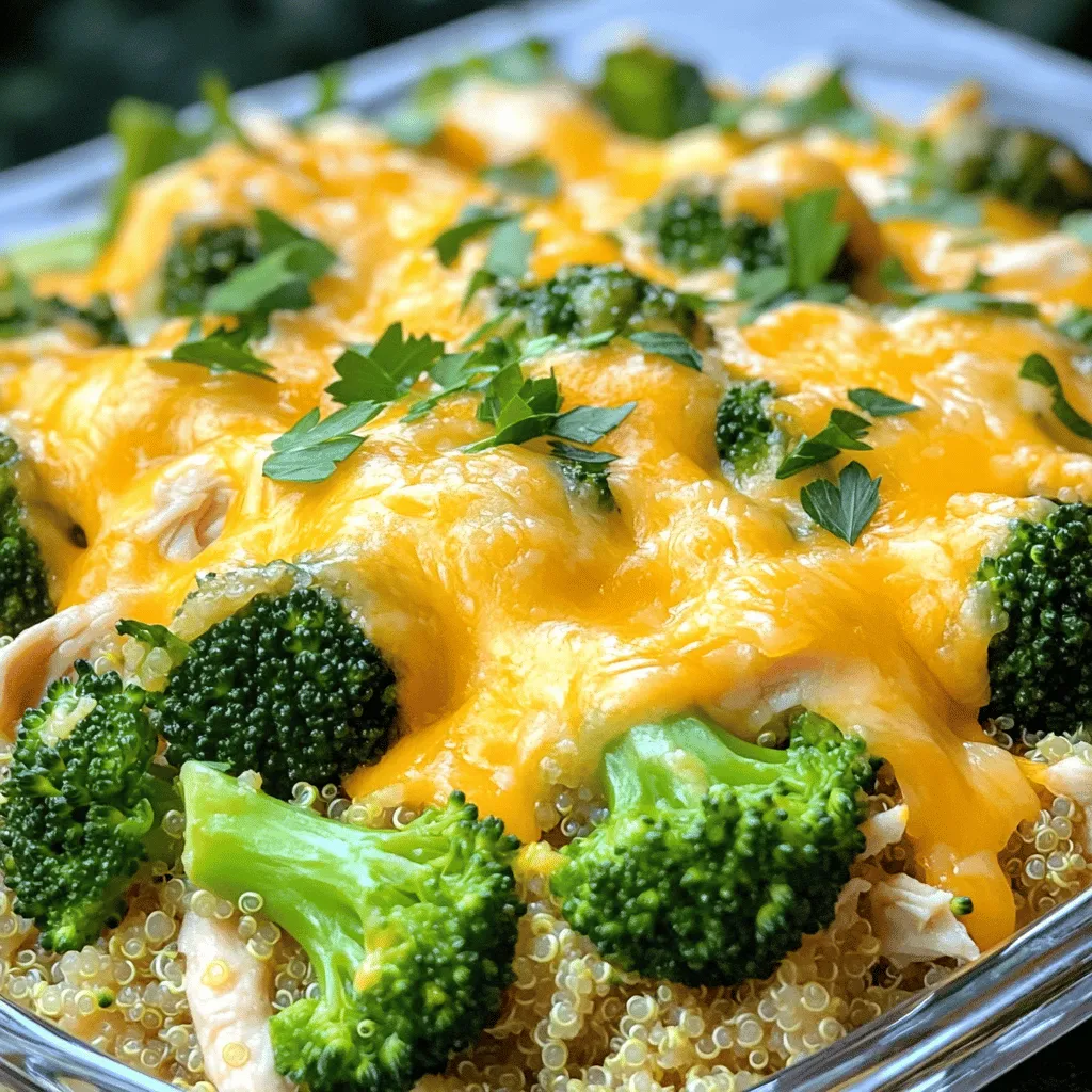 - 2 cups cooked chicken, shredded - 2 cups broccoli florets (steamed) - 1 cup cooked quinoa (or rice) - 1 cup shredded cheddar cheese - 1/2 cup cream cheese, softened - 1/2 cup chicken broth - 1 teaspoon garlic powder - 1 teaspoon onion powder - 1/2 teaspoon paprika - Salt and pepper to taste - 1/4 cup breadcrumbs (optional, for topping) - Fresh parsley, chopped (for garnish) This dish is simple yet packed with flavor. You get juicy chicken, tender broccoli, and creamy cheese. The quinoa or rice adds a nice texture. I love using steamed broccoli for that bright green color and fresh taste. The cream cheese makes everything rich and smooth. For seasoning, garlic and onion powders give depth, while paprika adds a slight kick. Feel free to adjust salt and pepper to your liking. The breadcrumbs on top? They add crunch and a lovely golden finish. I recommend using high-quality ingredients. Fresh parsley makes a beautiful garnish and brightens the dish. You can find the full recipe above to explore more about this easy chicken and broccoli bake. First, preheat your oven to 350°F (175°C). Grease a 9x13 inch baking dish with oil or cooking spray. Next, gather the main ingredients: - 2 cups cooked chicken, shredded - 2 cups broccoli florets (steamed) - 1 cup cooked quinoa (or rice) - 1 cup shredded cheddar cheese In a large mixing bowl, combine the shredded chicken, steamed broccoli, cooked quinoa, and half of the cheddar cheese. This mix brings flavor and texture together. In a separate bowl, mix the softened cream cheese with 1/2 cup of chicken broth. Stir until smooth. Add seasonings: - 1 teaspoon garlic powder - 1 teaspoon onion powder - 1/2 teaspoon paprika - Salt and pepper to taste Blend these ingredients well. This mixture adds creaminess and flavor to your bake. Pour the cream cheese mixture over the chicken and broccoli mix. Stir until everything is well coated. Transfer this mixture to the prepared baking dish and spread it evenly. Top it off with the remaining cheddar cheese. If you like a crispy topping, sprinkle breadcrumbs over it. Now it’s time to bake! Place the dish in the preheated oven. Bake for 25-30 minutes. Check for doneness. The cheese should be bubbly and golden brown. Once done, remove it from the oven. Let it cool slightly, and then garnish with chopped fresh parsley before serving. Enjoy this quick and tasty meal! To keep the chicken juicy, use cooked chicken. This ensures it stays moist. If you use raw chicken, cook it first. Don’t overbake. Check the chicken at 25 minutes. For the broccoli, steam it lightly. This keeps it bright and tender. Add the broccoli to the bake just before it finishes cooking. This helps it stay crunchy. To boost flavor, try adding spices. A dash of cayenne pepper gives a kick. You could also use Italian herbs like oregano or thyme. They add a nice touch. Pair this dish with a fresh salad or crusty bread. A light garlic bread works great too. You can even serve it with rice for a filling meal. Meal prepping is easy with this recipe. You can make it a day ahead. Just prepare everything and store it in the fridge. Bake it the next day. For freezing, let it cool first. Wrap it tightly in plastic wrap. Put it in an airtight container. It will last for up to three months. When ready, bake it straight from the freezer. Just add extra baking time. For the full recipe, check the previous section. Enjoy your cooking! {{image_2}} You can change the protein to suit your taste. Turkey or tofu works great here. Both give a nice twist to the dish. If you want to add more veggies, try cauliflower or carrots. They add color and flavor, making the bake even better. You can mix and match to find what you love best. Cheese can change the flavor a lot. If you want something different, try mozzarella or gouda. These cheeses melt nicely and bring a rich taste. You can even blend them for a unique flavor. This lets you keep the dish exciting every time you make it. If you need it gluten-free, swap regular breadcrumbs for gluten-free ones. You can also use rice instead of quinoa if that works better. For a dairy-free option, try vegan cream cheese and a dairy-free cheese. These swaps keep the dish tasty while fitting your needs. You can enjoy Easy Chicken and Broccoli Bake without worry. For the full recipe, check out the section above. To store leftovers in the fridge, let the dish cool first. Place the chicken and broccoli bake in an airtight container. It will stay fresh for about 3 to 4 days. If you want to keep it safe, cover it tightly with plastic wrap before sealing. This helps to keep moisture in and prevents it from drying out. When you are ready to eat, just grab it from the fridge. For freezing Easy Chicken and Broccoli Bake, first let it cool completely. You can freeze it in an airtight container or use a freezer bag. If you use a freezer bag, try to remove as much air as possible. This will help prevent freezer burn. The dish can last for up to 3 months in the freezer. When you want to enjoy it again, just thaw it overnight in the fridge. To reheat, preheat your oven to 350°F (175°C). Place the leftovers in a baking dish. Cover it with foil to keep the moisture in. Heat for about 20 to 25 minutes or until it is hot throughout. If you want a crispy top, remove the foil for the last 5 minutes. You can also reheat individual portions in the microwave. Just warm it for 1 to 2 minutes, checking every 30 seconds to avoid overcooking. No, using raw chicken is not safe. Raw chicken takes longer to cook. It can lead to undercooked meat, which is unsafe to eat. Always use cooked chicken for this recipe. You can shred leftover rotisserie chicken or boil chicken breasts in advance. This saves time and ensures safety. You can use Greek yogurt for a healthy twist. It adds creaminess without much fat. Another option is silken tofu, which is dairy-free. It blends well and keeps the bake moist. You can also try cashew cream, which is rich and creamy. This makes the dish lighter and keeps it tasty. You can store the bake in the fridge for up to four days. Make sure to keep it in an airtight container. This helps it stay fresh and tasty. Always check for any off smells or signs of spoilage before eating. If it smells good, it’s good to go! Yes! You can assemble the bake a day in advance. Just layer everything in the dish, cover it, and chill it. When ready, bake it straight from the fridge. It may need a few extra minutes to cook through. This makes meal prepping easy and stress-free. Yes! You can make it vegetarian by using chickpeas or lentils. For a high-protein option, add extra chicken or beans. If you want low-carb, swap quinoa for cauliflower rice. This keeps the dish light but filling. You can adjust it to fit your diet needs easily. This recipe serves about six people. Each serving is a generous portion. You can adjust the amount based on your needs. If you have more guests, just double the recipe. The bake is filling and satisfying, making it a great meal for gatherings. This Easy Chicken and Broccoli Bake combines simple, healthy ingredients to create a tasty dish. You start with cooked chicken, steamed broccoli, quinoa, and cheese. Then, mix in the creamy cheese blend and spices. Don’t forget the tips to keep your chicken juicy and make it your own with different veggies or proteins. In the end, this dish fits many diets and is great for meal prep. Enjoy making this! Your family will love it!