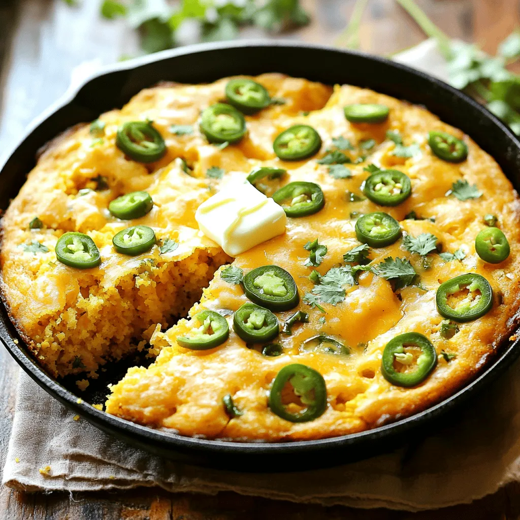 To make Cheesy Jalapeno Cornbread, you need simple ingredients. This recipe is easy to follow. It takes about 35 minutes from start to finish. You will enjoy the mix of sweet and spicy flavors. Here are the basic ingredients you need: - 1 cup cornmeal - 1 cup all-purpose flour - 1 tablespoon baking powder - 1/2 teaspoon salt - 1 cup buttermilk - 2 large eggs - 1/4 cup olive oil - 1 cup shredded sharp cheddar cheese - 1/2 cup diced jalapenos (fresh or pickled) - 1/4 cup honey or maple syrup (for sweetness) - 1/2 teaspoon garlic powder (optional) These items give the cornbread its flavor and texture. The cornmeal and flour form the base. The buttermilk makes it moist and soft. Eggs help bind the mix together. You can add more fun flavors if you like. Consider these options: - Chopped green onions for a fresh touch. - Crumbled bacon for a savory kick. - Extra cheese for a gooey texture. - Spices like cumin or smoked paprika for warmth. Feel free to get creative! Each choice makes the cornbread unique. Enjoy this recipe and make it your own. To find the full recipe, check above. Start by gathering all your ingredients. You will need cornmeal, flour, baking powder, salt, buttermilk, eggs, and olive oil. Also, grab your sharp cheddar cheese and jalapenos. If you want a touch of sweetness, have honey or maple syrup ready. In a large bowl, mix the cornmeal, flour, baking powder, and salt. If you love garlic, add garlic powder too. Stir these dry ingredients well. This mix sets the base for your cornbread. In another bowl, whisk together the buttermilk, eggs, and olive oil. Make sure everything is well combined. This mix adds moisture and richness. Then, stir in honey or maple syrup. This adds a nice sweet twist to your cornbread. Now, slowly combine the wet mixture with the dry ingredients. Stir gently until just mixed. A few lumps are fine; don't overmix. Next, fold in the shredded cheddar cheese and diced jalapenos. Keep some cheese and jalapenos aside for later use. Pour the batter into a greased baking pan or cast iron skillet. Spread it evenly. Sprinkle the reserved cheese and jalapenos on top. Bake in the oven at 400°F for 20-25 minutes. Check for doneness with a toothpick. Enjoy the warm, cheesy goodness right from the oven! For the full recipe, refer to the earlier section. To get the best texture, use fresh ingredients. Fresh cornmeal and flour lead to great results. Combine your dry and wet ingredients just enough. Mixing too much makes the cornbread tough. Aim for a batter that is slightly lumpy. This keeps it light and fluffy. If you want extra moisture, add a bit more buttermilk. Mixing well is key for a nice rise. First, blend your dry ingredients in one bowl. In another bowl, mix the wet ingredients. When you pour the wet mix into the dry, do it slowly. Stir gently until you see no dry flour. Don't worry about lumps; they are fine. After that, fold in your cheese and jalapenos. This ensures they spread evenly throughout. For an even tastier cornbread, think about adding spices. A pinch of cumin or smoked paprika can add depth. You can also try different cheeses like pepper jack for more heat. If you want a hint of sweetness, use more honey or maple syrup. Fresh herbs like cilantro or chives add a nice touch too. For a full flavor experience, try my Full Recipe for Cheesy Jalapeno Cornbread. {{image_2}} You can make this cornbread gluten-free with just a few swaps. Use gluten-free flour instead of all-purpose flour. I like to use a blend that includes brown rice flour or almond flour. Keep the cornmeal, baking powder, and other ingredients the same. This way, you still enjoy the cheesy and spicy flavor. To make a vegan version, replace the eggs with flaxseed meal. Mix one tablespoon of flaxseed meal with three tablespoons of water. Let it sit for a few minutes until it thickens. Substitute buttermilk with plant-based milk and add a splash of vinegar. Use vegan cheese for that cheesy goodness. The result is still tasty and satisfying. You can change up the cheese for new flavors. Try pepper jack cheese for extra spice. Or, use a mild cheese like mozzarella for a creamy texture. You can even mix different cheeses for a gourmet touch. Just remember to keep the same amount as in the Full Recipe. This way, you will get a rich, cheesy cornbread every time. To keep your Cheesy Jalapeno Cornbread fresh, place it in an airtight container. You can store it at room temperature for up to two days. For longer storage, refrigerate it. It will stay good for about a week. Make sure it is completely cool before sealing it. This helps prevent moisture from making it soggy. When you're ready to enjoy leftovers, there are a few easy ways to reheat the cornbread. You can use the microwave for quick heating. Place a slice on a plate and cover it with a damp paper towel. Heat for about 20-30 seconds. If you prefer a crispy crust, use the oven. Preheat it to 350°F (175°C). Wrap the cornbread in foil, then heat for about 10-15 minutes. You can freeze Cheesy Jalapeno Cornbread to enjoy later. First, let it cool completely. Then, wrap it tightly in plastic wrap or aluminum foil. Place it in a freezer-safe bag or container. It can last in the freezer for up to three months. When you're ready to eat it, thaw it in the fridge overnight. Reheat it as described above for the best taste. You’ll love having this tasty treat ready whenever you want! Yes, you can use frozen jalapenos. They work well in this recipe. Just thaw them before using. Drain any excess water to keep the cornbread from getting soggy. Fresh jalapenos have a crisp bite, while frozen ones are softer. Both will add great flavor. You can serve this cornbread with many dishes. It pairs well with chili, soup, or grilled meats. It also complements salads nicely. For a fun twist, try it with barbecue. A little butter on top adds a nice touch. You can tell if the cornbread is done by checking its color. It should be golden brown on top. Insert a toothpick in the center; it should come out clean. If it comes out wet, bake it a little longer. Let it rest for a few minutes before slicing. This blog post covered how to make Cheesy Jalapeno Cornbread. We explored essential ingredients, optional add-ins, and step-by-step instructions. I shared tips for texture and flavor, plus variations for gluten-free and vegan diets. We also discussed how to store leftovers and answered common questions. Cooking can be fun and rewarding. Enjoy your cornbread with friends and family!