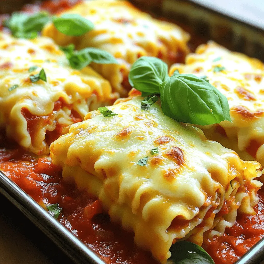 To make Easy Lasagna Roll Ups, you will need a few key ingredients. Here’s a simple list to guide you: - 8 lasagna noodles - 1 cup ricotta cheese - 1 cup shredded mozzarella cheese - 1/2 cup grated Parmesan cheese - 1 egg - 2 cups marinara sauce - 1/2 teaspoon garlic powder - 1/2 teaspoon Italian seasoning - Salt and pepper to taste - Fresh basil leaves for garnish (optional) These ingredients make your roll-ups creamy, cheesy, and full of flavor. The lasagna noodles serve as the perfect wrap for the delicious filling. Ricotta cheese adds a rich texture, while mozzarella and Parmesan bring that gooey, melty goodness we all love. The egg helps bind everything together, making each bite a delight. You can find the full recipe below, which includes the step-by-step instructions for putting it all together. Enjoy cooking! - Preheat your oven to 375°F (190°C). - Cook lasagna noodles until al dente. - Lay noodles flat to cool. First, you need to heat your oven. Set it to 375°F (190°C) so it’s ready when you finish prepping. While the oven warms up, cook the lasagna noodles. Follow the package instructions. Make sure they are al dente, which means they should be firm but not hard. After cooking, drain the noodles and place them flat on a clean kitchen towel. This helps them cool down and keeps them from sticking. - Combine cheeses, egg, and seasonings in a bowl. - Spoon mixture onto noodles and roll up. Next, it’s time to make the filling. In a medium bowl, mix together ricotta cheese, half a cup of mozzarella cheese, grated Parmesan cheese, and one egg. Add garlic powder, Italian seasoning, salt, and pepper for extra flavor. Stir everything until it blends well. Now, take one noodle. Spoon about 2-3 tablespoons of the cheese mixture on top. Roll the noodle gently from one end to the other. Place the roll seam-side down in the baking dish. Repeat this step for the rest of the noodles and filling. - Spread marinara sauce in baking dish. - Place noodles seam-side down and cover with sauce. - Bake covered, then uncovered for a golden finish. Now, grab your baking dish. Spread a thin layer of marinara sauce on the bottom. Place all the rolled noodles seam-side down in the dish. Once you've placed all the noodles, pour the rest of the marinara sauce over them. Sprinkle the remaining mozzarella cheese on top. Cover the dish with aluminum foil and bake it for 25 minutes. After that, remove the foil and bake for another 10 minutes. This final step will make the cheese bubbly and golden. Now you can enjoy your lasagna roll-ups! For the full recipe, check out the ingredients and instructions above. To make the best lasagna roll-ups, cool the noodles before filling. Hot noodles can tear and make a mess. Lay them flat on a towel so they cool evenly. Also, spray your baking dish with non-stick spray. This helps the roll-ups come out easily after baking. You can boost the flavor of your roll-ups easily. Add spinach or fresh herbs to the ricotta mixture. This brings a fresh taste and added nutrition. If you want a fun twist, try substituting marinara sauce with pesto. It adds a unique flavor that you will love! Lasagna roll-ups taste great on their own, but sides can make it a full meal. Serve them with a crisp side salad. The freshness of the salad pairs well with the cheesy roll-ups. You can also enjoy them with garlic bread. The warm, buttery bread complements the dish perfectly. {{image_2}} Lasagna roll-ups are great for mixing things up. You can try different flavors and ingredients. Here are some fun variations you can make. For a vegetarian option, use fresh veggies. I love zucchini and mushrooms. You can chop them finely and mix them into the ricotta. You can also add spinach for more greens. Instead of meat sauce, use marinara. This gives a nice, rich flavor. If you enjoy meat, add ground beef or sausage to your ricotta mix. Just cook the meat first, then mix it in. This makes the filling hearty and filling. You can also add extra meats on top before baking. Think pepperoni or bacon for even more flavor. For those who need gluten-free meals, you can swap regular lasagna noodles with gluten-free ones. Many brands offer great tasting options. Also, check your marinara sauce. Make sure it is gluten-free too. This way, everyone can enjoy your tasty roll-ups. Try these variations to keep your lasagna roll-ups exciting. Each one brings a unique taste to the table. For the full recipe, check out the earlier section. Store leftover lasagna roll-ups in an airtight container. This keeps them fresh and tasty. You should eat them within 3 to 5 days for the best flavor. If you wait too long, they may lose their yummy taste. You can freeze these roll-ups before baking. This makes meal prep super easy. Just wrap them well and put them in the freezer. You can also store cooked lasagna roll-ups for up to 3 months. Make sure they are in a freezer-safe container. The best way to reheat is in the oven. This gives you the best texture. Preheat your oven to 350°F (175°C), and warm them for about 20 minutes. If you need a quick meal, you can also use the microwave. Just heat them for a couple of minutes, but the texture won’t be as good. For the full recipe, check out the Easy Lasagna Roll Ups section. To make Easy Lasagna Roll-Ups from scratch, follow these steps: 1. Preheat your oven to 375°F (190°C). 2. Cook the lasagna noodles until they are al dente. Drain them and lay them flat on a clean towel to cool. 3. In a bowl, mix together the ricotta cheese, 1/2 cup of mozzarella cheese, grated Parmesan, egg, garlic powder, Italian seasoning, salt, and pepper. Stir until it's well combined. 4. Spread a thin layer of marinara sauce at the bottom of a 9x13 inch baking dish. 5. Take a lasagna noodle and spoon 2-3 tablespoons of the ricotta mixture onto it. Roll the noodle up from one end to the other. Place it seam-side down in the baking dish. Repeat this for all noodles. 6. Once you have all the roll-ups in the dish, pour the rest of the marinara sauce on top. Sprinkle the remaining mozzarella cheese over the sauce. 7. Cover the dish with foil and bake for 25 minutes. Then, remove the foil and bake for an extra 10 minutes until the cheese is bubbly and golden. 8. Let it cool for a few minutes before serving. You can add fresh basil leaves for a nice touch. Yes, you can prepare the roll-ups ahead of time. You can make them up to a day in advance. Just cover the baking dish tightly and store it in the fridge. When you are ready to cook them, add a few extra minutes to the baking time. This helps ensure they are heated through. The best cheese for lasagna roll-ups is a mix of ricotta, mozzarella, and Parmesan. Ricotta gives a creamy texture. Mozzarella adds gooey cheese goodness. Parmesan provides a nice salty flavor. Mixing these cheeses creates a delicious filling that everyone will love. Yes, you can make these roll-ups vegetarian. You can add a variety of vegetables like spinach, zucchini, or mushrooms. Just sauté the veggies before mixing them into the ricotta filling. You can also replace meat-based sauces with marinara for a tasty, meatless option. In this blog post, we explored how to make tasty lasagna roll-ups. We covered the needed ingredients, simple steps, and helpful tips. You learned about variations, like vegetarian and gluten-free options. Storing your roll-ups correctly can help them last longer. These delicious meals are versatile and easy to share. Try them for your next dinner or gathering. Happy cooking!