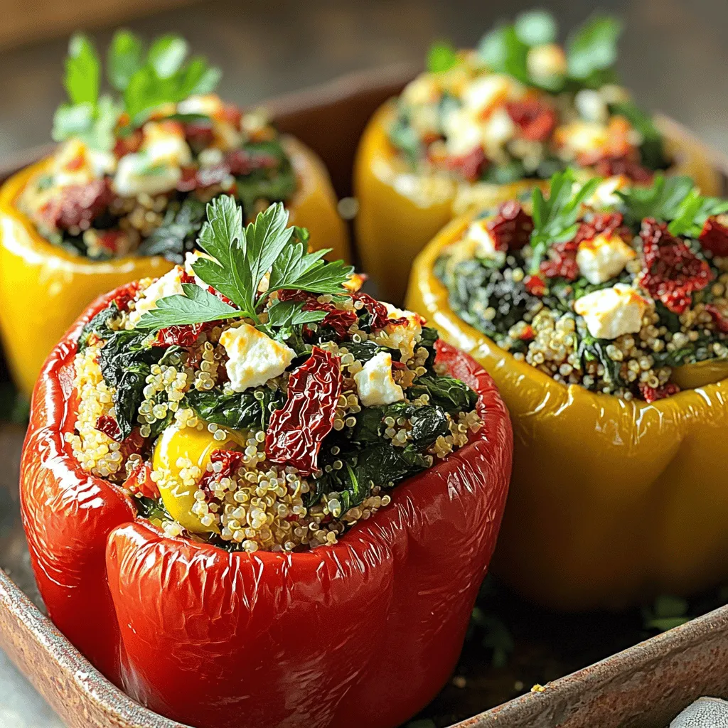 - 4 large bell peppers (any color) - 2 cups fresh spinach, chopped - 1 cup feta cheese, crumbled - 1 cup cooked quinoa - 1/2 cup sun-dried tomatoes, finely chopped - 1/4 cup red onion, finely diced - 2 cloves garlic, minced - 1 teaspoon dried oregano - 1 teaspoon olive oil - Salt and pepper to taste - Fresh parsley for garnish For this dish, I love using large bell peppers. They hold the filling well and taste great. You can choose any color you like. The vibrant colors make the dish more appealing. Next, fresh spinach adds a nice touch. It brings a lot of nutrition without overpowering the flavor. Feta cheese gives the dish a creamy, salty bite. I find that crumbling it makes it easy to mix in. Cooked quinoa is a great base for the filling. It is packed with protein and adds a nice texture. You can cook it ahead of time to save on prep. To enhance the flavor, I add sun-dried tomatoes. They bring a sweet, tangy taste that contrasts beautifully with the feta. Red onion and garlic provide a savory depth. I often sauté them together to blend the flavors before adding spinach. Lastly, I season with olive oil, salt, and pepper. Fresh parsley is a lovely garnish. It adds a pop of color and a fresh taste. You can find the full recipe for Spinach Feta Stuffed Peppers in the recipe section, where I share each step in detail. Enjoy making this healthy and flavorful dish! - Preheat your oven to 375°F (190°C). - Cut the tops off the bell peppers and remove seeds and membranes. First, you need to get your oven ready. Preheating it ensures your peppers cook evenly. Next, grab your bell peppers. Cut off the tops, and take out the seeds and membranes. This step makes space for the tasty filling. - Heat olive oil; sauté garlic and red onion. - Add spinach and wilt; then combine with quinoa and feta mixture. Now, let’s make the filling. In a skillet, heat some olive oil over medium heat. Add minced garlic and diced red onion. Sauté them for about 3-4 minutes until they are soft and fragrant. Next, add the chopped spinach. Cook it until it wilts, which should take about 2 minutes. Once wilted, mix this with cooked quinoa and crumbled feta in a bowl. Stir well to combine all the flavors. - Fill each pepper with the stuffing mixture and pack it tightly. - Bake covered with foil, then uncover for additional browning. It’s time to fill the peppers. Spoon the stuffing mixture into each pepper, packing it tightly. This helps the filling stay together. Place the stuffed peppers in a baking dish. Cover the dish with aluminum foil and bake for 25 minutes. After that, remove the foil and bake for another 10-15 minutes. This allows the tops to brown nicely. When they are tender and slightly charred, they are ready to enjoy! For the complete process, you can check the Full Recipe. To make your stuffed peppers shine, choosing the right peppers is key. I prefer large bell peppers. They offer a sweet taste and a sturdy shape. You can use any color you like: red, yellow, or green. Each brings its own unique flavor. To avoid soggy peppers during baking, a few tricks help. First, pre-bake the hollowed peppers for about 10 minutes. This step removes some moisture and firms them up. Second, make sure to drain any excess liquid from your filling. A dry filling helps keep the peppers from becoming mushy. Spices and herbs can elevate your dish. I recommend adding some cumin or smoked paprika. These add warmth and depth. Fresh herbs like basil or dill can also brighten the flavors. If you want more protein, consider adding cooked chicken or beans to your filling. You can also use lentils for a plant-based option. These changes make the dish heartier without losing its charm. Garnishing your stuffed peppers makes them more appealing. I like to sprinkle fresh parsley on top right before serving. This adds a pop of color and freshness. For serving, pair these peppers with a light salad or crusty bread. A side of yogurt or tzatziki also complements the flavors nicely. If you want wine, a crisp white is a great choice. {{image_2}} You can easily change up the flavors in Spinach Feta Stuffed Peppers. If you want a creamier taste, swap feta cheese with goat cheese or mozzarella. Each option brings a unique twist. You can also switch quinoa for brown rice or couscous. Brown rice adds a nutty flavor, while couscous cooks faster and gives a fluffy texture. If you're looking for a vegan option, replace feta with tofu or tempeh. Both have great protein and can absorb flavors well. For gluten-free diets, make sure to use quinoa or another gluten-free grain. This keeps your dish safe while still being tasty. Get creative by adding different veggies or beans. Chopped zucchini, mushrooms, or black beans can enhance the filling. For a spicy kick, sprinkle some chili flakes or mix in fresh herbs like basil or parsley. These small changes can make your dish exciting and new every time. Explore these variations to find the perfect flavor for you! After you enjoy your Spinach Feta Stuffed Peppers, store any leftovers in the fridge. Place them in an airtight container. This keeps them fresh and safe to eat. They can last up to four days in the fridge. If you want to keep them longer, consider freezing them. To freeze, wrap each pepper tightly in plastic wrap. Then, place them in a freezer bag. They can last for up to three months in the freezer. When it’s time to enjoy your leftovers, you can use either the oven or the microwave. The oven gives you a nice texture. Preheat it to 350°F (175°C). Place the peppers in a baking dish and cover them with foil. Bake for about 15 minutes. The microwave is quicker. Just place a pepper on a microwave-safe plate. Heat it for 1-2 minutes. To keep the peppers moist, add a splash of water before reheating. In the fridge, your stuffed peppers can last about four days. If you see any signs of spoilage, like a bad smell or mold, toss them out. If you've frozen them, make sure to eat within three months for best taste. Always check for any unusual changes before eating. This ensures your meal stays safe and tasty. You want your stuffed peppers to be tender. The ideal tenderness is when you can easily pierce the pepper with a fork. After baking, the peppers should also have a slight char. This gives them a nice flavor and texture. Yes, you can prep these stuffed peppers ahead of time. You can prepare the filling and stuff the peppers. Just keep them in the fridge until you're ready to bake. When you are ready, just pop them in the oven. This saves you time on busy days. Serve them with a fresh salad or roasted veggies. A side of garlic bread works well too. For drinks, consider a light white wine or sparkling water. These pair nicely with the flavors of the stuffed peppers. You can find the full recipe in the "Full Recipe" section. This includes all the steps and tips to make this dish perfect. Spinach feta stuffed peppers are simple yet delicious. You need fresh spinach, feta cheese, and cooked quinoa as main ingredients. Preparing and baking them is easy with just a few steps. Remember to choose the right peppers for the best taste. You can also try different flavors and make dietary swaps. Lastly, follow my tips for storing and reheating to keep them fresh. Enjoy this tasty meal anytime, and don’t forget to experiment with your favorite flavors!