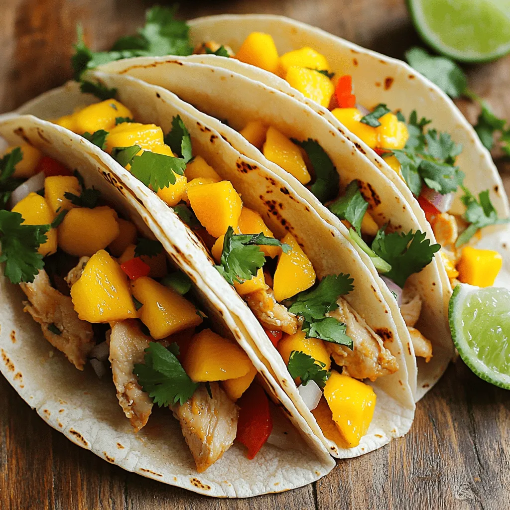 To make spicy mango chicken tacos, you need fresh and tasty ingredients. Each part adds flavor and texture. Here’s what you need: - Chicken - 2 chicken breasts, diced - Vegetables and Fruits - 1 ripe mango, diced - 1 red bell pepper, thinly sliced - 1 small red onion, finely chopped - Spices and Seasonings - 2 cloves garlic, minced - 1 tablespoon olive oil - 1 teaspoon ground cumin - 1 teaspoon smoked paprika - 1/2 teaspoon cayenne pepper (adjust to taste) - Salt and pepper to taste - Tortillas - 8 small corn or flour tortillas - Garnishes - Fresh cilantro, for garnish - Lime wedges, for serving These ingredients create a blend of sweet, spicy, and savory flavors. The chicken pairs well with the juicy mango. The spices give the dish a kick. Each bite feels fresh and exciting. For the complete cooking guide, check the full recipe. Using fresh ingredients helps make your meal vibrant. Feel free to adjust the spices to match your taste. Enjoy cooking! First, take two chicken breasts and dice them into small pieces. Place the chicken in a bowl. Add one tablespoon of olive oil, one teaspoon of ground cumin, one teaspoon of smoked paprika, and half a teaspoon of cayenne pepper. Season with salt and pepper. Mix everything well, coating the chicken with the spices. This step adds lots of flavor. Next, heat a large skillet over medium-high heat. Once hot, add the seasoned chicken to the skillet. Cook the chicken for about 5 to 7 minutes. Stir occasionally to ensure even cooking. The chicken should turn golden brown and be fully cooked. This gives the tacos a nice texture. Now, add two cloves of minced garlic, one finely chopped small red onion, and one thinly sliced red bell pepper to the skillet. Sauté these ingredients for about 3 to 4 minutes. This will soften the vegetables and mix the flavors well. Once the veggies are soft, gently fold in one diced ripe mango. Cook for another 2 minutes until warmed through. Remove the skillet from heat. To assemble the tacos, warm up 8 small tortillas in a dry skillet or microwave. Place a generous spoonful of the spicy mango chicken mixture on each tortilla. Finish by garnishing with fresh cilantro and serve with lime wedges on the side. For the complete process, check the full recipe. The best way to cook chicken for tacos is in a skillet. A large skillet gives the chicken room to brown. First, heat the skillet over medium-high heat. Then, add the seasoned chicken. Stir it often for even cooking. This method locks in flavors and keeps the chicken juicy. You can also grill the chicken for a smoky taste. Just be sure to check that it cooks all the way through. You can easily adjust the spice in your tacos. If you like it mild, skip the cayenne pepper. For a bit of heat, use just half a teaspoon. If you want it spicy, add more cayenne to taste. Remember, the heat from spices can build as the dish cooks. Always taste as you go. That way, you can find the perfect balance for your palate. Warming tortillas is key for soft, tasty tacos. You can do this in a dry skillet over medium heat. Heat each tortilla for about 30 seconds on each side. You can also use a microwave. Just wrap them in a damp paper towel and heat for 15 seconds. This keeps them pliable and easy to fold. Warm tortillas make a big difference in your taco experience. {{image_2}} You can switch the chicken for other proteins. Shrimp is a great choice. It cooks fast and pairs well with mango. Try using pork or even beef in this recipe. For a unique touch, marinate the beef in the same spices. Tofu works well too if you want to keep it light. It soaks up flavors nicely. For a vegetarian version, skip the meat. Use black beans or chickpeas instead. They add protein and flavor. You can also use grilled vegetables like zucchini and bell peppers. Add some corn for sweetness. This makes a colorful and tasty taco filling. Toppings can really change your meal. Consider adding avocado for creaminess. You can use salsa for extra kick. Pickled onions add a nice tang. Feta cheese gives a salty touch that pairs well with mango. Fresh lime juice brightens everything up. Mix and match these toppings to find your favorite combo. For more details on how to craft these variations, check out the Full Recipe. After you enjoy your spicy mango chicken tacos, store leftovers right away. Place any leftover chicken and mango mix in an airtight container. Keep the tortillas separate. This helps them stay fresh and avoid sogginess. Store in the fridge for up to three days. To reheat, warm the chicken mixture in a skillet over medium heat. Stir it gently until hot. For the tortillas, warm them in a dry skillet or microwave for about 15 seconds. This keeps them soft and tasty. You can also pop them in the oven for a few minutes. If you want to freeze your tacos, store the chicken mix in a freezer-safe container. It can last for up to three months. When ready to eat, thaw it in the fridge overnight. Reheat the chicken and warm the tortillas before serving. Enjoy your delicious meal all over again! For the full recipe, check out the link! You can serve these tacos with various sides. Some tasty options include: - Rice: A side of cilantro-lime rice pairs nicely. - Beans: Black beans or refried beans add great flavor. - Salad: A fresh green salad adds crunch and color. - Chips: Tortilla chips with salsa make a fun snack. These sides complement the tacos well and enhance the meal. The spice level of these tacos can vary. The recipe uses cayenne pepper for heat. You can adjust the amount to suit your taste. If you prefer mild, use less cayenne. If you love heat, add more. The combination of sweet mango and spice balances well. Yes, you can use other fruits! Pineapple or peaches work great as substitutes. Both fruits add a sweet twist. You could also try mango with avocado for creaminess. Experiment with your favorite fruits to find your perfect mix. You can find the full recipe for Spicy Mango Chicken Tacos online. It provides detailed steps and tips. This helps you prepare the dish easily. Enjoy making these flavorful tacos at home! This post covered all you need to make Spicy Mango Chicken Tacos. We explored key ingredients like chicken, fresh veggies, and spices. I gave you clear steps for cooking and assembling these tasty tacos. Plus, I shared handy tips to perfect your dish and many fun variations. These tacos are easy, fun, and full of flavor. Enjoy cooking and sharing them with friends!
