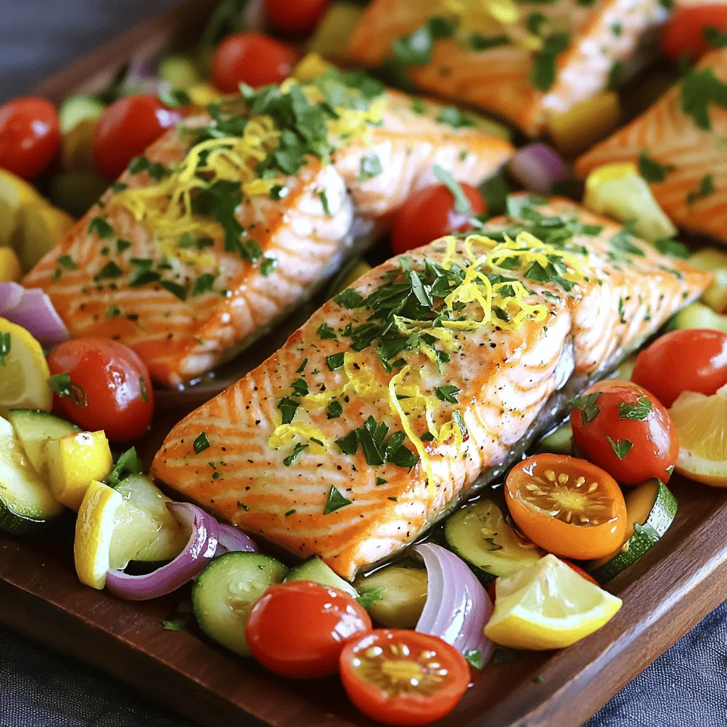- 4 salmon fillets (about 6 oz each) - 1 lemon (zest and juice) - 3 tablespoons olive oil - 2 garlic cloves, minced - 1 teaspoon dried oregano - 1 teaspoon dried thyme - 1 teaspoon paprika - Salt and pepper to taste The salmon fillets are key to this dish. They are rich in healthy fats and cook quickly. The lemon adds bright flavor. The olive oil helps keep the fish moist. Garlic, oregano, thyme, and paprika add depth. Each spice works together to create a fresh, zesty taste. - 1 cup cherry tomatoes, halved - 1 bell pepper, chopped (any color) - 1 zucchini, sliced - 1 red onion, cut into wedges - Additional options for customization: asparagus, broccoli, or carrots The veggies add color and flavor to your meal. Cherry tomatoes burst with sweetness. Bell peppers give crunch and color. Zucchini softens nicely during cooking. Red onion adds a mild taste. Feel free to swap in seasonal veggies you love. - Fresh parsley for garnish - Lemon slices for extra zest - Additional herbs like dill or basil Garnishes make your dish pop. Fresh parsley adds a nice green touch. Lemon slices can brighten the plate. You can also use other herbs to match your taste. A sprinkle of these can elevate your meal. For the full recipe, check the details above! To start, you need to mix the lemon zest, lemon juice, and spices. In a small bowl, combine: - 1 lemon, zested and juiced - 3 tablespoons olive oil - 2 garlic cloves, minced - 1 teaspoon dried oregano - 1 teaspoon dried thyme - 1 teaspoon paprika - Salt and pepper to taste These ingredients create a bright and tasty marinade. Marinating the salmon is key. It helps the flavors go deep into the fish, making it juicy and flavorful. Next, grab a large sheet pan. Spread out the veggies for a colorful mix. Use: - 1 cup cherry tomatoes, halved - 1 bell pepper, chopped (any color) - 1 zucchini, sliced - 1 red onion, cut into wedges Drizzle the reserved marinade over the veggies and toss them to coat. This adds flavor and moisture. Make space in the center of the pan for the salmon fillets. Place the salmon skin-side down on the pan. Now, it’s baking time! Preheat your oven to 400°F (200°C). Bake for 15-20 minutes. The salmon should flake easily with a fork when done. The veggies will be tender and slightly caramelized. To check if the salmon is cooked, look for a bright pink color in the center. If you have a food thermometer, the internal temperature should reach 145°F (63°C). Enjoy your meal! For the full recipe, check out the earlier section. To know when your salmon is done, check its color. It should change from bright pink to a pale pink. You can also use a fork to poke the thickest part. If it flakes easily, it's ready! The internal temperature should reach 145°F (63°C). Use a meat thermometer for accuracy. For the flaking technique, gently press the salmon with a fork. If it separates easily into flakes, it’s fresh. This technique helps you avoid overcooking and keeps your meal tasty. To boost flavors, try adding fresh herbs like dill or parsley. A pinch of red pepper flakes adds a nice kick. You can also experiment with spices like cumin or coriander. Each will give a unique twist to your dish. For marinating time, aim for at least 15 minutes. However, if you have more time, let it sit for up to an hour in the fridge. Longer marinating allows the flavors to soak in deeper. Pair your salmon with a light salad or rice for a full meal. A drizzle of yogurt sauce or a squeeze of fresh lemon can elevate the dish. For presentation, serve the salmon and veggies on a large platter. Garnish with fresh parsley for a pop of color. You can even add lemon slices for a bright touch. This not only looks great but also enhances the meal's freshness. For the full recipe, check back to the ingredients and steps! {{image_2}} You can swap out salmon for other proteins. Chicken breasts or thighs work well. Tofu is an excellent choice for a plant-based option. When using chicken, adjust the cooking time. Chicken needs about 25-30 minutes to cook. Tofu cooks quickly, so just 15-20 minutes will do. Make sure each piece gets the marinade to keep it flavorful. The vegetables you use can change with the seasons. In spring, try asparagus or snap peas. Summer is great for using corn or eggplant. Autumn brings squash, like butternut or acorn. In winter, root vegetables like carrots or parsnips shine. Adjust roasting time based on the veggies. Harder veggies need a bit more time than softer ones. You can change the marinade for a different taste. Try lime juice instead of lemon for a zesty twist. Fresh herbs like cilantro or dill can brighten the dish. For a regional flair, use soy sauce for an Asian touch or cumin for a Mexican vibe. Feel free to play around with flavors to find your favorite mix. For the full recipe, check out the earlier section. To keep your salmon and veggies fresh, store them in an airtight container. Place your leftovers in the fridge within two hours of cooking. This helps avoid bacteria growth. You can keep the salmon and veggies for up to three days. Make sure to separate them if you want to keep the salmon from getting soggy. When reheating, aim to keep your salmon moist. Use a microwave, but cover the dish to trap steam. Heat in short bursts of 30 seconds. You can also reheat in the oven at 350°F (175°C) for about 10 minutes. This method keeps the flavor intact and avoids drying out. Adding a splash of lemon juice before reheating can enhance taste. Yes, you can freeze sheet pan meals! Wrap the salmon and veggies in plastic wrap, then place them in a freezer bag. Remove as much air as possible. For the best quality, use them within three months. To reheat, thaw them overnight in the fridge before cooking. Then, bake at 350°F (175°C) until heated through. This helps maintain their fresh taste. Yes, you can use fresh herbs! Fresh herbs add a bright taste. They also give a lovely color. I recommend using three times more fresh herbs than dried. For this recipe, you can try fresh thyme or oregano. Chop them fine and mix them into your marinade. This change enhances the flavor and makes your dish more vibrant. You can switch up the veggies based on your taste. Some great choices include: - Asparagus - Broccoli - Carrots - Cauliflower Feel free to mix and match! Just remember to cut the veggies evenly. This helps them cook at the same time. You can also use seasonal veggies for a fresh twist. Yes, this recipe is gluten-free! All the ingredients are safe for a gluten-free diet. Salmon, olive oil, and vegetables do not contain gluten. Just make sure any spices you use are also gluten-free. This way, everyone can enjoy this tasty meal without worry. To check if the salmon is cooked, look for a few signs: - The color should change from a bright pink to a light pink. - It should flake easily with a fork. - The flesh should feel firm, not mushy. If you see these signs, your salmon is ready! Make sure not to overcook it, as it can dry out. Enjoy your delicious meal! For the full recipe, check the earlier section. This blog post covered how to make lemon herb salmon and the best sides to pair. I shared easy steps for prep, baking, and tips for perfect results. You can customize with seasonal veggies or try different proteins. Proper storage and reheating will keep your meal fresh. Cooking should be fun, not stressful. Use these ideas to impress your loved ones while enjoying a healthy meal. Now it’s your turn to create a delicious feast!