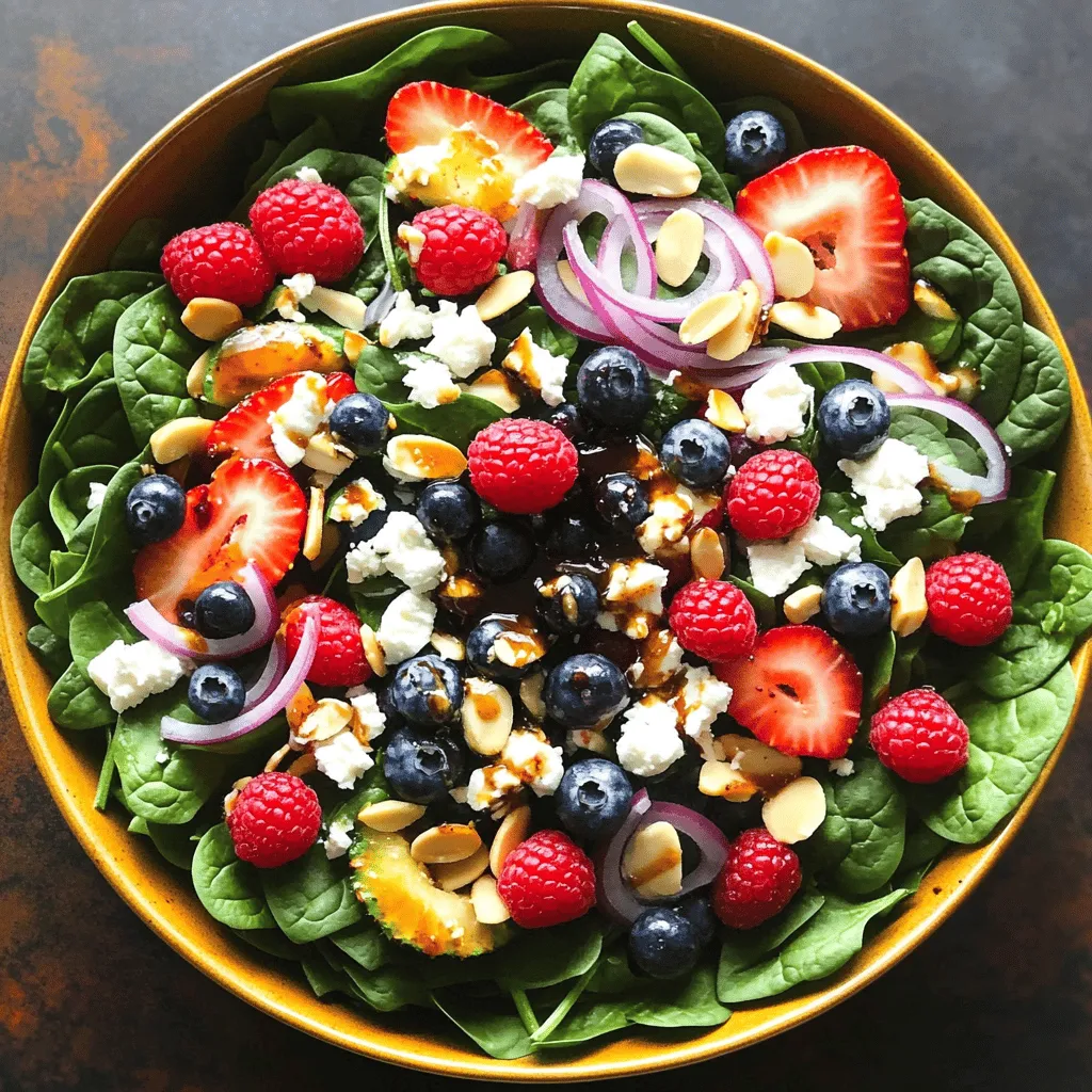 To make a bright and tasty Fresh Berry Spinach Salad, gather these ingredients: - 4 cups fresh baby spinach, washed and dried - 1 cup mixed fresh berries (strawberries, blueberries, and raspberries) - 1/2 cup crumbled feta cheese - 1/4 cup sliced almonds, toasted - 1/4 cup red onion, thinly sliced - 2 tablespoons honey - 2 tablespoons balsamic vinegar - 1 tablespoon olive oil - Salt and pepper to taste These fresh ingredients create a colorful and delicious salad that is both healthy and satisfying. You can add more flavor and texture with these options: - Grilled chicken or shrimp for protein - Avocado slices for creaminess - Sunflower seeds for crunch - Fresh herbs like mint or basil for extra flavor Feel free to mix and match these add-ins to suit your taste. Each choice brings a unique twist to the salad. This salad is not just tasty; it is also packed with nutrients. Here is what you get per serving: - Calories: 220 - Protein: 6g - Carbohydrates: 22g - Fiber: 5g - Sugars: 10g - Fat: 14g With its mix of fruits and veggies, this salad supports your health in many ways. It's a great option for lunch or a light dinner. If you want the full recipe, be sure to check out the details. Start by washing and drying 4 cups of fresh baby spinach. This is your base for the salad. Next, prepare 1 cup of mixed fresh berries. For strawberries, remove their green tops and cut them in halves or quarters. Blueberries and raspberries can go in whole. In a large salad bowl, place the fresh spinach at the bottom. Evenly spread the mixed berries over the spinach. Add 1/2 cup of crumbled feta cheese for a creamy touch. Then, toss in 1/4 cup of sliced almonds and 1/4 cup of thinly sliced red onion. These add crunch and flavor. In a small bowl, whisk together 2 tablespoons of honey, 2 tablespoons of balsamic vinegar, and 1 tablespoon of olive oil. Season with salt and pepper to taste. Drizzle this dressing over the salad just before serving. Toss gently to mix without bruising the spinach. Adjust seasoning if needed. Serve immediately for the best taste. For the full recipe, check out the provided link. When you choose fresh produce, look for bright colors. Spinach should be vibrant green. It should feel crisp and not limp. For berries, pick ones that are plump and firm. Check for any mushy spots or mold. Avoid these berries, as they can spoil quickly. Always wash your produce right before you use it to get rid of dirt and chemicals. This salad shines as a light lunch or side dish. You can also serve it as a starter at dinner. To make it a full meal, add grilled chicken or shrimp. Pair it with crusty bread or a warm soup. For drinks, consider a light white wine or sparkling water. Both complement the salad's flavors well. When tossing your salad, be gentle. Use your hands or two large spoons. Start by mixing the spinach with the berries and cheese. Add the dressing slowly so you don’t drown the salad. Toss just until everything is coated. This keeps the spinach leaves from bruising and wilting. Serve immediately for the best taste. You want fresh and crunchy textures. For the full recipe, check out the details above. {{image_2}} You can change the dressing to match your taste. Try a lemon vinaigrette for a zesty twist. Mix olive oil, lemon juice, and a pinch of salt. Another option is a yogurt-based dressing. Blend plain yogurt with garlic and herbs for a creamy touch. Each dressing brings a new flavor to the salad. While mixed berries are great, you can swap them out. Use sliced peaches or nectarines in summer. These fruits add sweetness and juiciness. In the fall, consider adding chopped apples or pears. They add a nice crunch and flavor. You can also mix in grapes for a fun twist. To make this salad heartier, add some protein. Grilled chicken or shrimp works well. You can also use chickpeas for a vegetarian option. They add good texture and protein. Another idea is to sprinkle in some nuts or seeds, like walnuts or pumpkin seeds. These add a nice crunch and healthy fats. If you have leftover salad, store it in an airtight container. Keep it in the fridge. Use the leftover salad within one day for the best taste. The spinach wilts quickly, especially with dressing. If you want to save it for later, store the dressing separately. This keeps the salad crisp and fresh. I do not recommend freezing this salad. Freezing will change the texture of the spinach and berries. They will become mushy when thawed. If you have extra berries, you can freeze them for smoothies or baking later on. Just wash, dry, and place them in a freezer bag. Fresh spinach stays good for about 3 to 5 days in the fridge. Berries last about 3 to 7 days, depending on their type. Check your berries for mold or softness. If they look bad, toss them. Always eat the salad as fresh as possible for the best flavor. For the full recipe, check the section above. Yes, you can make this salad ahead of time. However, I suggest you keep the dressing separate. If you mix the salad too early, the spinach can get soggy. Prepare all the ingredients and store them in the fridge. Just dress the salad right before you serve it. This keeps everything fresh and crisp. You can get creative with this salad! Try using peaches, apples, or even kiwi. Each fruit adds a new flavor and texture to the dish. You can also mix in some citrus like orange or grapefruit for a zesty kick. Just remember to keep the balance of sweet and tart. Making the dressing vegan is simple. You can swap honey with maple syrup or agave nectar. Both options add sweetness without honey. The rest of the dressing ingredients are already vegan-friendly. Just whisk the balsamic vinegar, olive oil, and your sweetener together. This keeps your salad light and tasty. For the full recipe, check out the [Full Recipe]. In this blog post, we covered how to make a delicious salad. I shared a list of fresh ingredients and optional add-ins to enhance flavor. You learned step-by-step instructions for preparation, combining, and dressing your salad. I also shared tips for selecting fresh produce and suggestions for serving. We explored variations, including different dressings and proteins. Finally, I provided storage info to keep leftovers fresh. Salads can be fun and simple. With these tips, enjoy your healthy meals all week.