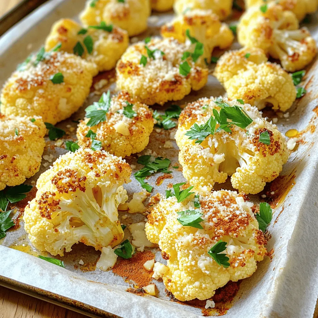 - 1 large head of cauliflower, cut into florets - 3 tablespoons olive oil - 1 cup grated Parmesan cheese - 1 teaspoon garlic powder - 1 teaspoon onion powder - 1 teaspoon smoked paprika - ½ teaspoon salt - ½ teaspoon black pepper The main ingredients are simple yet packed with flavor. Cauliflower is the star. The olive oil helps the cheese stick and adds richness. Parmesan brings a salty, nutty taste. The garlic powder, onion powder, smoked paprika, salt, and pepper create a perfect spice blend. Together, they make the dish savory and delicious. - Fresh parsley for garnish - Additional herbs or spices for variation Optional ingredients can change the game. Fresh parsley adds color and brightness. You can also try other herbs or spices to mix it up. Maybe add some red pepper flakes for heat or lemon zest for zing. The choice is yours! Each variation can bring a new twist to this dish. For the full recipe, check the details and enjoy exploring different flavors. - Preheat your oven to 425°F (220°C). - Cut the large head of cauliflower into small florets. Ensure they are all about the same size for even cooking. - In a large bowl, pour in 3 tablespoons of olive oil. - Add the cauliflower florets and mix well until they are fully coated. - In a separate bowl, combine 1 cup of grated Parmesan cheese, 1 teaspoon of garlic powder, 1 teaspoon of onion powder, 1 teaspoon of smoked paprika, ½ teaspoon of salt, and ½ teaspoon of black pepper. Mix these dry ingredients well. - Toss the olive oil-coated cauliflower with the cheese mixture. Make sure each floret gets a good amount of flavor. - Spread the cauliflower evenly on a baking sheet lined with parchment paper. - Roast in the preheated oven for 25-30 minutes. Halfway through, turn the cauliflower for even browning. - Check for doneness; it should be golden brown and tender. Adjust the cooking time if needed. - Once roasted, remove from the oven and sprinkle with fresh parsley for a nice touch before serving. For the complete dish, refer to the Full Recipe. To coat your cauliflower evenly, start by mixing it with olive oil in a large bowl. Use your hands to toss the florets gently. This way, every piece gets the oil. Next, sprinkle your cheese and spice mixture evenly over the cauliflower. Toss again until all florets are well covered. For that perfect golden brown finish, roast the cauliflower at 425°F (220°C). Make sure the florets are in a single layer on the baking sheet. Turn them halfway through roasting for even cooking. Keep an eye on them. You want them tender but not mushy. You can air fry the cauliflower for a crispy texture. Preheat your air fryer to 400°F (200°C). Cook the florets for about 15-20 minutes. Shake the basket halfway through to ensure even cooking. If you choose to sauté, heat some oil in a pan and add the cauliflower. Cook over medium heat. Stir often until the cauliflower is tender and browned. For a quick method, use the microwave. Place florets in a bowl with a bit of water. Cover it and microwave for about 4-5 minutes. This softens the cauliflower, making it easier to roast afterward. Parmesan roasted cauliflower pairs well with many main dishes. Try it alongside grilled chicken or steak for a tasty meal. It also works great with pasta dishes and fish. As for side dishes, consider serving it with a fresh salad or some roasted potatoes. The flavors complement each other nicely. For the full recipe, check out the complete instructions! {{image_2}} You can boost the flavor of Parmesan roasted cauliflower in simple ways. - Adding lemon zest: This brightens the dish and adds a fresh touch. Just sprinkle some zest before serving. - Exploring different cheese options: Try using Pecorino Romano or Asiago for a unique twist. Each cheese adds its own flavor. You can adapt the recipe to fit different diets. - Vegan alternatives for cheese: Use nutritional yeast or vegan cheese. Both options give you a cheesy taste without dairy. - Gluten-free options with seasonings: Check for gluten-free labels on spices. Most spices are naturally gluten-free, so you can season freely. You can make this dish even more enjoyable by adding other veggies. - Incorporating other vegetables like broccoli: Toss in broccoli florets with the cauliflower. This adds color and nutrients. - Mixing in nuts or seeds for crunch: Try adding pine nuts or sunflower seeds. They give a nice crunch and extra flavor. To keep your Parmesan Roasted Cauliflower fresh, use airtight containers. Glass or plastic containers work well. Let the cauliflower cool down before sealing. Store it in the fridge. It stays good for about three to four days. If you notice any moisture, use a paper towel to absorb it. For the best texture when reheating, use the oven. Set it to 350°F (175°C) and warm for about 10-15 minutes. This method keeps the cauliflower crispy. You can also use a microwave. Heat it for about 1-2 minutes. However, the texture may become softer. If you prefer a quick option, the microwave works, but the oven is best. To freeze your Parmesan Roasted Cauliflower, let it cool completely. Then, place it in a freezer-safe bag or container. Remove as much air as possible to prevent freezer burn. It can last up to three months in the freezer. When you are ready to use it, thaw in the fridge overnight. Reheat in the oven for great results. I love to use a mix of spices to boost flavor. Here are some great options: - Garlic powder - Onion powder - Smoked paprika - Cumin - Chili powder These spices add depth and warmth to the dish. You can also try fresh herbs like thyme or rosemary for a nice twist. Roasting time can vary. Typically, it takes 25-30 minutes at 425°F (220°C). Smaller florets roast faster, while larger pieces may need more time. Check for a golden color and tenderness to know it’s ready. Yes, you can prep this dish ahead. Cut the cauliflower and mix it with spices and cheese. Store it in the fridge for up to a day. When ready, just roast it in the oven. This makes meal prep easy and keeps flavors fresh. No, you don’t need Parmesan. You can skip it or try these alternatives: - Nutritional yeast for a cheesy flavor - Vegan cheese options for a dairy-free dish - A sprinkle of lemon juice for brightness These options still give you a tasty and savory result. For the full recipe, check out the details above! Parmesan roasted cauliflower is tasty and simple. We covered the main ingredients, steps, tips, and variations to help you make it perfect. Whether you choose to air fry, sauté, or roast, each method brings out great flavor. You can also modify the recipe to fit your diet. Store leftovers properly for later enjoyment. This dish pairs well with many meals. Enjoy the ease and delight of making Parmesan roasted cauliflower again and again.