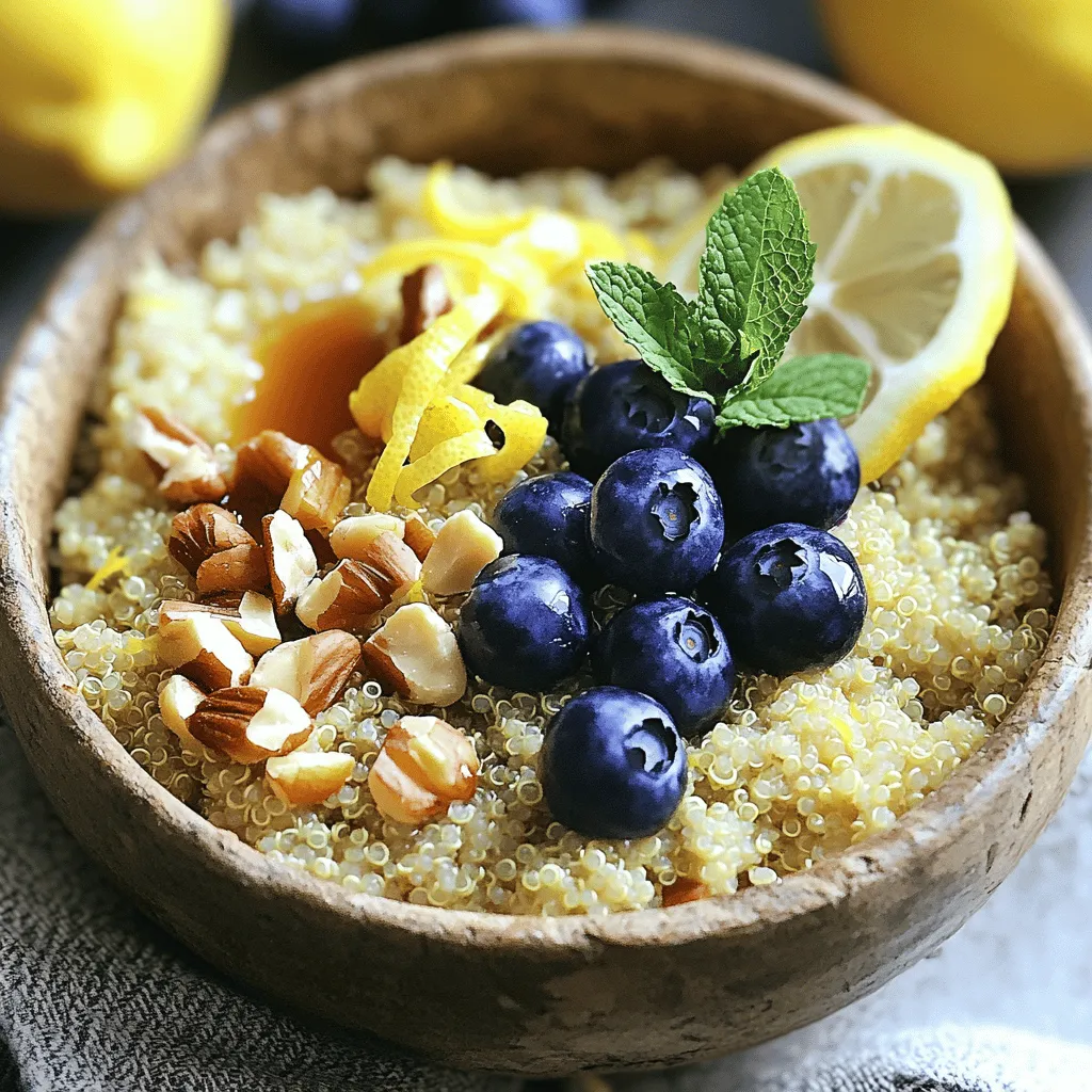 - 1 cup quinoa, rinsed - 2 cups almond milk (or any milk of choice) - 1 cup fresh blueberries - 1 large lemon (zest and juice) - 2 tablespoons maple syrup (or honey) - 1 teaspoon vanilla extract - 1/4 cup chopped nuts (e.g., almonds or walnuts) - Fresh mint leaves for garnish (optional) To make Lemon Blueberry Breakfast Quinoa, you need simple and wholesome ingredients. First, the quinoa is the star. It is high in protein and very filling. For the liquid, I love using almond milk, but any milk works well. Fresh blueberries add sweetness and color. For flavor, use lemon zest and juice. These brighten the dish. Sweeten it with maple syrup or honey. A bit of vanilla extract adds warmth. If you want extra crunch, top with chopped nuts. Almonds or walnuts work wonders. For a fresh touch, add mint leaves. They make the dish look and taste great. You can find the full recipe at the end of this section! Enjoy creating this energizing delight. To start, take 1 cup of rinsed quinoa and place it in a medium saucepan. Add 2 cups of almond milk and a pinch of salt to the pot. This mix gives the quinoa a creamy texture. Bring it to a boil over medium heat. Once it boils, lower the heat to a simmer. Cover the saucepan and let it cook for about 15 to 20 minutes. The quinoa will be tender and the liquid will be absorbed. While the quinoa cooks, grab a small bowl. In it, mix the zest and juice of one large lemon, 2 tablespoons of maple syrup, 1 teaspoon of vanilla extract, and 1/2 teaspoon of cinnamon. This dressing adds bright flavor to your dish. Stir well until combined. After cooking, remove the quinoa from heat and fluff it with a fork. Gently stir in the lemon dressing and 1 cup of fresh blueberries. The heat will make some blueberries burst, adding color and flavor. Serve the quinoa warm, topped with 1/4 cup of your choice of chopped nuts. You can also add fresh mint leaves for a nice touch. Enjoy this energizing delight! For the complete process, check the [Full Recipe]. - Rinse quinoa thoroughly before cooking. This removes any bitter taste. - Use the right milk for desired creaminess. Almond milk gives a nice nutty flavor. - Experiment with different sweeteners. Maple syrup is great, but honey works too. - Adjust cinnamon and lemon to taste. A little more lemon can brighten the dish. - This dish is an ideal breakfast or brunch option. It looks great and tastes even better. - Pair with yogurt or fruit for extra nutrition. Fresh fruits add more color and flavor. For the complete preparation details, check the Full Recipe above. Enjoy your cooking! {{image_2}} If you want a nut-free dish, you can easily swap in seeds. Try using pumpkin seeds for a nice crunch. They add a great texture and keep it healthy. You can also use sunflower seeds if you prefer. Both options are full of good nutrients. Want to mix things up? Incorporate other fruits! Strawberries and raspberries work well with the lemon and blueberry flavors. You can chop them up and add them right in. Dried fruits are another great option. Raisins or dried cranberries add sweetness and a chewy texture. To make sure your Lemon Blueberry Breakfast Quinoa is vegan, check all your ingredients. Use plant-based milk and maple syrup instead of honey. This way, everyone can enjoy this tasty meal without worries. Enjoy a delicious breakfast that fits any diet! Store your Lemon Blueberry Breakfast Quinoa in an airtight container. It will stay fresh for up to 3 days. This makes it easy to grab a quick breakfast. Just keep it in the fridge and enjoy! When you're ready to enjoy your quinoa again, you have a couple of options. You can microwave it for a quick heat-up. Just add a splash of milk to keep it creamy. If you prefer, heat it on the stove with a little milk. Stir until it's warm and ready to eat. Want to save some for later? Freeze your quinoa in individual portions. This way, you can have easy breakfasts on busy mornings. Just take out a portion, thaw it overnight in the fridge, and reheat when you're ready. It's that simple! - Detailed instructions are included in the recipe. You start by rinsing the quinoa. Combine it with almond milk and a pinch of salt in a saucepan. Bring it to a boil over medium heat. Once boiling, lower the heat and cover. Let it simmer for 15-20 minutes until tender. Meanwhile, mix lemon zest, juice, maple syrup, vanilla, and cinnamon in a bowl. After the quinoa cooks, fluff it with a fork. Stir in the lemon dressing and blueberries gently. Serve warm with nuts on top. - Yes, but adjust cooking time accordingly. Frozen blueberries may take longer to heat through. Add them just before serving to keep them juicy and fresh. You want them to burst with flavor but not become mushy. This way, you enjoy their bright taste in every bite. - Quinoa is high in protein and packed with nutrients. It contains all nine essential amino acids. This makes it a complete protein source. Quinoa is also rich in fiber, which supports digestion. Plus, it has vitamins and minerals like magnesium and iron. Eating quinoa can help keep you full and satisfied throughout the morning. This blog post covers how to make a delicious Lemon Blueberry Breakfast Quinoa. You learned about the main and flavoring ingredients, plus optional toppings. I shared step-by-step instructions for cooking and assembling your dish. Remember to rinse your quinoa and adjust flavors to suit your taste. This dish is great for breakfast or brunch and offers many variations. With proper storage, it stays fresh for several days. Enjoy taking this nutritious meal into your routine, and feel free to experiment. Happy cooking!