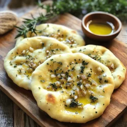 - 2 cups all-purpose flour - 1 teaspoon baking powder - ½ teaspoon salt - ¾ cup warm water - 2 tablespoons olive oil - 3 cloves garlic, minced - 2 tablespoons fresh parsley, chopped - 1 tablespoon fresh rosemary, chopped - 1 teaspoon dried oregano - Extra olive oil for brushing To make Easy Garlic Herb Flatbread, you need a few key items. All-purpose flour forms the base for the dough. Baking powder helps it rise and become fluffy. Salt adds flavor, while warm water brings the dough together. Olive oil adds moisture and richness. Fresh herbs are the stars of this dish. I love using chopped parsley and rosemary for their bright tastes. Minced garlic packs a punch, making each bite savory. The dried oregano complements the fresh herbs perfectly. Don't forget the extra olive oil for that glossy finish when serving. - Different types of oil - Cheese additions - Additional seasoning suggestions If you want to take your flatbread to the next level, consider these optional ingredients. You can swap olive oil for other oils like avocado or garlic-infused oil. These oils add unique flavors to your flatbread. Cheese can also elevate this dish. Adding shredded mozzarella or crumbled feta gives a creamy touch. It melts beautifully when cooked, creating a delightful contrast with the crispy flatbread. Finally, feel free to experiment with other seasonings. A pinch of red pepper flakes can add heat. You could also try smoked paprika for a deeper flavor. Each addition gives you a new twist to enjoy. For the full recipe, check out [Full Recipe]. To start, gather your dry ingredients. In a large bowl, mix together: - 2 cups all-purpose flour - 1 teaspoon baking powder - ½ teaspoon salt Make sure they blend well. This mix helps your flatbread rise and taste great. Next, create a well in the center. Pour in: - ¾ cup warm water - 2 tablespoons olive oil Use a wooden spoon to stir. Keep mixing until a dough begins to form. Now it’s time to knead the dough. Place it on a lightly floured surface. Knead for about 5 minutes. You want it smooth and elastic. This step builds the dough’s strength. Resting is just as important. Place the kneaded dough back in the bowl. Cover it with a damp cloth. Let it rest for 20 minutes. This allows the gluten to relax, making the dough easier to roll out. For cooking, heat a non-stick skillet over medium-high heat. Add a drizzle of olive oil. While the skillet heats, divide the dough into four equal pieces. Roll each piece into a circle about ¼-inch thick. Once the skillet is hot, place one flatbread in it. Cook for 2-3 minutes. Look for bubbles to form on the surface and a golden brown color on the bottom. Sprinkle some garlic herb mix on the cooked side. Then, flip it over and cook for another 2 minutes. You want it golden and fragrant. When done, remove it from the skillet. Brush lightly with extra olive oil. Repeat these steps with the remaining flatbreads. For the full recipe, check the instructions above. Enjoy your delicious garlic herb flatbreads! When making Easy Garlic Herb Flatbread, the right ingredients matter. You can choose fresh or dried herbs. Fresh herbs give a bright flavor. Dried herbs are easy and still tasty. I often use a mix of both for depth. For flour, all-purpose flour works well. It gives the flatbread a nice texture. If you want a healthier option, you can use whole wheat flour. Just remember, it may change the flavor a bit. One common mistake is over-kneading the dough. Knead just until it is smooth. If you knead too much, the flatbread may turn tough. Another mistake is not letting the dough rest. Resting allows the gluten to relax. This makes rolling out the dough easier and helps the flatbread puff up when cooked. So, be patient and let it rest for 20 minutes. Brushing with olive oil gives the flatbread a lovely shine. Before cooking, brush a light coat on each side. This adds flavor and encourages crispiness. For cooking, a non-stick skillet is best. Heat it to medium-high. This ensures the flatbread cooks evenly. If you want extra crispiness, try cooking it longer on each side. Just watch for burning! For more flavor, sprinkle the garlic herb mix right after flipping. This helps the herbs stick and enhances the taste. {{image_2}} You can make your flatbread unique by changing the herbs. Try adding basil or thyme for a new taste. Mix and match to find your favorite blend. You can also use dried herbs if fresh ones are not available. For toppings, think outside the box. Add cheese, like feta or mozzarella, for a creamy touch. You can even layer on roasted veggies or olives for a Mediterranean flair. If you need a gluten-free flatbread, use almond flour or coconut flour. These flours work well and add a nice flavor. You may need to adjust the liquid a bit. For a healthier choice, swap olive oil with avocado oil. This change boosts the nutrients while keeping the taste great. If you love spice, try adding red pepper flakes to the garlic mix. This gives your flatbread a kick. You could also use smoked paprika for a warm, smoky flavor. For a Mediterranean twist, incorporate sun-dried tomatoes or artichokes into your dough. This adds rich taste and bright colors. Experiment with these ideas to find your perfect flatbread! For a complete guide, check out the Full Recipe. To keep your flatbreads fresh, store them at room temperature for up to two days. Place them in an airtight bag or container to prevent drying out. If you need them to last longer, refrigeration works too. Just remember, the cold can make them a bit tougher. When you want to enjoy your flatbread again, reheating is key. An oven is great for even heating. Set it to 350°F (175°C) and warm the flatbread for about 5-7 minutes. If you prefer a skillet, heat it over medium heat. This method keeps the outside crispy while warming the inside. If you want to save some for later, freezing is the way to go. Wrap each flatbread tightly in plastic wrap. Next, place them in a freezer bag. This keeps out air and prevents freezer burn. When you’re ready to eat, take a flatbread out and thaw it in the fridge overnight. For a quick thaw, leave it at room temperature for 30 minutes. For the full recipe, check out the Easy Garlic Herb Flatbread section. You can add spices to enhance the taste. Try mixing in a teaspoon of smoked paprika or chili flakes for heat. You can also use fresh herbs like basil or thyme. A dash of lemon zest adds brightness. Experiment with different blends of spices to match your taste. More flavor makes every bite exciting. Yes, you can use whole wheat flour. This change adds fiber and nutrients. However, whole wheat can make flatbreads denser. You might need to adjust the water. Add a bit more water to keep the dough moist. If you prefer a lighter texture, mix half whole wheat with half all-purpose flour. Garlic herb flatbread stays fresh for about three days at room temperature. Keep it in a sealed container or a plastic bag. For longer storage, refrigerate it for up to a week. You can freeze flatbreads, too. Wrap them tightly in plastic wrap. They last up to three months in the freezer. Just thaw and reheat when you want to enjoy them! You learned today how to make easy garlic herb flatbread using simple ingredients and steps. From mixing dough to cooking tips, this guide covered everything you need. Remember, rest your dough for the best texture and avoid common mistakes like over-kneading. Variations and storage tips give you options for creativity and future meals. Enjoy experimenting with flavors and sharing your flatbread with others. Happy cooking!