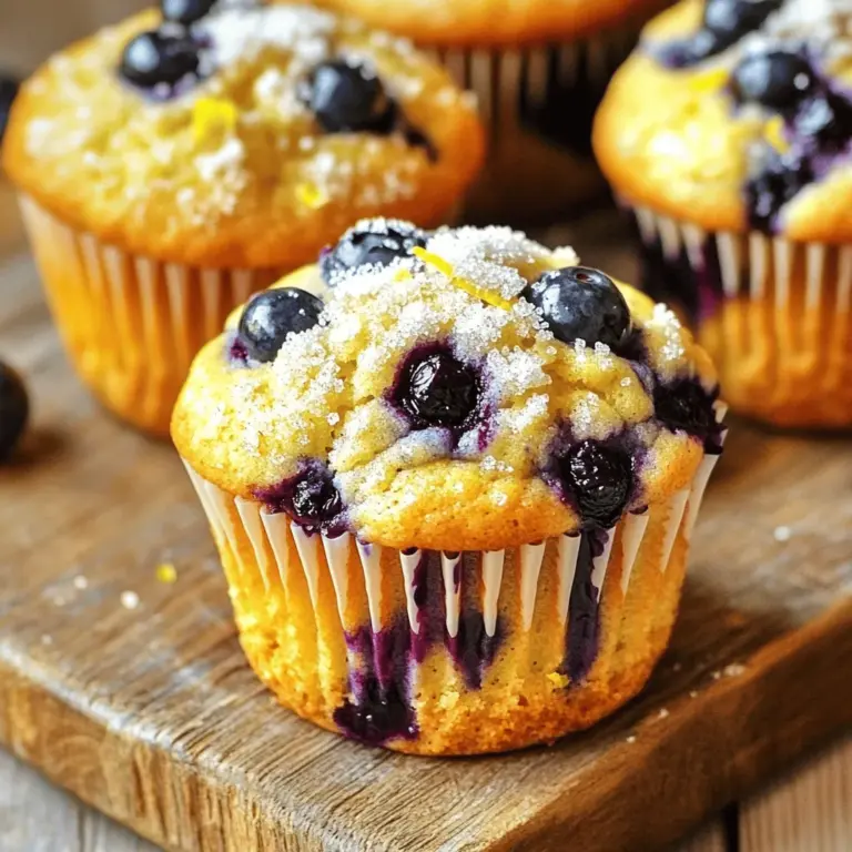 When making lemon blueberry muffins, having the right ingredients is key. Each item plays a role in creating that moist, flavorful treat you crave. Here’s what you need: - 1 ½ cups all-purpose flour - ½ cup granulated sugar - 2 teaspoons baking powder - ½ teaspoon baking soda - ½ teaspoon sea salt - 1 large lemon (zest and juice) - ½ cup plain Greek yogurt - ¼ cup vegetable oil - 2 large eggs - 1 teaspoon vanilla extract - 1 cup fresh blueberries (or frozen if not in season) - 1 tablespoon coarse sugar (for topping, optional) The flour gives structure to the muffins. Sugar adds sweetness and helps with browning. Baking powder and baking soda make the muffins rise. Sea salt boosts flavor and balances sweetness. The lemon zest and juice provide bright, fresh flavor. Greek yogurt keeps the muffins moist. Vegetable oil adds richness. The eggs bind everything together. Vanilla extract adds a nice touch of warmth. Blueberries burst with sweet juice, making every bite delightful. Lastly, coarse sugar adds a nice crunch on top. These ingredients come together to create a treat that is hard to resist. Don't forget to check the full recipe for detailed steps to make this delicious snack! First, turn your oven to 375°F (190°C). This step warms it up for baking. Next, grab your muffin tin. You can line it with paper liners or lightly grease it. This helps the muffins come out easily after baking. In a large bowl, add the following dry ingredients: - 1 ½ cups all-purpose flour - ½ cup granulated sugar - 2 teaspoons baking powder - ½ teaspoon baking soda - ½ teaspoon sea salt Whisk these together well. This mix gives the muffins their structure and flavor. Now, take another bowl for the wet ingredients. Add: - Zest and juice from 1 large lemon - ½ cup plain Greek yogurt - ¼ cup vegetable oil - 2 large eggs - 1 teaspoon vanilla extract Mix these until smooth. The lemon adds a bright taste. Pour the wet mix into the dry mix. Stir gently. Stop when it's just combined. Do not overmix! This keeps the muffins light and fluffy. Now, carefully fold in: - 1 cup fresh blueberries Be gentle to protect the berries. You want them whole in the muffins. Spoon the batter into your prepared muffin cups. Fill each cup about ¾ full. If you like, sprinkle coarse sugar on top for a sweet crunch. Bake these muffins for 18-20 minutes. Check them by inserting a toothpick. If it comes out clean, they are done. Let the muffins cool in the tin for about 5 minutes. This helps them set. After that, move them to a wire rack. Let them cool completely. Enjoy warm or at room temperature. You might want to dust them with powdered sugar or serve with lemon curd for extra flavor. Get ready to love these lemon blueberry muffins! For the complete recipe, refer to the Full Recipe section. To get moist muffins, use Greek yogurt. This adds creaminess and moisture. Make sure not to overmix the batter. Stir just until you see no dry flour. This keeps your muffins light and fluffy. Fresh blueberries are best, but frozen ones work too. If using frozen, do not thaw them. Add them directly to the batter. This way, they will hold their shape better, and your muffins will look great. Oven temperatures can vary. Keep an eye on your muffins after 15 minutes. If they look golden, check with a toothpick. If it comes out clean, your muffins are done. If your oven runs hot, reduce the temperature slightly. Enjoy these muffins warm or at room temperature. For a special touch, add a dusting of powdered sugar. You can also serve them with lemon curd on the side. This adds a zesty kick that pairs perfectly with the muffins. For the full recipe, refer to the main section. {{image_2}} You can easily change up your lemon blueberry muffins by adding other fruits. Raspberries and strawberries work great. If you choose raspberries, they add a nice tartness. Strawberries give a sweet touch. Just swap out some blueberries for your chosen fruit. Keep the rest of the recipe the same. This way, you can enjoy different flavors all year long. If you need a gluten-free option, no worries! Use gluten-free flour instead of all-purpose flour. Many brands taste great and work well in baking. You might want to add a bit of xanthan gum too. This helps hold the muffins together. Follow the same steps in the Full Recipe. You’ll still get soft, tasty muffins that everyone will love. Want to make your muffins vegan? It’s simple! Replace eggs with flaxseed meal. Mix one tablespoon of flaxseed meal with three tablespoons of water. Let it sit for a few minutes to thicken. You can also swap Greek yogurt for unsweetened applesauce. This keeps muffins moist and adds natural sweetness. Just use the same amount of applesauce as yogurt. Follow the Full Recipe, and you’ll bake delicious vegan lemon blueberry muffins. Store leftover muffins in an airtight container. This keeps them fresh and moist. You can place a paper towel in the container. This absorbs excess moisture and prevents sogginess. They will last for up to three days at room temperature. If you want to keep them longer, consider freezing. To freeze your muffins, first, let them cool completely. Then, wrap each muffin in plastic wrap. This prevents freezer burn and keeps them tasty. Place the wrapped muffins in a freezer-safe bag or container. Label the bag with the date to track freshness. Muffins can stay frozen for up to three months. When you’re ready to eat one, simply thaw it at room temperature. Reheat muffins in the oven for the best taste. Set your oven to 350°F (175°C). Wrap the muffins in aluminum foil to keep them moist. Heat for about 10 to 15 minutes. If you’re in a rush, use the microwave. Heat each muffin for 15 to 20 seconds. Enjoy your warm, fresh-tasting muffins! You can find the full recipe for these delightful treats and more tips on cooking them perfectly. Yes, you can use frozen blueberries. They work well in this recipe. Just add them straight from the freezer. This will save you time, and they will still taste great. Frozen blueberries may bleed a bit more color, but they will still create a tasty treat. Check the muffins at 18 minutes. Insert a toothpick in the center of a muffin. If it comes out clean or with a few crumbs, they are done. If it has wet batter, bake for another minute or two. Keep a close eye on them to avoid overbaking. You can use plain yogurt or sour cream instead of Greek yogurt. Both will add moisture and flavor. If you want a dairy-free option, try using coconut yogurt. This will give your muffins a unique taste while keeping them moist. Absolutely! Just adjust the baking time. Fill mini muffin tins about halfway. Bake for 10 to 12 minutes, checking for doneness with a toothpick. Mini muffins are perfect for snacks or parties. They are fun to eat and easy to share. For the full recipe, check out the complete guide! In this blog post, we covered how to make lemon blueberry muffins. You learned the full recipe, step-by-step instructions, tips for moist muffins, and variations. We also discussed storage methods and answered common questions. Enjoy baking these delicious muffins for breakfast or snacks. With simple swaps, you can make them your own. Happy baking!