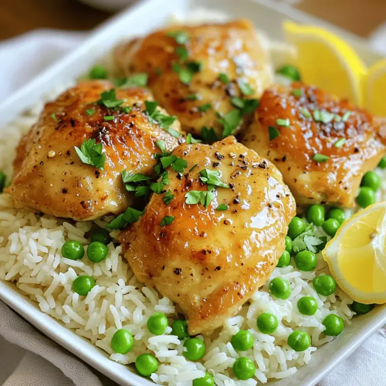 - 2 boneless, skinless chicken breasts - 1 cup jasmine rice - 4 cups chicken broth - 4 tablespoons unsalted butter - 4 cloves garlic, minced - 1 teaspoon dried thyme - 1 teaspoon paprika - Salt and pepper to taste - 1 cup frozen peas - Fresh parsley for garnish In this recipe, we use jasmine rice for its soft texture and great flavor. The chicken breasts provide lean protein, and the unsalted butter gives a rich taste. I love using minced garlic to add depth to the dish. Dried thyme and paprika enhance the flavor profile. The chicken broth adds moisture and flavor, making each bite delightful. I recommend using frozen peas for convenience and a pop of color. Lastly, fresh parsley makes a lovely garnish, adding freshness to the plate. You can find the Full Recipe later in this article, which includes all the details to make this dish perfectly. To start, rinse your jasmine rice. Place it in a fine mesh strainer. Run cold water over it until the water runs clear. This step removes excess starch and helps the rice cook better. Next, cook the rice with chicken broth. In a saucepan, combine the rinsed rice and 2 cups of chicken broth. Bring it to a boil. Then, reduce the heat to a simmer. Cover the pot and cook for about 15-18 minutes. You want the rice to be fluffy and the liquid absorbed. Once done, remove it from heat and set aside. Now, it’s time to cook the chicken. First, season the chicken breasts. Sprinkle salt, pepper, thyme, and paprika on both sides. This adds flavor to the meat. Next, sear the chicken in the skillet. Melt 2 tablespoons of butter in a large skillet over medium-high heat. Once the butter melts, add the chicken breasts. Sear them for about 6-7 minutes on each side. You want them golden brown and cooked through. Check the internal temperature; it should reach 165°F (75°C). After cooking, remove the chicken from the skillet and let it rest. For the garlic butter sauce, first sauté the garlic. In the same skillet, lower the heat to medium. Add the remaining 2 tablespoons of butter. Once melted, add 4 cloves of minced garlic. Sauté for about 1-2 minutes until fragrant. You’ll love the smell! Now, incorporate chicken broth and peas. Pour in the remaining 2 cups of chicken broth. Scrape the browned bits from the bottom of the pan. These bits add flavor! Stir in 1 cup of frozen peas. Cook them for 3-4 minutes until heated through. Next, shred the chicken. You can slice or shred the chicken breasts into bite-sized pieces. Then, mix everything in the skillet. Add the shredded chicken back to the skillet. Stir gently to combine all the ingredients. This step helps the chicken soak up the garlic butter sauce. Now you can serve your dish. Place the garlic butter chicken over a bed of jasmine rice. Spoon some of the garlic butter sauce on top for extra flavor. For garnishing tips, sprinkle freshly chopped parsley over the dish. This adds a pop of color and freshness. You can also serve lemon wedges on the side for a zesty kick. Enjoy your meal! For the full recipe, check the details above. To get the best garlic flavor, adjust the amount of garlic you use. I often add more garlic for a stronger taste. Start with four cloves, but feel free to add one or two more if you love garlic. Fresh herbs also boost flavor. Use parsley or thyme to enhance the dish. Chop them finely and stir them in just before serving for a pop of freshness. Always check that your chicken is fully cooked. The inside should reach 165°F (75°C) to ensure it is safe to eat. To get a nice golden sear, heat your skillet well before adding the chicken. This will create a crispy crust. Sear each side for about 6-7 minutes. This step is key for flavor and texture. The cooking liquid can change how your rice turns out. Using chicken broth instead of water adds more flavor. Letting the rice rest after cooking is also important. Allow it to sit for five minutes before serving. This helps the grains firm up and prevents them from becoming mushy. Enjoy the fluffy texture! {{image_2}} You can easily swap ingredients to suit your taste. Use different rice types for variety. Brown rice adds fiber and a nutty flavor. Basmati rice gives a light, fluffy texture. For chicken, try thighs or tenders. Thighs are juicier and more flavorful. Tenders cook fast and are great for kids. Each option gives a unique taste and texture to the dish. Adding veggies makes this meal even better. Bell peppers add sweetness and crunch. Carrots bring a nice color and natural sweetness. You can also use broccoli or green beans for a fresh touch. Cooking time varies by veggie. Bell peppers need about 5 minutes to soften. Carrots may take a bit longer, around 7-10 minutes. Make sure to add them at the right time so they cook just right. You can play with flavors to make this dish your own. Try adding Italian seasoning for a herby twist. Lemon zest gives a bright, fresh taste. If you like spice, add red pepper flakes or chili powder. Start with a small amount, then taste as you go. This lets you control the heat level. Experimenting with spices can turn this simple meal into a culinary adventure. For the best ways to make Garlic Butter Chicken and Rice, check out the Full Recipe. To keep your garlic butter chicken and rice fresh, store it properly in the fridge. First, let the dish cool down to room temperature. Then, place it in an airtight container. This will prevent any moisture loss and keep flavors intact. You can store it in the fridge for up to three days. If you want to save it for longer, freezing is a great option. First, portion out the chicken and rice into freezer-safe bags. Squeeze out as much air as possible to avoid freezer burn. Label the bags with the date. The dish can last up to three months in the freezer. When it’s time to enjoy your leftovers, reheating is simple. You can use a microwave or stovetop. For the microwave, place a portion in a bowl and cover it with a damp paper towel. Heat it for about two minutes, stirring halfway. If you prefer the stovetop, add a bit of water or broth to a skillet. Heat it on medium-low, stirring often to warm through evenly. To keep the dish moist, avoid high heat. This will help keep your chicken tender and rice fluffy. Garlic Butter Chicken and Rice lasts about three to four days in the fridge. Store it in an airtight container. This keeps it fresh and tasty for later meals. Yes, you can make this recipe in advance. Cook the chicken and rice, then let them cool before storing them. When you are ready to eat, just reheat everything together. You can use a microwave or stovetop; just make sure it is heated through. This dish pairs well with many sides. Consider adding a fresh salad or steamed vegetables. Garlic bread is also a great choice to complement the meal. You could even serve it with roasted broccoli or green beans for added crunch. Yes, you can make a lighter version of this dish. Use skinless chicken thighs instead of breasts for less fat. You can also reduce the butter or use olive oil instead. Swap jasmine rice for brown rice for more fiber and nutrients. Absolutely! You can switch the chicken for turkey or pork. If you prefer plant-based options, try using tofu or chickpeas. Adjust cooking times based on the protein you choose to ensure everything cooks properly. For the full recipe, check the detailed instructions. In this blog post, we explored a tasty Garlic Butter Chicken and Rice recipe. We covered the ingredients, step-by-step instructions, and tips to make it perfect. You learned how to cook juicy chicken, fluffy rice, and create a rich garlic butter sauce. Try out the variations to suit your taste. Remember to store leftovers properly and enjoy this dish whenever you want. Cooking can be fun and easy with simple recipes like this one! Enjoy your cooking!