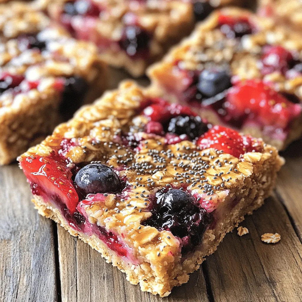 - 2 cups gluten-free rolled oats - 1 cup mixed berries (fresh or frozen) - 1/2 cup almond butter (or any nut butter of your choice) - 1/3 cup honey or maple syrup - 1/2 cup unsweetened applesauce - 1/4 cup chia seeds - 1/2 teaspoon vanilla extract - 1/2 teaspoon cinnamon - 1/4 teaspoon salt These ingredients form the base of your gluten-free berry oat breakfast bars. The oats provide fiber and energy. Mixed berries add natural sweetness and antioxidants. Almond butter brings healthy fats and protein. Honey or maple syrup acts as a sweetener, while applesauce keeps the bars moist. Chia seeds boost nutrition with omega-3 fatty acids. Vanilla extract enhances flavor. Cinnamon adds warmth and spice. Lastly, a pinch of salt balances the sweetness and enriches the taste. - Calories per serving: About 150 - Macronutrient breakdown: - Protein: 4g - Fat: 7g - Carbohydrates: 20g These bars are gluten-free and can be adjusted to be vegan. You can swap honey for maple syrup to meet vegan needs. Each bar is a delightful mix of flavors and nutrients. Eating these bars can fuel your day. They are perfect for breakfast or a snack. For the full recipe, check out the instructions above. Enjoy your healthy treat! - Preheat oven to 350°F (175°C). - Prepare a 9x9 inch baking pan by lining it with parchment paper. Leave some paper hanging over the edges. This helps with easy removal later. - In a large bowl, combine the dry ingredients. This includes the rolled oats, chia seeds, cinnamon, and salt. Make sure they mix well. - In another bowl, mix the wet ingredients. Combine almond butter, honey or maple syrup, applesauce, and vanilla extract. Stir until smooth and creamy. - Pour the wet mixture into the dry mixture. Stir until everything is well mixed. - Gently fold in the mixed berries. Be careful not to mash them too much. - Spread the mixture evenly in the prepared pan. Press it down firmly. - Bake for 25-30 minutes. The edges should turn golden brown. - Once baked, allow it to cool in the pan for at least 15 minutes. Use the parchment overhang to lift the bars out. - After cooling completely, cut them into bars and enjoy! For the full recipe, check out the detailed instructions above. You can swap nut butters in this recipe. Try cashew or sunflower seed butter for a change. Each nut butter offers a unique taste and texture. For sweeteners, you can choose honey or maple syrup. Honey adds a nice floral note. Maple syrup gives a rich, earthy flavor. Both work well and keep the bars sweet. Getting the right mix is key. You want a thick, sticky mixture. If it feels too dry, add a little water or more applesauce. To prevent mushy bars, press the mixture firmly into the pan. This helps them hold their shape. Bake until the edges turn golden brown for the best texture. These bars pair well with yogurt. Try topping them with sliced bananas or nuts for added crunch. For storage, keep them in an airtight container. Reheat them in the microwave for a warm snack. They taste great warm, fresh from the oven too! {{image_2}} You can make these breakfast bars even better. Adding nuts or seeds boosts the flavor and nutrition. Try using walnuts, pecans, or sunflower seeds. They add crunch and healthy fats. You can also mix in different fruits. Swap out berries for bananas, apples, or peaches. Each fruit gives a new taste to the bars. Want your bars to be chewier or crunchier? You can adjust the baking time. Longer baking makes them crunchier. For chewier bars, bake for a shorter time. You can also change the oats. Use quick oats for a softer texture or steel-cut oats for more bite. This small change can change your breakfast experience. If you need nut-free options, you can switch almond butter for sunbutter. This keeps it safe for those with nut allergies. You can also make these bars vegan. Just use maple syrup instead of honey. This simple swap makes the bars plant-based and still delicious. For the full recipe, check the earlier section. Cooling the bars is very important. It helps them set well and makes cutting easier. If you cut them too soon, they may fall apart. I recommend letting them cool in the pan for at least 15 minutes. Then, lift them out using the parchment paper. Allow them to cool completely on a wire rack. This step ensures you get nice, clean bars. You can store your bars in an airtight container. This keeps them fresh and prevents them from drying out. Glass or plastic containers with tight lids work well. If you want to keep them longer, you can freeze them. Wrap each bar in plastic wrap, then place them in a freezer bag. They stay good in the freezer for up to three months. In the fridge, these bars last about a week. Check for signs of spoilage before eating. If you notice an off smell or mold, it's best to toss them. Proper storage helps keep them tasty and safe to eat. Enjoy your gluten-free berry oat breakfast bars fresh! To make these bars vegan, simply swap honey for maple syrup. Use a plant-based nut butter. This way, you can enjoy a tasty breakfast bar that fits your diet. Yes, you can use other fruits. Try bananas, apples, or peaches. Each fruit brings its own flavor. Mixing fruits can also create a fun variety. After baking, let the bars cool completely. Use the parchment paper to lift them out. Cut them into squares or rectangles. Store in an airtight container to keep them fresh. These bars stay fresh for about a week when stored properly. If you want them to last longer, freeze them. They can keep in the freezer for up to three months. You can make these bars sugar-free by using ripe bananas or unsweetened applesauce. These natural sweeteners add flavor without refined sugar. Enjoy a healthy treat that satisfies your sweet tooth. For more details, check the Full Recipe. This recipe for gluten-free berry oat breakfast bars is simple and fun. You learned about the ingredients and how they fit into your diet. I shared step-by-step instructions to help you bake these tasty bars. You found tips for swaps and variations, making this recipe your own. Lastly, I covered storage methods to keep them fresh. Enjoy making these bars and share them with others. You'll love the flavor and nutrition they provide. Keep experimenting in your kitchen!