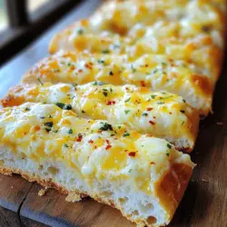 To make Easy Cheesy Garlic Bread, gather these key ingredients: - 1 large French baguette or Italian loaf - 1/2 cup unsalted butter, softened - 4 cloves garlic, minced - 1 teaspoon dried oregano - 1 teaspoon dried parsley - 1 cup shredded mozzarella cheese - 1/2 cup grated Parmesan cheese - Salt to taste You can boost the flavor with these optional ingredients: - Red pepper flakes for a spicy kick - Fresh herbs like basil or chives for extra freshness - A drizzle of olive oil for richness Choosing the right bread makes a big difference. I suggest using a French baguette or Italian loaf. These breads have a nice crust and soft inside. Look for bread that is fresh and slightly crusty. This helps hold the butter and cheese well. Avoid soft sandwich bread; it won't give you the same crunch. Fresh bread also adds to the overall taste. When in doubt, ask your baker for the best option. Making easy cheesy garlic bread is simple. Gather your ingredients first. You will need a large French baguette or Italian loaf, butter, garlic, and cheeses. Also, have some herbs ready. This prep will make your cooking quick and fun. 1. Preheat your oven to 400°F (200°C). This step is key for a nice bake. 2. Mix your garlic butter: In a bowl, combine softened butter with minced garlic, oregano, parsley, and salt. Stir until smooth. 3. Slice the bread: Take your baguette and cut it in half lengthwise. You want two long pieces. 4. Spread the butter mixture evenly over the cut sides of the bread. Make sure to cover it well. 5. Add the cheeses: Sprinkle mozzarella and Parmesan on top of the butter. 6. Optional spice: If you like heat, add red pepper flakes now. 7. Prepare for baking: Place the bread halves on a lined baking sheet. 8. Bake in the oven for 10-12 minutes. Look for bubbly, golden cheese. 9. Cool and slice: Once out of the oven, let it cool a bit. Then, cut into slices to serve. - Use fresh ingredients for the best flavor. Fresh garlic beats powder every time. - Don’t skip the herbs; they add depth. Oregano and parsley work well together. - Keep an eye on the bread as it bakes. Ovens can vary, and you want it golden, not burnt. - For extra crispness, broil for the last minute. Just watch it closely! - Serve warm for the best taste. Garlic bread is best fresh out of the oven. Try these steps for delicious, cheesy garlic bread. Enjoy your creation! If you want more details, check the Full Recipe. To make your cheesy garlic bread pop, think about adding layers of flavor. Here are some ideas: - Herbs: Fresh herbs like basil or thyme can boost taste. - Cheese Mix: Try blending different cheeses like cheddar or gouda. - Garlic Infusion: Cook garlic in olive oil before mixing it into the butter. - Salt & Spice: A sprinkle of sea salt or chili flakes can add a nice kick. Even simple recipes can have pitfalls. Here are mistakes to steer clear of: - Too Much Butter: Using too much butter can make the bread soggy. - Underbaking: Not baking long enough can leave cheese un-melted. - Skipping Herbs: Forgetting herbs can make the flavor dull. - Wrong Bread: Using the wrong type of bread can change the texture. Garlic bread is great on its own, but it pairs well with various dishes. Here are some serving ideas: - With Pasta: Serve it alongside your favorite pasta for a classic meal. - As a Snack: Cut it into small pieces for a tasty snack. - With Soup: Garlic bread complements soups like tomato or minestrone. - Topped with Dips: Consider serving it with marinara or hummus for extra flavor. For more details, check the Full Recipe section. {{image_2}} You can mix up the cheeses in this recipe. Try using cheddar for a sharp taste. Gouda adds a nice smoky flavor. For a creamy touch, use fontina. Each cheese changes the flavor and makes it fun. Let your creativity shine! Add fresh herbs like basil or chives for a fresh twist. Chopped sun-dried tomatoes give a burst of flavor. You can even add cooked bacon bits for a savory crunch. Don't be afraid to explore your pantry. If you want a twist on the classic, try different breads. Ciabatta offers a chewy texture. Sourdough brings a tangy taste. You can even use pita bread for mini bites. Each option brings its own unique flavor to your garlic bread. After enjoying your cheesy garlic bread, you might have some left. To store it, wrap the leftover bread in foil or plastic wrap. This helps keep it fresh. You can also place it in an airtight container. Store it in the fridge for up to three days. To reheat your garlic bread, set the oven to 350°F (175°C). Place the bread on a baking sheet. Heat for about 10 minutes. This makes the bread warm and the cheese melty again. You can also use a toaster oven. Just watch it closely so it doesn't burn. If you want to save your garlic bread for later, freezing is a great option. First, let it cool completely. Wrap each piece tightly in plastic wrap, then in foil. This keeps it safe from freezer burn. You can freeze it for up to three months. To eat, thaw it in the fridge overnight before reheating. For best taste, follow the full recipe after reheating. To make garlic bread from scratch, you need a few simple items. Start with a loaf of bread, like a French baguette. Mix softened butter with minced garlic, some herbs, and salt. Then, spread this mixture on the cut sides of the bread. Add cheese on top and bake. It's that easy! Yes, you can use garlic powder instead of fresh garlic. Use about 1/4 teaspoon of garlic powder for each clove of fresh garlic. The flavor will be different but still tasty. Fresh garlic gives a stronger taste, while garlic powder is milder. To make garlic bread crispy, bake it at a high temperature. Preheat your oven to 400°F (200°C). This helps the outside get crunchy while keeping the inside soft. You can also toast the bread for a few minutes after baking to add extra crispness. Garlic bread pairs well with many dishes. Serve it with pasta, soups, or salads. It also makes a great side for pizza. You can enjoy it as a snack or appetizer. The options are endless! Check out the Full Recipe for Easy Cheesy Garlic Bread. This dish is quick and simple to make. It requires just a few ingredients, like a French baguette, butter, garlic, and cheese. Follow the steps to enjoy this delicious treat! In this guide, we covered the must-have ingredients and their flavor boosts. You learned step-by-step how to prepare and bake delicious garlic bread. We discussed tips to enhance taste and avoid common mistakes, plus fun variations and storage advice. This simple recipe brings joy to any meal. Try it out, share it with friends, and enjoy!