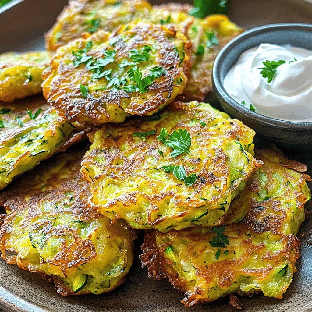 To make crispy zucchini fritters, gather these ingredients: - 2 medium zucchinis, grated - 1 teaspoon salt - 1/2 cup all-purpose flour - 1/4 cup grated Parmesan cheese - 1/4 cup fresh parsley, finely chopped - 1 large egg, beaten - 1/4 teaspoon black pepper - 1/4 teaspoon garlic powder - Vegetable oil for frying Using fresh ingredients is key for great taste. Fresh zucchinis have a crisp texture and bright flavor. The salt helps to draw out moisture, making your fritters crispy. Fresh parsley adds a burst of color and flavor. Grated Parmesan provides a rich, savory taste. Always choose the best ingredients for the best results. If you need substitutions, here are some options: - For gluten-free fritters, use almond flour or a gluten-free mix. - Swap Parmesan with feta or another cheese for a different taste. - No fresh parsley? Dried herbs like oregano or thyme work too. - Use egg replacements like flaxseed or applesauce for vegan fritters. Feel free to mix and match these ingredients for your perfect fritter! Check out the Full Recipe for more details on making these tasty bites. Start by grating the zucchinis. Use a box grater or a food processor. Place the grated zucchini in a colander. Sprinkle it with salt. Let it sit for about 15 minutes. This draws out extra moisture. After 15 minutes, take a clean kitchen towel. Squeeze the zucchini to remove the water. This step is key for crispy fritters. In a mixing bowl, add the drained zucchini. Next, pour in the flour and Parmesan cheese. Add the chopped parsley for flavor. Crack in one beaten egg. Sprinkle in black pepper and garlic powder. Mix everything together until it's well combined. You want a thick batter that holds together. Heat about 1/4 inch of vegetable oil in a large skillet. Set the heat to medium. Once the oil is hot, spoon about 2 tablespoons of the batter into the skillet. Flatten the fritters slightly with the back of the spoon. Cook them for about 3-4 minutes on each side. They should turn golden brown and crispy. After frying, place them on a paper towel-lined plate. This helps soak up extra oil. Repeat this process until all the mixture is cooked. Serve warm and enjoy your crispy zucchini fritters! For the full recipe, check the details above. To make your fritters crispy, start with dry zucchini. Grate your zucchinis and sprinkle salt on them. Let them sit for 15 minutes. This step draws out extra moisture. After that, squeeze them well using a clean towel. The drier the zucchini, the crispier the fritters will be. Use a good amount of oil when frying. Heat the oil until it is hot but not smoking. This helps create a nice golden crust. Fry them in batches to avoid crowding the pan. Each fritter needs space to crisp up evenly. One common mistake is not draining the zucchini enough. If they're too wet, your fritters will be soggy. Always squeeze out excess moisture. Another mistake is using too much flour. This can make the fritters dense. Use just enough flour to bind the mixture. Also, be careful with the heat. If it's too low, they may absorb oil and become greasy. If it's too high, they can burn quickly. Aim for medium heat for the best results. Crispy zucchini fritters taste great on their own but pair well with dips. Sour cream or yogurt adds a cool touch. You can also try a spicy salsa for a kick. Fresh herbs like dill or basil enhance the flavor. Serve fritters warm for the best taste. For a fun twist, serve them with a light salad. The freshness of the salad balances the fritters. This adds color and nutrition to your meal. You can find the full recipe above to guide you in making these tasty delights! {{image_2}} You can easily adapt this dish for vegetarians or vegans. To make it vegan, replace the egg with a flaxseed egg. To do this, mix 1 tablespoon of ground flaxseed with 3 tablespoons of water. Let it sit for about 5 minutes. It will thicken and act as a binder. This swap works well and keeps your fritters together. You can also use a plant-based cheese instead of Parmesan for a dairy-free option. Boost the flavor of your fritters by adding different ingredients. Try mixing in chopped green onions or bell peppers for a pop of color. You could also add spices like cayenne pepper or smoked paprika for a kick. Fresh herbs like dill or cilantro can add brightness. Experiment with these add-ins to find your favorite combo. Each will bring a new twist to the dish. Crispy zucchini fritters pair wonderfully with many sides. Try serving them with a fresh salad topped with lemon vinaigrette. A yogurt dip or tzatziki is also a great choice. They can even complement hearty soups, like tomato or butternut squash. If you want a fun twist, serve them in a sandwich with your favorite toppings. These fritters are versatile and can fit into any meal. For the full recipe, check out the [Full Recipe]. After enjoying your crispy zucchini fritters, you may have some left. To store them, let them cool completely. Place them in an airtight container. You can keep them in the fridge for up to 3 days. If you want to keep them longer, freezing is a great option. Reheating fritters can be tricky. To keep them crispy, use the oven. Preheat your oven to 375°F. Lay the fritters on a baking sheet in a single layer. Bake for about 10 minutes, flipping halfway. This method helps them regain their crunch. If you want to freeze your fritters, follow these steps. First, let them cool completely. Next, place them in a single layer on a baking sheet. Freeze them for about an hour. Once frozen, transfer them to a freezer bag. They can last up to 3 months. When you are ready to eat, just reheat them from frozen using the oven. This keeps them tasty and crispy. For the full recipe, check the Crispy Zucchini Fritters section above. To make zucchini fritters crispy, you need to remove moisture. Grate the zucchinis and sprinkle them with salt. Let them sit for about 15 minutes. This step pulls out excess water. After that, use a clean towel to squeeze the zucchini dry. The less moisture, the crispier the fritters will be. Use enough oil for frying. Cook them in hot oil for a golden finish. Yes, you can use other vegetables! Carrots, onions, or even spinach work well. Just ensure they have a similar texture. Grate or finely chop them like the zucchini. Keep in mind to drain any extra moisture. This helps keep the fritters crispy. Mix these veggies with the same batter for tasty results. Crispy zucchini fritters pair well with several dips. Try sour cream or yogurt for a creamy touch. A simple tomato sauce adds a nice zing. You can also serve them with a fresh salad. The crunch of the fritters complements the crispness of salad greens. For a burst of flavor, add a squeeze of lemon on top. For the complete recipe, check out the Full Recipe. In this post, I covered how to make crispy zucchini fritters. We explored key ingredients, stressing the value of fresh produce. I also discussed ingredient swaps for flexibility. You learned step-by-step instructions for prep, mixing, and cooking. To make the fritters extra crispy, avoid common mistakes I shared. I provided serving ideas and variations to spice things up. Lastly, I included storage tips for leftovers. Enjoy experimenting with your fritters and make them your own!