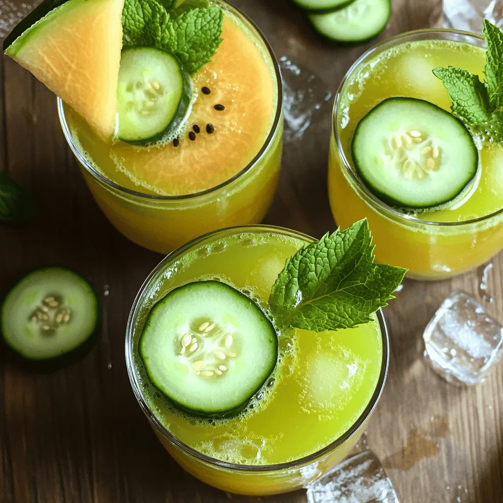 - 2 cups ripe honeydew melon, cubed - 1 large cucumber, peeled and sliced - 1 lime, juiced Honeydew melon adds a sweet, refreshing taste. Look for one that feels heavy for its size and has a slight give when pressed. Cucumber brings a cool crunch and balances the sweetness well. Choose a firm cucumber that is dark green in color. Lime juice adds a zesty kick that brightens the flavor. - 1 tablespoon honey - 1 tablespoon agave syrup You can sweeten your drink with honey or agave syrup. Honey offers a rich flavor, while agave syrup is milder. Adjust the sweetness to your liking. If you want a lighter drink, you can skip the sweetener altogether. - 2 cups sparkling water - Fresh mint leaves for garnish - Ice cubes Sparkling water adds fizz, making this drink extra refreshing. Use club soda if you prefer. Mint leaves not only look pretty but also give a burst of aroma. Ice cubes keep your drink chilled, so it’s perfect for hot days. For the full recipe, check out the Honeydew Cucumber Cooler section! First, we need to cube the honeydew melon. Take a ripe honeydew and cut it in half. Scoop out the seeds and discard them. Cut the melon into quarters, then slice each quarter into cubes. Aim for about 2 cups of cubed honeydew. Next, we will peel and slice the cucumber. Take a large cucumber and peel off the skin. Cut the cucumber in half lengthwise, then slice it into thin pieces. This will add a nice crunch to our drink. Now it’s time to combine our ingredients in the blender. Add the honeydew cubes, sliced cucumber, lime juice, and honey or agave syrup into the blender. Blend everything until it’s smooth. Make sure there are no chunks left. This step is key for a refreshing drink that goes down easy. To make our drink extra smooth, we will strain the mixture. Use a fine mesh sieve and pour the blended mixture into a large pitcher. This will catch any pulp and give you a silky texture. After straining, fill your glasses halfway with ice cubes. Pour the honeydew cucumber mixture over the ice until the glass is about two-thirds full. Finally, top it off with sparkling water to add fizz. Stir gently to mix everything together. Don’t forget to garnish with fresh mint leaves and a slice of cucumber or honeydew on the rim. This adds a lovely touch! Check out the Full Recipe for more details on making this delicious drink. To make the best honeydew cucumber cooler, start by selecting ripe honeydew. Look for melons that feel heavy and smell sweet. The skin should be smooth and slightly yellow. A good honeydew will be firm but not hard. Next, adjust sweetness levels to suit your taste. You can add more honey or agave syrup if you prefer a sweeter drink. Taste the mixture before serving to ensure it meets your liking. Garnishing adds a fun touch to your drink. Use fresh mint leaves for a splash of color and flavor. You can also slice cucumber or honeydew and place it on the rim of the glass. This not only looks nice but also gives a hint of the fresh flavors inside. Try adding edible flowers for a more creative touch. They make your drink pop and impress your guests. If you want to prepare this drink in advance, you can blend the mixture and store it. Keep the blended mixture in the fridge for up to 24 hours. Just remember to stir it well before serving. Avoid adding the sparkling water until you're ready to serve. This keeps the fizz fresh and exciting. You can make ice cubes from the leftover mixture too. This way, your drink stays cold without getting watered down. For the complete recipe, check the Full Recipe section. {{image_2}} You can jazz up your Honeydew Cucumber Cooler with extra flavors. Adding ginger gives a nice kick. Use fresh ginger slices or ginger juice. Mint is another great choice. It adds a fresh touch that pairs well with honeydew. You can also blend in other fruits. Try adding berries or pineapple for a fruity twist. Each fruit brings its own taste, making your drink unique. Want to make this drink more festive? You can turn it into an alcoholic treat. Adding vodka is a simple way to do this. Just mix one to two ounces with your drink. This creates a refreshing cocktail. For more fun, you can create a cocktail variation. Try adding some triple sec or gin for new flavors. Always remember to drink responsibly and serve to those of legal age. Using seasonal fruits and herbs makes this drink even better. In summer, fresh berries taste amazing. In fall, consider using apples or pears. You can change the herbs too. Basil or rosemary can add a new twist. Adjustments for different seasons keep the drink exciting. No matter the time of year, there's always a way to enjoy this cooler. For the full recipe, check out the details above! To keep your Honeydew Cucumber Cooler fresh, refrigerate it right away. Pour any leftovers into a sealed container. This drink tastes best when fresh, but you can store it for up to three days. The lime juice helps keep flavors bright. You can freeze this drink in ice cube trays. Pour the blended mix into the trays and freeze until solid. These ice cubes are great for adding to future drinks. You can also make smoothie popsicles. Just blend the mixture again, pour it into popsicle molds, and freeze. To maintain the flavor, store the drink without ice. Ice can water it down and change the taste. If you notice separation, just give it a good shake before serving. Adding fresh mint just before serving keeps the drink vibrant and aromatic. Yes, you can use other melons! Cantaloupe works great as a substitute. Its sweet flavor gives a nice twist. Watermelon is another option. It adds a refreshing taste. Just remember, each melon has a unique flavor. Adjust the sweetness as needed. Absolutely! This drink is great for kids. It is full of vitamins and minerals. Honeydew melon is hydrating and low in calories, which is perfect for kids. Cucumber helps keep them cool. Plus, it tastes yummy! You can feel good serving this drink to children. To make this drink vegan, simply swap honey for agave syrup. Agave is plant-based and works well. You can also skip any dairy if you choose to add cream. This keeps the drink light and refreshing, fitting for a vegan diet. Yes, you can prepare this drink without a blender! Just mash the honeydew and cucumber in a bowl. Use a fork to break them down. Then, mix in the lime juice and sweetener. Strain it to get rid of solids, then add sparkling water. Honeydew and cucumber offer many health benefits. Honeydew is rich in vitamin C and hydration. It helps support your immune system. Cucumber is low in calories and high in fiber. It aids in digestion and keeps you feeling full. Together, they make a refreshing and healthy drink. This blog post guides you through a refreshing drink recipe. We covered the key ingredients like honeydew melon, cucumber, and lime, and sweetener options like honey or agave. You learned how to prepare, blend, and serve the drink, as well as tips to enhance flavor and visual appeal. Consider trying different flavors or making variations for any season. Remember, fresh ingredients yield the best taste. Enjoy this drink with friends or family, knowing it's healthy and satisfying.