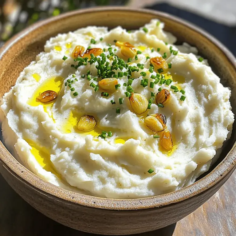 - 1 large head of cauliflower, chopped into florets - 1 whole bulb of garlic - 2 tablespoons olive oil - ¼ cup unsweetened almond milk (or regular milk) - 2 tablespoons butter (or vegan butter) - Salt and pepper to taste - 1 tablespoon fresh chives, chopped (for garnish) When I create this roasted garlic mashed cauliflower, I focus on fresh ingredients. The cauliflower is key. Choose a large head with tight florets. A whole bulb of garlic brings a rich flavor. Roasting garlic makes it sweet and mellow. Olive oil adds a nice touch of healthy fat. The almond milk keeps it creamy. Butter gives it a rich taste, but you can use vegan butter if you prefer. Salt and pepper are important for flavor, so don’t skip them. Fresh chives on top look great and add a pop of flavor. - Baking sheet - Aluminum foil - Large pot - Potato masher or immersion blender - Mixing bowl Using the right tools makes this recipe easier. A baking sheet helps roast the garlic evenly. Aluminum foil keeps the garlic moist while it cooks. You’ll need a large pot to boil the cauliflower. A potato masher or immersion blender will help you achieve that smooth texture. Finally, a mixing bowl is essential for combining everything. For the full details, check out the Full Recipe. Enjoy your cooking! - Preheat your oven to 400°F (200°C). - Take a whole bulb of garlic and slice off the top. Drizzle with 1 tablespoon of olive oil. Wrap it in aluminum foil and place it on a baking sheet. This makes the garlic soft and sweet. - In a large pot, boil salted water. - Add cauliflower florets and cook until they are tender, about 10-12 minutes. You want them soft enough to mash easily. - Drain the cooked cauliflower and put it in a large mixing bowl. - Squeeze the roasted garlic cloves from their skins into the bowl. You can use as many cloves as you like. - Add the remaining tablespoon of olive oil, almond milk, and butter to the bowl. - Mash everything together until creamy and smooth. If you want it creamier, add more almond milk. - Season your mash with salt and pepper to taste. - Transfer the mashed cauliflower to a serving dish. Garnish with chopped chives before serving. Enjoy this dish warm! For the full recipe, check out the details above. When selecting cauliflower, look for a large head with tight florets. The florets should be firm and white with no brown spots. This ensures the best taste and texture. Roasting garlic adds a sweet touch. If you prefer a milder garlic flavor, use fewer cloves. Start with two or three and taste as you go. You can always add more roasted garlic if you want a stronger flavor. For creamy mashed cauliflower, almond milk works great. Start with a quarter cup and add more if needed. If you want a chunkier texture, mash it less and leave some pieces whole. For a smoother mash, use an immersion blender or mash longer until creamy. Serve your roasted garlic mashed cauliflower in a rustic bowl. Drizzle it with a bit of olive oil for shine. Top with fresh chives for a pop of color. You can also pair it with your favorite protein or serve it as a standalone dish for a satisfying meal. {{image_2}} You can easily make this dish even better for you! For a lighter touch, swap almond milk with unsweetened coconut milk. Use vegetable broth for extra flavor. Instead of butter, try using avocado or extra virgin olive oil. If you want a low-carb option, skip the milk. The mash will still be creamy with just the garlic and olive oil. To boost the taste, add herbs like rosemary or thyme. These herbs give a fresh twist to the dish. You can also sprinkle in spices like paprika or cumin. These spices add warmth and depth, making it more exciting. Want a richer flavor? Mix in cheese like Parmesan or goat cheese. This adds a creamy twist and more taste. You can also blend the cauliflower with other veggies. Carrots or spinach work great for added nutrition and color. This way, you can enjoy a tasty and healthy meal! For the complete recipe, check the [Full Recipe]. To keep your roasted garlic mashed cauliflower fresh, store leftovers in an airtight container. This helps lock in moisture and flavor. Place the container in the fridge. Use it within three to five days for the best taste. You can freeze mashed cauliflower for later meals. Allow it to cool completely before putting it in a freezer-safe container. Seal tightly to prevent freezer burn. To thaw, move it to the fridge overnight. Reheat in a pot over low heat, stirring often. You can also use a microwave for quick reheating. In the fridge, roasted garlic mashed cauliflower lasts about three to five days. For freezing, it can last up to three months. Watch for signs of spoilage like off smells or discoloration. If it looks or smells bad, it’s best to toss it. Enjoy your meal with confidence! To make this dish vegan, simply swap out any animal products. Use vegan butter instead of regular butter. For the milk, choose unsweetened almond milk or any other plant-based milk. These swaps keep the dish creamy and flavorful while making it plant-based. Yes, you can use frozen cauliflower. However, you need to adjust the cooking time. Frozen cauliflower may take a bit longer to cook. Boil it until it's tender, about 12-15 minutes. Drain well to avoid extra water in your mash. This dish pairs well with many mains. Try it alongside grilled chicken, roasted salmon, or a hearty vegetable stir-fry. It also makes a great side for meatloaf or pork chops. For a lighter option, serve it with a fresh salad. Making roasted garlic mashed cauliflower takes about 50 minutes in total. You'll need about 10 minutes to prep. Cooking the cauliflower and garlic will take around 30 minutes. Then, mashing and seasoning will take the last 10 minutes. Absolutely! There are many ways to customize the flavor. You can mix in fresh herbs like rosemary or parsley. For a spicy kick, add red pepper flakes. Incorporating cheese like Parmesan can also enhance creaminess and flavor. Roasted garlic mashed cauliflower is a tasty dish you can easily make. First, I shared ingredients and tools you'll need. Then, I detailed simple steps for preparation and cooking. I also gave tips for flavor, consistency, and presentation. Plus, I included variations for health and taste. Finally, I covered how to store leftovers. This dish is both healthy and delicious, perfect for any meal. Enjoy the creamy texture and rich flavor you create!