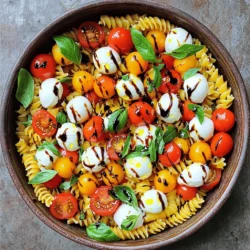 To make a tasty Easy Caprese Pasta Salad, you need simple and fresh ingredients. Here’s what you will need: - 8 oz. rotini pasta - 1 cup cherry tomatoes, halved - 1 cup fresh mozzarella balls (bocconcini) - 1/4 cup fresh basil leaves, torn - 3 tablespoons balsamic glaze - 2 tablespoons extra virgin olive oil - Salt and pepper to taste These ingredients come together to create a vibrant dish. The rotini pasta holds sauce well, and the cherry tomatoes add a sweet burst. Fresh mozzarella gives a creamy texture, while basil brings a lovely aroma. The balsamic glaze and olive oil finish the salad with flavor. This combination makes each bite refreshing and delightful. If you want the full recipe, check out the [Full Recipe]. To cook rotini pasta perfectly, I follow the package instructions. Bring a pot of water to a boil, add salt, then add the rotini. Cook it for about 8-10 minutes until it is al dente. This means it should be firm to the bite. After cooking, drain the pasta in a colander. Rinsing it with cold water helps cool it down. This step stops the cooking process and keeps the pasta from sticking together. In a large mixing bowl, I combine the cooked rotini, halved cherry tomatoes, and fresh mozzarella balls. I like using bocconcini for their creamy texture. Next, I add the torn basil leaves. This adds a fresh taste that is key to the salad. I drizzle balsamic glaze and extra virgin olive oil over the salad. This combination gives a rich flavor. Then, I gently toss everything together to coat each piece. It’s important not to mash the mozzarella. I let the salad chill in the fridge for about 15 to 30 minutes. This time allows the flavors to meld together nicely. You can serve it chilled or at room temperature. For a nice touch, I like to garnish with extra basil leaves. Enjoy this refreshing dish! For the full recipe, check out the earlier section. To make your Easy Caprese Pasta Salad pop, add some extra seasonings. Fresh garlic or a pinch of red pepper flakes can bring a nice kick. If you love citrus, a squeeze of fresh lemon juice adds brightness. Fresh herbs like parsley or oregano can also enhance the dish. Try mixing in these herbs to see what you like best! Meal prep works great for this salad. Cook your pasta and chop the veggies in advance. Store them in the fridge until you are ready to mix. To keep the salad fresh, add the balsamic glaze just before serving. This keeps the pasta from getting soggy. This salad pairs well with grilled chicken or shrimp for a full meal. You can also serve it as a side dish at a barbecue. For a fun presentation, layer the salad in a clear bowl. This way, everyone can see the colorful ingredients. Garnish with extra basil leaves for a nice touch! {{image_2}} You can make this salad even better by adding seasonal vegetables. In summer, fresh zucchini or bell peppers work great. In fall, try roasted butternut squash. These veggies add color and taste. A mix of flavors makes each bite exciting. You can also add fresh corn or peas in spring for a sweet crunch. If you're gluten-free, use gluten-free pasta. Many brands make pasta that tastes just as good. For a vegan option, swap out the mozzarella for a plant-based cheese. There are many great vegan mozzarella brands now. This way, everyone can enjoy the salad without worry. Want to mix it up? Try adding Mediterranean flavors. Kalamata olives or artichoke hearts can give it a nice twist. You can also add a kick with red pepper flakes or a splash of hot sauce. These additions can create a spicy version of the salad. Don’t be afraid to experiment! Each new ingredient can change the whole dish. To store any leftovers, place them in an airtight container. This keeps the salad fresh. You can also cover the bowl with plastic wrap. It’s best to eat the salad within three days. For storage, glass or plastic containers work well. I prefer glass because it doesn’t stain. Make sure the lid fits tightly to keep air out. This way, the flavors stay bright and fresh. Can you freeze Caprese salad? I do not recommend freezing it. The fresh tomatoes and mozzarella can become soggy. Freezing may change the texture of the salad. If you still want to freeze it, place the salad in a freezer-safe container. When you’re ready to eat, thaw it in the fridge overnight. Serve it cold for the best taste. Caprese pasta salad can last 3 to 5 days in the fridge. Store it in an airtight container. If you notice any changes in color or smell, toss it out. Yes, you can use many pasta shapes. Try penne, fusilli, or farfalle. Each shape holds the dressing and ingredients differently, which can change the taste and texture. Caprese salad is quite healthy. It has fresh tomatoes, mozzarella, and basil. These ingredients offer vitamins and good fats. A serving has about 300 calories, depending on the dressing. In this blog post, we covered a delicious Caprese pasta salad. We explored the key ingredients, from rotini pasta to fresh basil. I shared step-by-step instructions to cook and mix everything right. You also learned tips for enhancing flavor and making the salad ahead. Variations let you tailor this dish to your taste or diet. Finally, I provided storage tips to keep leftovers fresh. Enjoy making this salad, and have fun trying new twists! Your kitchen can be a place for creativity.