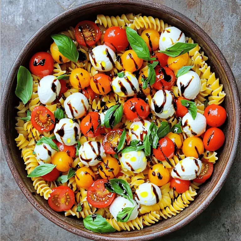 To make a tasty Easy Caprese Pasta Salad, you need simple and fresh ingredients. Here’s what you will need: - 8 oz. rotini pasta - 1 cup cherry tomatoes, halved - 1 cup fresh mozzarella balls (bocconcini) - 1/4 cup fresh basil leaves, torn - 3 tablespoons balsamic glaze - 2 tablespoons extra virgin olive oil - Salt and pepper to taste These ingredients come together to create a vibrant dish. The rotini pasta holds sauce well, and the cherry tomatoes add a sweet burst. Fresh mozzarella gives a creamy texture, while basil brings a lovely aroma. The balsamic glaze and olive oil finish the salad with flavor. This combination makes each bite refreshing and delightful. If you want the full recipe, check out the [Full Recipe]. To cook rotini pasta perfectly, I follow the package instructions. Bring a pot of water to a boil, add salt, then add the rotini. Cook it for about 8-10 minutes until it is al dente. This means it should be firm to the bite. After cooking, drain the pasta in a colander. Rinsing it with cold water helps cool it down. This step stops the cooking process and keeps the pasta from sticking together. In a large mixing bowl, I combine the cooked rotini, halved cherry tomatoes, and fresh mozzarella balls. I like using bocconcini for their creamy texture. Next, I add the torn basil leaves. This adds a fresh taste that is key to the salad. I drizzle balsamic glaze and extra virgin olive oil over the salad. This combination gives a rich flavor. Then, I gently toss everything together to coat each piece. It’s important not to mash the mozzarella. I let the salad chill in the fridge for about 15 to 30 minutes. This time allows the flavors to meld together nicely. You can serve it chilled or at room temperature. For a nice touch, I like to garnish with extra basil leaves. Enjoy this refreshing dish! For the full recipe, check out the earlier section. To make your Easy Caprese Pasta Salad pop, add some extra seasonings. Fresh garlic or a pinch of red pepper flakes can bring a nice kick. If you love citrus, a squeeze of fresh lemon juice adds brightness. Fresh herbs like parsley or oregano can also enhance the dish. Try mixing in these herbs to see what you like best! Meal prep works great for this salad. Cook your pasta and chop the veggies in advance. Store them in the fridge until you are ready to mix. To keep the salad fresh, add the balsamic glaze just before serving. This keeps the pasta from getting soggy. This salad pairs well with grilled chicken or shrimp for a full meal. You can also serve it as a side dish at a barbecue. For a fun presentation, layer the salad in a clear bowl. This way, everyone can see the colorful ingredients. Garnish with extra basil leaves for a nice touch! {{image_2}} You can make this salad even better by adding seasonal vegetables. In summer, fresh zucchini or bell peppers work great. In fall, try roasted butternut squash. These veggies add color and taste. A mix of flavors makes each bite exciting. You can also add fresh corn or peas in spring for a sweet crunch. If you're gluten-free, use gluten-free pasta. Many brands make pasta that tastes just as good. For a vegan option, swap out the mozzarella for a plant-based cheese. There are many great vegan mozzarella brands now. This way, everyone can enjoy the salad without worry. Want to mix it up? Try adding Mediterranean flavors. Kalamata olives or artichoke hearts can give it a nice twist. You can also add a kick with red pepper flakes or a splash of hot sauce. These additions can create a spicy version of the salad. Don’t be afraid to experiment! Each new ingredient can change the whole dish. To store any leftovers, place them in an airtight container. This keeps the salad fresh. You can also cover the bowl with plastic wrap. It’s best to eat the salad within three days. For storage, glass or plastic containers work well. I prefer glass because it doesn’t stain. Make sure the lid fits tightly to keep air out. This way, the flavors stay bright and fresh. Can you freeze Caprese salad? I do not recommend freezing it. The fresh tomatoes and mozzarella can become soggy. Freezing may change the texture of the salad. If you still want to freeze it, place the salad in a freezer-safe container. When you’re ready to eat, thaw it in the fridge overnight. Serve it cold for the best taste. Caprese pasta salad can last 3 to 5 days in the fridge. Store it in an airtight container. If you notice any changes in color or smell, toss it out. Yes, you can use many pasta shapes. Try penne, fusilli, or farfalle. Each shape holds the dressing and ingredients differently, which can change the taste and texture. Caprese salad is quite healthy. It has fresh tomatoes, mozzarella, and basil. These ingredients offer vitamins and good fats. A serving has about 300 calories, depending on the dressing. In this blog post, we covered a delicious Caprese pasta salad. We explored the key ingredients, from rotini pasta to fresh basil. I shared step-by-step instructions to cook and mix everything right. You also learned tips for enhancing flavor and making the salad ahead. Variations let you tailor this dish to your taste or diet. Finally, I provided storage tips to keep leftovers fresh. Enjoy making this salad, and have fun trying new twists! Your kitchen can be a place for creativity.