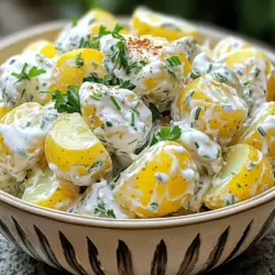 - 2 pounds baby potatoes - 1 cup plain Greek yogurt - 1/2 cup mayonnaise - 2 tablespoons Dijon mustard - 1 tablespoon apple cider vinegar - 1/2 teaspoon garlic powder - 1/2 teaspoon smoked paprika - Salt and pepper to taste - 1 cup celery, finely diced - 1/2 cup red onion, finely diced - 1/4 cup fresh parsley, chopped - 1/4 cup fresh chives, chopped For this classic potato salad, I love to use baby potatoes. They cook faster and taste great. The creamy dressing comes from Greek yogurt and mayonnaise. This mix gives the salad a rich flavor without being too heavy. Dijon mustard adds a nice kick, while apple cider vinegar brings in some tang. The seasonings are simple yet effective. Garlic powder and smoked paprika elevate the taste. Add salt and pepper to make everything pop. The veggies and herbs bring crunch and color. Celery adds a fresh bite, and red onion gives a sharp note. Fresh parsley and chives not only taste great but also make the dish look beautiful. You can find the full recipe detailed above. Enjoy making this potato salad! - Boil and Drain Potatoes: Start by placing the halved baby potatoes in a large pot. Cover them with cold water and add a pinch of salt. Bring the water to a boil. Cook the potatoes for about 15 to 20 minutes until they are fork-tender. Drain them well and set aside to cool. - Cool and Cut: Once the potatoes are cool, cut them into bite-sized pieces. This makes them easier to mix and eat. - Mixing Ingredients for Creaminess: In a large mixing bowl, combine 1 cup of plain Greek yogurt and 1/2 cup of mayonnaise. Add 2 tablespoons of Dijon mustard and 1 tablespoon of apple cider vinegar. This mix makes the dressing creamy and tangy. - Whisking Techniques: Use a whisk to blend the ingredients together. Keep whisking until you have a smooth and creamy dressing. This step is key for a uniform flavor in your salad. - Mixing Potatoes with Dressing: Once you have your dressing ready, add the cooled potatoes into the bowl. Gently stir to coat the potatoes well with the dressing. - Adding Vegetables and Seasoning: Next, add in the diced celery and red onion, along with the chopped parsley and chives. Season the salad with salt and pepper to taste. Mix everything gently until well combined. This is where all the flavors come together. Enjoy making this classic potato salad recipe. For a detailed guide, check the Full Recipe. To make your potato salad pop, try adding extra seasonings. You can use herbs like dill or basil for brightness. A splash of lemon juice can also add a nice zing. Another great tip is to let your salad chill in the fridge. This allows the flavors to blend and deepen, making each bite more delicious. When serving, choose a nice bowl that complements your meal. A white bowl makes the salad's colors stand out. For garnish, sprinkle fresh chives and parsley on top. This adds a fresh touch and makes the dish look more inviting. You can also layer the salad in a clear glass dish. This way, people see the lovely colors and textures inside. Avoid overcooking the potatoes. You want them tender but not mushy. Cook them until they are fork-tender, about 15 to 20 minutes. For the dressing, aim for a creamy consistency. The mix of Greek yogurt and mayonnaise should coat the potatoes without being too runny. This balance gives you a perfect blend of flavors and textures. For the full recipe, check out the Creamy Herb-Infused Potato Salad. {{image_2}} You can change the base of your potato salad easily. Instead of Greek yogurt, try sour cream or a vegan option like cashew cream. For mayonnaise, you might use avocado or a store-bought vegan mayo. These swaps keep the salad creamy and tasty. You can also mix up the herbs and veggies. If you like a fresh twist, add dill or tarragon. You can replace celery with bell peppers for a sweet crunch. Chopped pickles or capers add a nice zing, too. Let’s explore new flavors! For a Mediterranean twist, add olives, sun-dried tomatoes, and feta cheese. A drizzle of olive oil and a sprinkle of oregano will transport your taste buds. If you want heat, try adding diced jalapeños. They bring a spicy kick that brightens the dish. You can also mix in a bit of hot sauce if you prefer. This makes a fun variation for summer cookouts or picnics. It’s easy to make this salad fit different diets. For a vegan version, swap Greek yogurt and mayonnaise with plant-based options. Use almond or soy yogurt for creaminess. If you need gluten-free options, this recipe is already safe. Just ensure any added ingredients, like mustard or dressings, are gluten-free. This way, everyone can enjoy a scoop of classic potato salad at your next gathering. To keep your potato salad fresh, store it in the fridge. Use airtight containers to lock in flavor and prevent spills. This keeps the salad cool and tasty for longer. Aim to eat it within a few days. You can freeze potato salad, but it may change texture. To freeze, place it in a freezer-safe container. Leave some space at the top to allow for expansion. When you are ready to eat, thaw it in the fridge overnight. Refresh the salad by mixing in a bit of yogurt or mayo for creaminess. How long does it last in the fridge? Potato salad usually stays good for about 3 to 5 days when stored properly. Always check for signs of spoilage. If it smells off or has a strange color, toss it out. Better safe than sorry! To make potato salad creamy, focus on your dressing. Use a mix of Greek yogurt and mayonnaise. This combination adds richness. A touch of Dijon mustard gives extra flavor. For a smooth texture, whisk your dressing well. You can also add a splash of apple cider vinegar. This helps enhance the taste and balance the creaminess. Yes, you can make potato salad ahead of time. Prepare it a day before your event. Just keep it in the fridge. This allows the flavors to blend nicely. When ready to serve, give it a good stir. Check the seasoning and adjust if needed. This makes it easy for busy days. One common mistake is overcooking the potatoes. This can make them mushy and unappealing. Aim for fork-tender, not falling apart. Another mistake is not chilling the salad. Chilling helps the flavors develop. Lastly, avoid adding too much salt at once. Taste as you go to find the right balance. Potato salad is great with many dishes. It complements grilled meats like burgers and hot dogs. It also works well with fried chicken. For a lighter option, serve it with fresh salads. Don't forget to add some pickles or olives for a tangy twist. This adds a nice crunch to your meal. This blog post covered all you need to make a great potato salad. You learned about important ingredients, step-by-step instructions, and useful tips. Variations let you get creative, while storage tips help keep it fresh. In closing, potato salad can be simple or bold. Experiment with flavors and textures to find your perfect mix. Enjoy your cooking journey and share your tasty results!