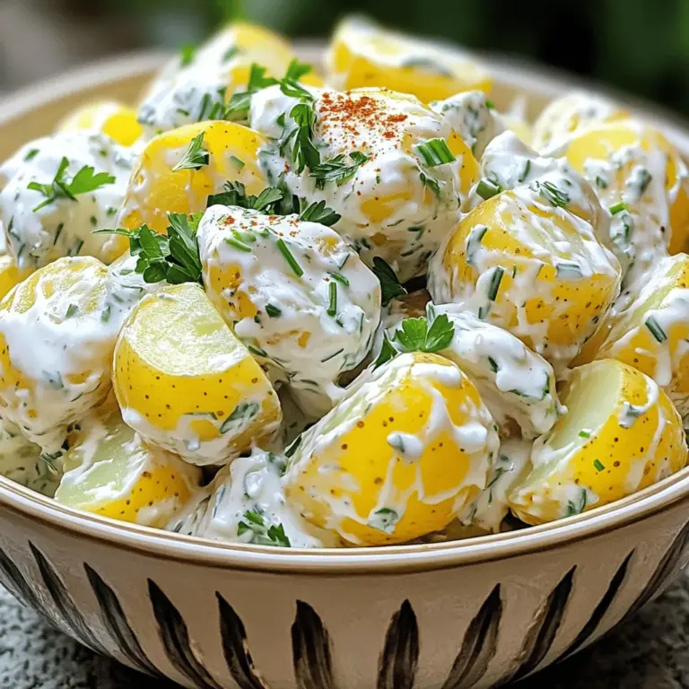 - 2 pounds baby potatoes - 1 cup plain Greek yogurt - 1/2 cup mayonnaise - 2 tablespoons Dijon mustard - 1 tablespoon apple cider vinegar - 1/2 teaspoon garlic powder - 1/2 teaspoon smoked paprika - Salt and pepper to taste - 1 cup celery, finely diced - 1/2 cup red onion, finely diced - 1/4 cup fresh parsley, chopped - 1/4 cup fresh chives, chopped For this classic potato salad, I love to use baby potatoes. They cook faster and taste great. The creamy dressing comes from Greek yogurt and mayonnaise. This mix gives the salad a rich flavor without being too heavy. Dijon mustard adds a nice kick, while apple cider vinegar brings in some tang. The seasonings are simple yet effective. Garlic powder and smoked paprika elevate the taste. Add salt and pepper to make everything pop. The veggies and herbs bring crunch and color. Celery adds a fresh bite, and red onion gives a sharp note. Fresh parsley and chives not only taste great but also make the dish look beautiful. You can find the full recipe detailed above. Enjoy making this potato salad! - Boil and Drain Potatoes: Start by placing the halved baby potatoes in a large pot. Cover them with cold water and add a pinch of salt. Bring the water to a boil. Cook the potatoes for about 15 to 20 minutes until they are fork-tender. Drain them well and set aside to cool. - Cool and Cut: Once the potatoes are cool, cut them into bite-sized pieces. This makes them easier to mix and eat. - Mixing Ingredients for Creaminess: In a large mixing bowl, combine 1 cup of plain Greek yogurt and 1/2 cup of mayonnaise. Add 2 tablespoons of Dijon mustard and 1 tablespoon of apple cider vinegar. This mix makes the dressing creamy and tangy. - Whisking Techniques: Use a whisk to blend the ingredients together. Keep whisking until you have a smooth and creamy dressing. This step is key for a uniform flavor in your salad. - Mixing Potatoes with Dressing: Once you have your dressing ready, add the cooled potatoes into the bowl. Gently stir to coat the potatoes well with the dressing. - Adding Vegetables and Seasoning: Next, add in the diced celery and red onion, along with the chopped parsley and chives. Season the salad with salt and pepper to taste. Mix everything gently until well combined. This is where all the flavors come together. Enjoy making this classic potato salad recipe. For a detailed guide, check the Full Recipe. To make your potato salad pop, try adding extra seasonings. You can use herbs like dill or basil for brightness. A splash of lemon juice can also add a nice zing. Another great tip is to let your salad chill in the fridge. This allows the flavors to blend and deepen, making each bite more delicious. When serving, choose a nice bowl that complements your meal. A white bowl makes the salad's colors stand out. For garnish, sprinkle fresh chives and parsley on top. This adds a fresh touch and makes the dish look more inviting. You can also layer the salad in a clear glass dish. This way, people see the lovely colors and textures inside. Avoid overcooking the potatoes. You want them tender but not mushy. Cook them until they are fork-tender, about 15 to 20 minutes. For the dressing, aim for a creamy consistency. The mix of Greek yogurt and mayonnaise should coat the potatoes without being too runny. This balance gives you a perfect blend of flavors and textures. For the full recipe, check out the Creamy Herb-Infused Potato Salad. {{image_2}} You can change the base of your potato salad easily. Instead of Greek yogurt, try sour cream or a vegan option like cashew cream. For mayonnaise, you might use avocado or a store-bought vegan mayo. These swaps keep the salad creamy and tasty. You can also mix up the herbs and veggies. If you like a fresh twist, add dill or tarragon. You can replace celery with bell peppers for a sweet crunch. Chopped pickles or capers add a nice zing, too. Let’s explore new flavors! For a Mediterranean twist, add olives, sun-dried tomatoes, and feta cheese. A drizzle of olive oil and a sprinkle of oregano will transport your taste buds. If you want heat, try adding diced jalapeños. They bring a spicy kick that brightens the dish. You can also mix in a bit of hot sauce if you prefer. This makes a fun variation for summer cookouts or picnics. It’s easy to make this salad fit different diets. For a vegan version, swap Greek yogurt and mayonnaise with plant-based options. Use almond or soy yogurt for creaminess. If you need gluten-free options, this recipe is already safe. Just ensure any added ingredients, like mustard or dressings, are gluten-free. This way, everyone can enjoy a scoop of classic potato salad at your next gathering. To keep your potato salad fresh, store it in the fridge. Use airtight containers to lock in flavor and prevent spills. This keeps the salad cool and tasty for longer. Aim to eat it within a few days. You can freeze potato salad, but it may change texture. To freeze, place it in a freezer-safe container. Leave some space at the top to allow for expansion. When you are ready to eat, thaw it in the fridge overnight. Refresh the salad by mixing in a bit of yogurt or mayo for creaminess. How long does it last in the fridge? Potato salad usually stays good for about 3 to 5 days when stored properly. Always check for signs of spoilage. If it smells off or has a strange color, toss it out. Better safe than sorry! To make potato salad creamy, focus on your dressing. Use a mix of Greek yogurt and mayonnaise. This combination adds richness. A touch of Dijon mustard gives extra flavor. For a smooth texture, whisk your dressing well. You can also add a splash of apple cider vinegar. This helps enhance the taste and balance the creaminess. Yes, you can make potato salad ahead of time. Prepare it a day before your event. Just keep it in the fridge. This allows the flavors to blend nicely. When ready to serve, give it a good stir. Check the seasoning and adjust if needed. This makes it easy for busy days. One common mistake is overcooking the potatoes. This can make them mushy and unappealing. Aim for fork-tender, not falling apart. Another mistake is not chilling the salad. Chilling helps the flavors develop. Lastly, avoid adding too much salt at once. Taste as you go to find the right balance. Potato salad is great with many dishes. It complements grilled meats like burgers and hot dogs. It also works well with fried chicken. For a lighter option, serve it with fresh salads. Don't forget to add some pickles or olives for a tangy twist. This adds a nice crunch to your meal. This blog post covered all you need to make a great potato salad. You learned about important ingredients, step-by-step instructions, and useful tips. Variations let you get creative, while storage tips help keep it fresh. In closing, potato salad can be simple or bold. Experiment with flavors and textures to find your perfect mix. Enjoy your cooking journey and share your tasty results!