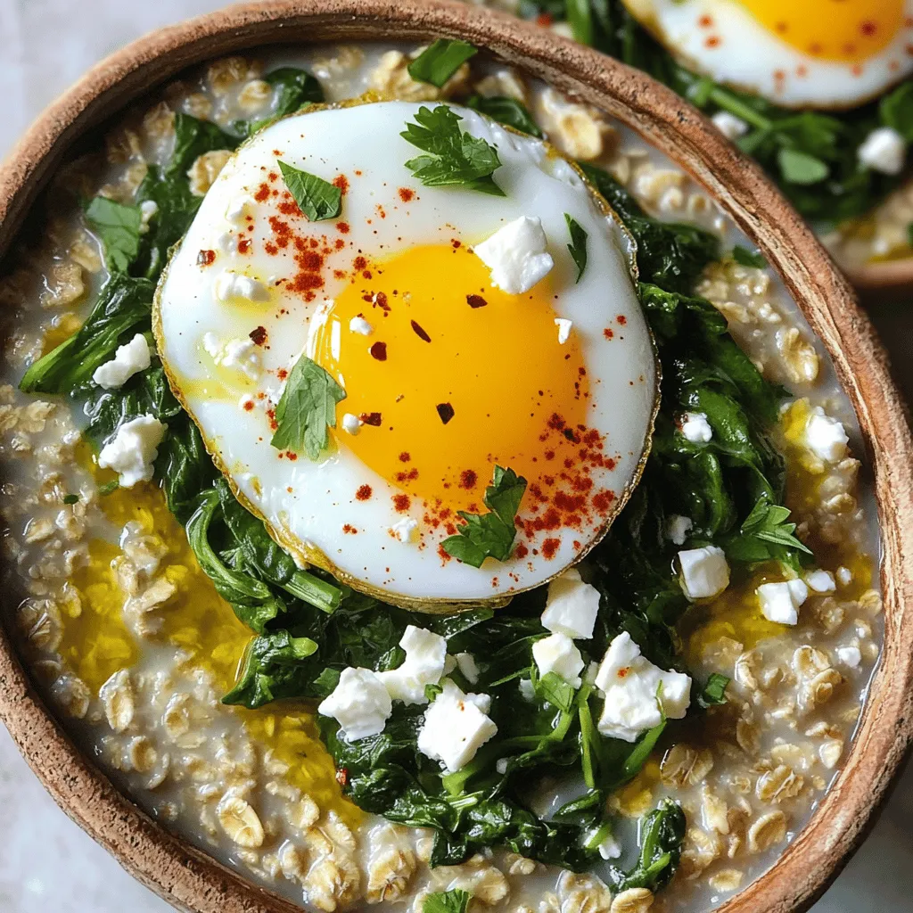 - 1 cup rolled oats - 2 cups vegetable broth - 2 cups fresh spinach, chopped - 1/2 cup feta cheese, crumbled - 2 tablespoons olive oil - 2 large eggs (optional, for topping) - 1/2 teaspoon garlic powder - 1/2 teaspoon onion powder - 1/4 teaspoon red pepper flakes (optional) To make savory oatmeal with spinach, you need simple ingredients. You start with rolled oats and vegetable broth. These oats cook fluffy and tasty. The broth adds rich flavor, making it a great base. Next, you need fresh spinach. It brings a bright color and nutrition to your dish. Plus, it cooks quickly and adds a lovely texture. Now, let’s add some fun! Crumbled feta cheese adds a creamy, salty kick. It melts slightly into the oats, making it extra delicious. Olive oil helps sauté the spinach and adds richness. If you want a protein boost, consider adding eggs on top. They can be sunny-side up or cooked your way. For seasonings, garlic powder and onion powder give depth. They make each bite savory and aromatic. If you like a little heat, add red pepper flakes. It gives a nice spicy touch. Gather these ingredients, and you're ready to create a quick and easy meal. For the full recipe, check the details in our main article. - Step 1: Bring vegetable broth to a boil in a medium saucepan. Boiling the broth adds great flavor to the oats. Use a medium heat for best results. - Step 2: Stir in oats and seasonings, then reduce heat. Add rolled oats, garlic powder, onion powder, salt, and pepper. Lower the heat and let it simmer. Cook for about 5 to 7 minutes. The oats will absorb most of the broth. - Step 1: Heat olive oil in a skillet. Use medium heat to warm the oil. This helps the spinach cook evenly. - Step 2: Add chopped spinach and sauté. Toss in the chopped spinach and sauté for 2 to 3 minutes. You want it to wilt but stay bright green. - Step 1: Combine cooked oats with spinach and feta. Mix the cooked oats with the sautéed spinach and crumbled feta. Stir well to blend flavors. - Step 2: Adjust seasoning and serve. Taste your creation. Add more salt or pepper if needed. Serve hot, and enjoy your savory oatmeal! For the full recipe, check out the detailed instructions above! - Best methods for cooking oats: Use rolled oats for a creamy texture. Cook them in vegetable broth for added flavor. Bring the broth to a boil first. Then, add the oats and seasonings. Simmer gently until they absorb most of the liquid. This takes about 5-7 minutes. - How to prevent sticking: Stir the oats often while cooking. This helps keep them from sticking to the pot. If you notice they are getting too thick, add a splash of broth or water. This keeps the oatmeal smooth and creamy. - Suggestions for additional herbs and spices: Try adding fresh herbs like basil or dill for extra taste. You can also mix in spices like cumin or paprika for warmth. These small changes can lift the flavor of your savory oatmeal. - Ideas for homemade toppings: Top your dish with a fried egg for protein. You can also add a dollop of Greek yogurt for creaminess. Sprinkle on some nuts or seeds for crunch. These toppings give each bite a new twist. - Creative bowl arrangements: Serve your savory oatmeal in deep bowls. Layer the spinach and feta on top for a colorful look. Arrange the fried egg to the side for a nice finish. Drizzle with olive oil for a shine. - Pairings with sides or drinks: Pair your oatmeal with a light salad for balance. A glass of fresh juice or herbal tea complements the meal well. This makes your breakfast or lunch feel special and complete. {{image_2}} If you're out of rolled oats, try using steel-cut oats. They offer a nutty taste but take longer to cook. For the broth, vegetable broth is best, but chicken broth works too. You can also use water if you want a lighter option. When it comes to cheese, feta adds tangy goodness, but you can swap it for cream cheese or goat cheese. Both will give your dish a creamy texture. If you want to skip the cheese, nutritional yeast can add a cheesy flavor without dairy. Want to amp up the protein? Add cooked chicken or tofu. They mix well with the oats and spinach. You can also toss in some cooked beans for a fiber boost. Try mixing in veggies like bell peppers, mushrooms, or cherry tomatoes. They give a pop of color and flavor. You can sauté them alongside the spinach for a tasty blend. For a vegan version, skip the eggs and cheese. Use almond milk instead of broth for a creamier texture. This keeps the dish plant-based and still delicious. If you're gluten-free, make sure to choose certified gluten-free oats. This small change makes the dish great for those with dietary needs. For low-carb options, use cauliflower rice instead of oats. It’s a fun and healthy twist on the classic savory oatmeal. Explore the [Full Recipe] for a complete guide to making savory oatmeal with spinach. To store leftovers, let the savory oatmeal cool first. Place it in an airtight container. This method keeps the dish fresh. Your savory oatmeal will last about 3 to 5 days in the fridge. Make sure to label the container with the date. This helps you keep track of freshness. You can freeze prepared savory oatmeal for longer storage. Portion it into individual containers for easy access. Use freezer-safe containers or bags to prevent freezer burn. When you're ready to eat it, thaw in the fridge overnight. For reheating, use the microwave or heat on the stove. Add a splash of broth to keep it moist and creamy. To prepare in advance, cook a big batch of savory oatmeal. You can store it in the fridge or freezer. Consider keeping components separate. Store oats, spinach, and toppings in different containers. This way, you can mix and match for busy days. You can also cook oats and spinach together, then add toppings when ready to eat. This keeps flavors fresh and vibrant. Yes, you can. Use nutritional yeast for a cheesy flavor. It adds a nutty taste and is vegan. You can also try cashew cream or mashed avocado. Both give a rich texture. For extra flavor, add spices like smoked paprika or a splash of lemon juice. These will keep your dish bright and tasty. This dish is quick! Prep time takes about 5 minutes. Cook time is around 10 minutes. So, your total time is just 15 minutes. You can enjoy your meal in no time. This makes it perfect for busy mornings or a fast lunch. Absolutely! You can mix in other veggies. Try diced tomatoes, bell peppers, or mushrooms. Broccoli and kale work well, too. Just sauté them with the spinach. This adds color and nutrients. Get creative with what you have on hand. Use whatever you love! Savory oatmeal can be healthier. It often packs more nutrients. Savory oats use fresh veggies and healthy fats. This helps keep you full longer. Sweet oatmeal may have added sugars. Savory options often have less sugar and more fiber. They can support better blood sugar levels. This blog post covered tasty savory oatmeal. We explored the main ingredients, cooking steps, tips, and storage options. You learned how to customize the dish with various flavors and dietary needs. Savory oatmeal is a fun and healthy choice for any meal. Experiment with ingredients to find your perfect mix. Try it out and enjoy healthy, delicious meals tailored just for you.