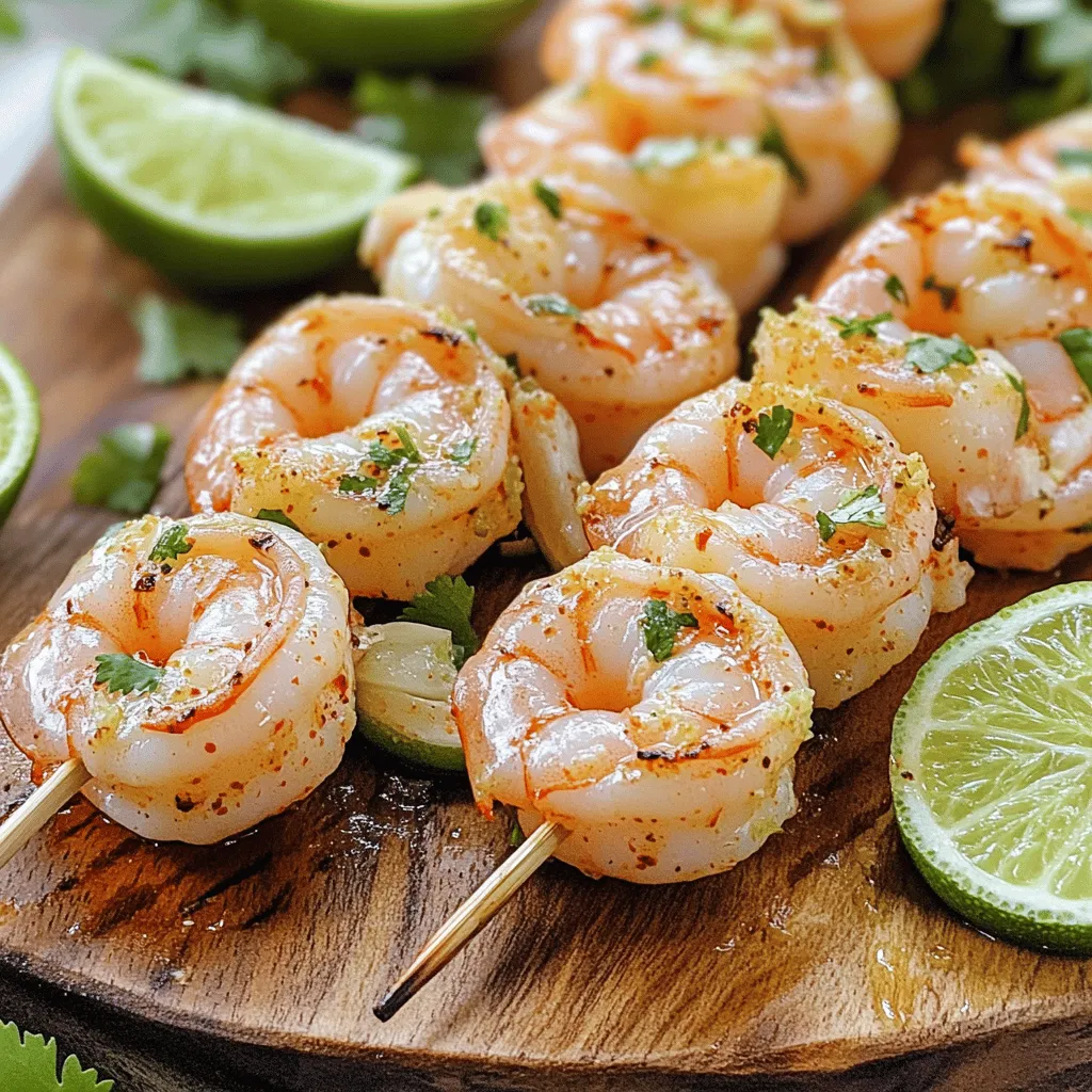 - 1 lb large shrimp, peeled and deveined - 3 tablespoons olive oil - Zest and juice of 2 limes Large shrimp are the stars of this dish. They offer a sweet and juicy bite. When you peel and devein them, make sure they are fresh for the best taste. Olive oil adds richness and helps the flavors blend. Lime zest and juice provide that zesty kick we love. - 2 cloves garlic, minced - 1 teaspoon chili powder - 1 teaspoon cumin - Salt and pepper to taste Garlic brings depth to the dish. It pairs well with the bright lime. Chili powder adds warmth without too much heat. Cumin adds an earthy note. Don't forget salt and pepper to enhance all the flavors. - Fresh cilantro for garnish - 4 wooden or metal skewers Cilantro adds a fresh and bright touch. It complements the lime well. Choose wooden or metal skewers based on your grill. If you use wooden skewers, soak them in water first to prevent burning. For the full recipe, check out the section above! To make the marinade, you need to combine several key ingredients. In a mixing bowl, add: - 3 tablespoons olive oil - Zest and juice of 2 limes - 2 cloves garlic, minced - 1 teaspoon chili powder - 1 teaspoon cumin - Salt and pepper to taste Whisk these together until they blend well. This mixture brings out a bright flavor that pairs perfectly with shrimp. For the best taste, let the shrimp soak in this marinade. Aim for at least 30 minutes in the fridge. This time allows the flavors to soak into the shrimp. Now, let’s get ready to grill! First, preheat your grill to medium-high heat. If you use wooden skewers, soak them in water for at least 15 minutes. This step helps prevent them from burning. Next, thread the marinated shrimp onto the skewers. Aim for 4-5 shrimp per skewer. This spacing allows the heat to cook them evenly. Place the skewers on the grill. You should cook them for about 2-3 minutes on each side. Look for the shrimp to turn pink and opaque. This change in color shows that they are done. To check for doneness, you can cut one shrimp in half. It should be firm and no longer translucent. These simple steps will help you create flavorful and juicy Zesty Lime Shrimp Skewers. For a complete guide, refer to the Full Recipe. Marinating shrimp is key for great taste. I recommend at least 30 minutes in the fridge. This lets the shrimp soak up the zesty lime flavor. If you have time, marinate for up to two hours. You can adjust the flavors too. Want it spicier? Add more chili powder. Prefer a milder taste? Reduce the lime juice. You can even add herbs like parsley or dill for a fresh twist. Getting the right grill temperature is crucial. Aim for medium-high heat. This helps the shrimp cook evenly and stay juicy. If the grill is too hot, the shrimp can burn quickly. To prevent shrimp from sticking, oil the grill grates before cooking. You can also brush a little oil on the shrimp. This simple step makes a big difference in how they cook. When you're ready to serve, presentation matters. Place the skewers on a nice platter with lime wedges. This adds color and makes the dish pop. A drizzle of olive oil over the skewers enhances their look too. For sides, grilled veggies work well. You could also serve rice or a fresh salad. Pairing with a chilled drink like lemonade or a light beer complements the meal nicely. Check out the Full Recipe for more ideas! {{image_2}} You can easily make Zesty Lime Shrimp Skewers fit your diet. For a gluten-free option, just make sure to use gluten-free marinades. Most spices are gluten-free, so you can enjoy them worry-free. If you follow a low-carb diet, focus on the shrimp and skip the sides. For a vegetarian alternative, consider using large mushrooms or zucchini. These veggie skewers soak up the zesty marinade well and provide a great texture. You can follow the same marinade process for veggies. Want to change up the flavor? Adding fresh herbs like basil or mint can brighten the dish. You could also try spices like smoked paprika for a deeper taste. Incorporating fruits is another fun idea. Pineapple or mango can add a sweet twist. Just cut them into chunks and thread them onto the skewers with the shrimp. You might find a new favorite combination! Grilling is the classic way to make these skewers, but other methods work too. You could bake them in the oven. Set your oven to 400°F and cook for about 10-15 minutes. Sautéing is also a quick option. Heat some oil in a pan and cook the marinated shrimp for about 3-4 minutes on each side. If you have an air fryer, it’s a great choice! Set it to 375°F and cook for 8-10 minutes. The shrimp come out crispy and delicious. For the full recipe, be sure to check out the detailed instructions. To keep your Zesty Lime Shrimp Skewers fresh, place them in airtight containers. This step helps prevent air exposure, which can lead to spoilage. If you have a lot of skewers, use multiple containers. Store them in the fridge for up to three days. If you want to enjoy them later, consider freezing instead. When you want to enjoy your leftovers, you can reheat the shrimp in several ways. The best method is to use a grill or stovetop. Heat the grill to medium and place the skewers on for a few minutes. This method helps keep the shrimp juicy. You can also use a microwave. Just heat in short bursts, checking often. This prevents overcooking, which can make shrimp rubbery. If you want to freeze marinated shrimp, do so before grilling. Place them in a freezer-safe bag, removing as much air as possible. This helps prevent freezer burn. For the best flavor, use the shrimp within three months. When you are ready to cook, thaw the shrimp in the fridge overnight. This slow thawing method keeps the shrimp firm and tasty. For the best flavor, marinate shrimp for at least 30 minutes. This time helps the shrimp soak in the zesty lime flavor and spices. If you let them sit for too long, they can become mushy. The acid in lime juice can break down the shrimp's texture if marinated for over two hours. So, stick to 30 minutes to two hours for great results. Yes, you can use frozen shrimp! Just ensure they are raw and peeled. To prepare, thaw the shrimp in the fridge overnight or place them in a bowl of cold water for about 15-20 minutes. Change the water halfway through to speed up the thawing. Pat them dry with a paper towel before marinating. This helps the marinade stick better. A few popular side dishes pair perfectly with these skewers. Try serving them with: - Cilantro lime rice - Grilled corn on the cob - A fresh garden salad For drinks, a chilled glass of white wine or a light beer complements the dish well. You can also enjoy it with a refreshing limeade or iced tea for a non-alcoholic option. These pairings enhance the zesty flavors of the shrimp skewers. For the full recipe, check out the details provided earlier. Grilling zesty lime shrimp skewers is simple and rewarding. You learned about key ingredients, steps, and tips to boost flavor. Marinating shrimp enhances taste and keeps them juicy. Remember, you can make variations for dietary needs too. Store leftovers properly to enjoy later. These skewers are a crowd-pleaser and pair well with tasty sides. Enjoy your grilling adventure, and let the vibrant flavors shine!