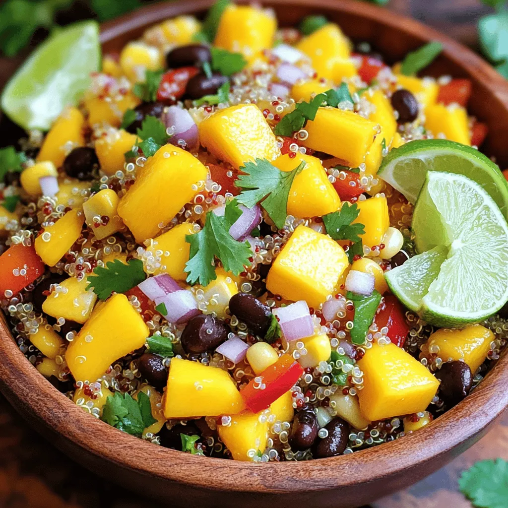 - 1 cup quinoa, rinsed - 1 ripe mango, diced - 1 red bell pepper, diced - 1/2 cup corn kernels (fresh or frozen) - 1/4 cup red onion, finely chopped - 1 red chili, minced (adjust based on spice preference) - 1/4 cup fresh cilantro, chopped In this salad, quinoa is the star. It packs protein and fiber. The mango brings sweetness and a tropical feel. The red bell pepper adds crunch and color. Corn gives a nice pop and a hint of sweetness. The red onion adds sharpness. Finally, the red chili gives a spicy kick. You can adjust the chili for your taste. - 1 cup canned black beans, rinsed and drained - 1/4 cup lime juice - 3 tablespoons olive oil - Salt and pepper to taste Canned black beans are an easy way to add protein. They are rich in fiber and nutrients. Lime juice brightens the dish and balances the flavors. Olive oil adds richness and helps the dressing stick. Salt and pepper enhance all the tastes in the salad. For the full recipe and more details on how to make this power salad, check out the [Full Recipe]. To start, you will need to cook the quinoa. First, combine 1 cup of rinsed quinoa and 2 cups of water in a medium saucepan. Bring the mixture to a boil over medium-high heat. Once boiling, reduce the heat to low. Cover the pot and let it simmer for 15 minutes. You want the quinoa to absorb all the water and become fluffy. After the time is up, remove it from the heat. Let it cool for about 10 minutes. Fluff the quinoa gently with a fork. This step makes it light and airy. Next, it's time to prepare the salad mixture. Start by chopping and dicing your fresh ingredients. You need 1 ripe mango, 1 red bell pepper, 1 cup of canned black beans (rinsed and drained), 1/2 cup of corn kernels, 1/4 cup of finely chopped red onion, and 1 red chili (minced). Adjust the chili based on your spice preference. In a small bowl, whisk together the dressing. Mix 1/4 cup of lime juice, 3 tablespoons of olive oil, and add salt and pepper to taste. This dressing adds zest and flavor to your salad. Now, it’s time to combine everything. In a large mixing bowl, add your chopped ingredients. Pour the dressing over the salad mixture. Toss everything together until well mixed. Finally, add the cooled quinoa to the salad. Mix gently until all ingredients are evenly distributed. Taste the salad and adjust the seasoning if needed. For a full guide on this recipe, check out the Full Recipe. - Rinsing quinoa properly: Always rinse your quinoa before cooking. This step removes the bitter coating called saponin. Place the quinoa in a fine-mesh strainer. Rinse it under cold water for about a minute. This simple step makes a big difference in taste. - Flavoring the cooking water: Add flavor to your quinoa by using broth instead of water. Use vegetable or chicken broth for a deeper taste. You can also add a pinch of salt to the water. This enhances the overall flavor of the quinoa. - Alternative dressings for different flavors: While the lime dressing is fresh, you can try other options. A tahini dressing adds creaminess. Consider a balsamic vinaigrette for a tangy twist. Each dressing gives the salad a unique flavor. - Adjusting spice levels: If you want more heat, add extra minced chili. If you prefer less spice, use a milder pepper. You can also omit the chili altogether for a gentle flavor. Experiment until you find your perfect balance. - Highest appeal plating techniques: Serve this salad in a clear glass bowl. This allows the vibrant colors to shine. Layer the ingredients to create a beautiful view. You can also use a large platter for a family-style presentation. - Best practices for garnishing: Fresh cilantro adds a pop of color. Add lime wedges on the side for a zesty touch. You can sprinkle some extra chili flakes for decoration. These small touches make your dish more inviting. For the complete recipe, check out the Full Recipe link. {{image_2}} You can make this Mango Chili Quinoa Power Salad even better with some fun additions. Adding protein boosts the salad’s energy. You can choose chicken, shrimp, or tofu. Each option brings its unique flavor and texture. * Chicken: Grilled or roasted chicken gives a hearty touch. * Shrimp: Sautéed shrimp adds a nice, sweet taste. * Tofu: For a vegan choice, use grilled or fried tofu. You might also want to swap some veggies for different textures. Try cucumber for crunch or avocado for creaminess. Both options mix well with the other ingredients. To create a new flavor profile, think about adding tropical fruits or fresh herbs. Pineapple or papaya can give a sweet twist. You could also try mint or basil for a refreshing hint. Using different beans or legumes can change the taste too. Black beans are great, but kidney beans or chickpeas work well too. They add protein and change the salad's feel. Each choice can make this dish exciting each time you prepare it. For the full recipe, check out the [Full Recipe]. To store leftovers, let the salad cool down first. Place it in an airtight container. This helps keep the flavors fresh. You can keep the Mango Chili Quinoa Power Salad in the fridge for up to three days. If you notice extra moisture, drain it before serving again. For the best containers, use glass or BPA-free plastic. Glass containers are great as they won’t hold onto odors. Choose containers that fit the salad snugly to prevent air exposure. You can freeze the salad, but it’s best to leave out the fresh ingredients. To freeze, portion the quinoa and mixed beans into freezer bags. Seal them tightly to remove air. This helps maintain the texture and flavor. When you’re ready to eat, thaw the bags in the fridge overnight. Reheat the quinoa gently on the stove or microwave. Add fresh mango, bell pepper, and cilantro after thawing. This keeps your salad vibrant and tasty. To make the Mango Chili Quinoa Power Salad vegan, start with the ingredients. The recipe is mostly plant-based, but you may need to check the dressing. Ensure your olive oil is pure and your lime juice is fresh. You can also swap any honey or dairy-based toppings with plant-based options. - Use agave syrup instead of honey. - Choose plant-based yogurt or leave out any dairy. - Ensure that canned beans do not contain animal products. These small changes will keep your salad tasty and vegan-friendly. Yes, you can prepare this salad ahead of time. Meal prep makes life easier! Here are some tips for storage: - Cook the quinoa and let it cool completely before mixing. - Store the salad mixture and dressing separately until you're ready to eat. - Keep leftovers in an airtight container in the fridge for up to three days. This way, you can enjoy fresh flavors every time you eat. This salad packs a punch in nutrition. Here’s what makes it special: - Quinoa: High in protein and fiber, it helps keep you full. - Mango: Loaded with vitamins A and C, it supports your immune system. - Black beans: Great for protein and fiber, they aid digestion. - Red bell pepper: Full of antioxidants, it benefits your skin and eyes. - Chili: Contains capsaicin, which may boost metabolism. These key ingredients make this salad not just tasty but also a healthy choice. You can easily adjust the spice level to fit your taste. If you want more heat: - Add more minced red chili. - Include a pinch of cayenne pepper to the dressing. If you prefer less spice: - Reduce the amount of chili used. - Remove the seeds from the chili before chopping. These simple adjustments let you customize the heat to your liking. This article showed you how to make a tasty quinoa salad. We discussed the key ingredients, from quinoa to fresh veggies. You learned step-by-step instructions for cooking and mixing everything. We also shared tips for perfect quinoa and fun flavor variations. Remember, this salad is flexible; you can add protein or change veggies. Enjoy making this dish fresh or stored for later. With these easy steps, you can create a healthy meal that fits your taste.