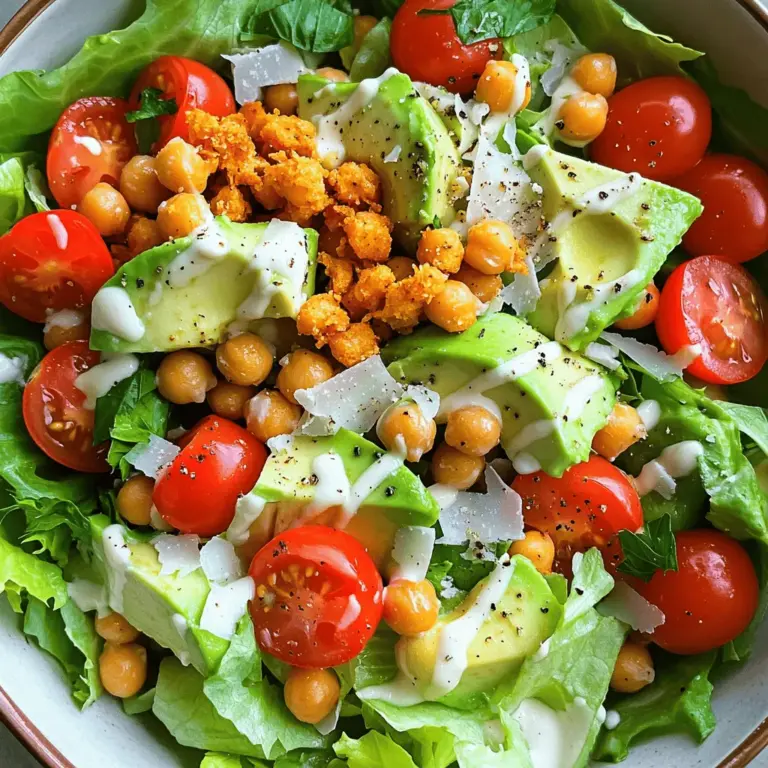 - 1 large romaine lettuce, chopped - 1 cup cherry tomatoes, halved - 1 avocado, diced - ½ cup grated Parmesan cheese - ½ cup crispy chickpeas (canned chickpeas, rinsed, dried, and roasted) - ½ cup homemade Caesar dressing - Optional: 2 tablespoons finely chopped fresh parsley for garnish - Mixing bowl - Baking sheet - Blender or whisk A classic Caesar salad shines with fresh ingredients. The romaine lettuce forms the base, giving a crisp crunch. Cherry tomatoes add color and sweetness, while avocado brings creaminess. Grated Parmesan cheese provides a salty kick that makes each bite delightful. For an extra layer of flavor, crispy chickpeas are a must. They offer a satisfying crunch and are easy to make. Just rinse, dry, and roast them for a tasty addition. The homemade Caesar dressing completes the salad with a creamy texture and zesty taste. You'll need a mixing bowl for tossing everything together. A baking sheet is key for roasting the chickpeas. A blender or whisk helps you mix the dressing smoothly. This combination of ingredients and tools makes for a fresh and flavorful delight. For the complete process, check out the Full Recipe. 1. Preheat your oven to 400°F (200°C). 2. Rinse and dry the chickpeas thoroughly. This step helps them crisp up. 3. Spread the chickpeas on a baking sheet. Drizzle them with olive oil and sprinkle with garlic powder. 4. Roast the chickpeas for 20-25 minutes. You want them crispy and golden brown. 1. In a small bowl or blender, combine 2 tablespoons of lemon juice, 1 tablespoon of Dijon mustard, 1 tablespoon of minced garlic, ½ cup of Greek yogurt, ¼ cup of olive oil, and a pinch of salt and pepper. 2. Blend everything until it’s smooth and creamy. 3. Taste your dressing and adjust the seasoning as needed. You want it flavorful but balanced. 1. In a large salad bowl, mix together the chopped romaine lettuce, halved cherry tomatoes, diced avocado, and crispy chickpeas. 2. Sprinkle grated Parmesan cheese over the salad. 3. Drizzle the homemade Caesar dressing on top to your liking. 4. Gently toss the salad to combine all the ingredients. This helps coat everything with the dressing. 5. Serve the salad immediately for the best freshness and crunch. Enjoy your delicious Classic Caesar Salad! For the full recipe, check the previous sections. To make your Caesar salad shine, use fresh ingredients. Fresh romaine lettuce gives a crisp texture. Ripe cherry tomatoes add a burst of sweetness. A ripe avocado brings creaminess. These ingredients make your salad taste bright and lively. You can also adjust the dressing consistency. If it's too thick, add a splash of water or lemon juice. For a creamier texture, blend in more Greek yogurt. Finding the right balance will enhance the overall flavor. To make crispy chickpeas, rinse and dry them well. Spread them on a baking sheet and drizzle with olive oil. Roast at 400°F for 20-25 minutes. Check them often to avoid burning. Crispy chickpeas provide a delightful crunch. If you want alternatives to chickpeas, consider using roasted almonds or pumpkin seeds. These options add different textures and flavors. You can even try croutons for that classic Caesar crunch. Pair your salad with proteins for added nutrition. Grilled chicken or shrimp works well. You can also add sliced steak or tofu for a hearty meal. For presentation, serve in a large bowl with a sprinkle of Parmesan on top. You can add a few whole cherry tomatoes for color. A garnish of fresh parsley can brighten up the dish. This makes the salad look as good as it tastes. For the complete recipe, check out the Full Recipe. Enjoy your Classic Caesar Salad fresh and flavorful! {{image_2}} You can easily make this salad vegetarian or vegan. Here are some ideas: - Dairy-free Parmesan substitutes: Use nutritional yeast for a cheesy flavor. You can also try store-bought vegan cheese. - Adding more veggies: Mix in bell peppers, cucumbers, or roasted corn for extra crunch. These add color and nutrients. Want to make your salad heartier? Here are some protein options: - Grilled chicken or shrimp: These add a nice touch and make the salad filling. Just grill them with your favorite spices. - Tofu alternatives: For a plant-based option, use firm tofu. Cube it, season, and pan-fry until golden. The dressing is key to a great Caesar salad. You can explore these options: - Different homemade dressings: Try a tahini-based dressing or a vegan mayo mix. Each adds its own twist. - Store-bought options to consider: If you're short on time, several brands offer tasty Caesar dressings. Just check the ingredients to ensure quality. For the complete flavor experience, refer to the Full Recipe for all the details! To keep your Caesar salad fresh, store it in an airtight container. This helps prevent wilting. Place the salad in the fridge for up to two days. For the best taste, eat it sooner. Crispy chickpeas can lose their crunch. Store them in a separate container. This keeps them crispy longer. You can prep salads ahead of time. Chop your veggies and store them separately. Keep the dressing in its own jar. This way, your salad stays fresh and crisp. Mix everything right before serving. This keeps flavors bright and tasty. If you add protein, like chicken or shrimp, reheat it gently. Use a microwave or a pan. Heat it just until warm. Avoid overcooking, which makes it dry. For leftover salad, try refreshing it. Add a little olive oil or lemon juice. This boosts flavor and helps revive the salad. For the full recipe, check the section titled Full Recipe. Enjoy your fresh and flavorful Caesar salad! Caesar salad dates back to the 1920s. It was created by Chef Caesar Cardini in Tijuana, Mexico. He made it for hungry customers using simple ingredients. The dish became famous for its crisp romaine and creamy dressing. Yes, you can prepare some parts in advance. Chop the romaine and store it in the fridge. Roasting chickpeas can be done earlier too. Just keep them in an airtight container. Make the dressing up to two days ahead. However, add the dressing just before serving. This keeps the salad fresh and crunchy. There are many fun twists on the classic Caesar. You can add grilled chicken or shrimp for protein. Some like to use kale instead of romaine. You can also swap Parmesan for feta cheese for a different taste. Adding extra veggies like bell peppers or olives is another great idea. To lighten the dressing, use Greek yogurt instead of mayonnaise. You can also reduce the olive oil and add more lemon juice. Another option is to blend in avocado for creaminess. These changes keep the flavor but cut down on fat. For the full recipe, check out the Caesar Salad with a Twist 🥗. In this blog post, we explored how to make a delicious Caesar salad. We covered the main ingredients, like fresh romaine lettuce and cherry tomatoes. You learned how to prepare crispy chickpeas, make homemade dressing, and assemble everything. I shared tips to boost flavor and suggested variations to fit your needs. Remember, fresh ingredients enhance your salad's taste. With simple steps, you can enjoy this classic dish at home. Now, it’s time to get cooking and savor your creation!