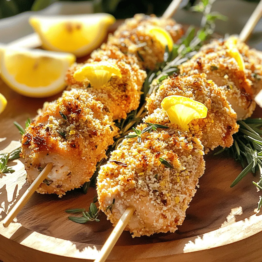 - 1 lb (450g) boneless, skinless chicken thighs - 2 tablespoons olive oil - Zest and juice of 1 large lemon - 3 cloves garlic, minced - 1 tablespoon fresh rosemary, chopped - 1 tablespoon fresh thyme, chopped - 1 teaspoon paprika - Salt and pepper to taste - 1 cup breadcrumbs (preferably panko) - Wooden or metal skewers - Mixing bowl - Skewers - Grill or oven - Shallow plate for breadcrumbs For this recipe, I use chicken thighs because they stay juicy and tender. The olive oil adds flavor and helps keep the chicken moist. Fresh lemon zest and juice brighten up the dish. Garlic, rosemary, and thyme bring in that classic herb taste. Paprika adds a nice color and a hint of warmth. The breadcrumbs, especially panko, give that amazing crispy texture we love. When gathering your tools, a mixing bowl is key for combining the marinade. You’ll need skewers to hold your chicken pieces together. A grill adds that smoky flavor, but an oven works too. Remember to have a shallow plate for the breadcrumbs. This makes the coating easy and even. If you want the full recipe, just check out the details on Crispy Lemon Herb Chicken Skewers. First, gather all your ingredients. You need boneless chicken thighs, olive oil, lemon, garlic, and herbs. For the marinade, mix the olive oil, lemon zest, lemon juice, minced garlic, rosemary, thyme, paprika, salt, and pepper in a bowl. Whisk it well until it's smooth. Next, cut the chicken into 1-inch pieces. This size helps the chicken cook evenly. If you use wooden skewers, soak them in water for 30 minutes. Soaking helps prevent burning on the grill. Now, it's time to marinate the chicken. Add the chicken pieces to the bowl with the marinade. Make sure each piece gets coated well. Cover the bowl and place it in the fridge. Let it marinate for at least 30 minutes, but one hour is best. This time allows the chicken to soak up all the tasty flavors. Preheat your grill or oven to 400°F (200°C). If you are grilling, oil the grill grates. This step helps the chicken not stick. Once heated, take the marinated chicken out. Thread the pieces onto the skewers, leaving some space between them. This space helps them cook evenly. Next, place the breadcrumbs on a shallow plate. Roll each skewer in the breadcrumbs until well coated. Now, cook the skewers on the grill or on a baking sheet in the oven. Cook for about 15-20 minutes. Make sure to turn them occasionally. They are done when golden brown and the internal temperature reaches 165°F (74°C). Let the skewers rest for a few minutes before serving. This process keeps them juicy. Enjoy your crispy lemon herb chicken skewers. For the full recipe, check [Full Recipe]. To make your chicken skewers crispy, choose the right breadcrumbs. Panko breadcrumbs work best. They add more crunch than regular ones. The texture makes a big difference. When grilling, oil your grill grates. This helps prevent sticking. For oven cooking, place your skewers on a wire rack. This allows heat to circulate and keeps them crispy. Boost the taste of your skewers by adding more herbs. Try fresh parsley or basil for a different twist. You can also mix in spices like cumin or chili powder for heat. For marination, consider adding yogurt or honey. Yogurt makes the chicken tender and honey adds a sweet touch. Letting your chicken sit in the marinade longer brings out more flavor. Serve your crispy skewers with fresh sides. A simple salad or roasted vegetables pairs well. You can also try tzatziki sauce for dipping. For a nice presentation, arrange the skewers on a platter. Add lemon wedges and a sprinkle of herbs. This makes your dish colorful and inviting. For the full recipe, check out the details above. Enjoy your cooking! {{image_2}} You can easily change the protein in this recipe. Chicken thighs are juicy and flavorful, but chicken breast works too. Chicken breast is leaner and may cook faster. If you want a different taste, use shrimp. Shrimp cooks quickly and pairs well with lemon. You can also use vegetables like bell peppers or zucchini. These add color and texture. Changing the citrus can make a big difference. While lemon is fresh and bright, you can try lime for a tangy twist. Orange gives a sweeter taste and pairs well with herbs. If you want some heat, add chili flakes or black pepper. This spice can elevate the flavor and make it exciting. You don’t have to grill these skewers. Air frying is a great option. It makes them crispy without much oil. Set your air fryer to 400°F and cook for about 12-15 minutes. Alternatively, you can bake them in the oven. Preheat it to 400°F and bake on a sheet for about 20 minutes. For a nice sear, try pan-searing in a skillet. Just make sure to cook in batches if needed. Feel free to explore these variations for your crispy lemon herb chicken skewers. They allow you to create a dish that suits your taste. For the full recipe, refer back to the initial section. To keep your crispy lemon herb chicken skewers fresh, store them in the fridge. Place them in an airtight container. This prevents moisture loss and keeps flavors locked in. You should eat leftovers within three days for the best taste. If you want to store them longer, freezing is a great option. Wrap each skewer tightly in plastic wrap. Then, place them in a freezer bag. They can last up to three months in the freezer. When ready to eat, thaw them overnight in the fridge before reheating. Reheating skewers can be easy. You can use the oven, grill, or microwave. The oven works best for keeping them crispy. Preheat your oven to 375°F (190°C). Place the skewers on a baking sheet for about 10 minutes. If you use the grill, preheat it and cook the skewers for a few minutes until warm. To microwave, place them on a plate. Heat on low for about 1-2 minutes. Add a splash of water to keep the chicken moist. In the fridge, your chicken skewers will stay good for about three days. Look for a change in color or smell as signs of spoilage. If the chicken feels slimy, it's best to throw it away. Always trust your senses when it comes to food safety. Enjoy your meal! For the full recipe, check out the Crispy Lemon Herb Chicken Skewers section. To see if chicken skewers are done, check the internal temperature. It should reach 165°F (74°C). Use a meat thermometer for best results. Insert it into the thickest part of the chicken. If it reads 165°F, your chicken is safe to eat and juicy. Yes, you can prepare these skewers ahead of time. Marinate the chicken pieces and store them in the fridge for up to 24 hours. This helps the flavors soak in better. For storage, use an airtight container. If you want to freeze them, wrap the skewers tightly in plastic wrap. They can last up to three months in the freezer. Just thaw them in the fridge before cooking. Crispy Lemon Herb Chicken Skewers pair well with many sides. Here are some great options to consider: - Fresh mixed salad with lemon vinaigrette - Creamy tzatziki sauce for dipping - Grilled vegetables like bell peppers and zucchini - Rice or quinoa for a filling meal - Couscous or a warm potato salad for a heartier side For the complete recipe, check [Full Recipe]. In summary, we covered how to make crispy lemon herb chicken skewers. You learned about key ingredients, tools, and step-by-step cooking methods. Tips for flavor and storage also help keep your skewers tasty. Choose your favorite protein or herbs to switch things up. You can create your perfect meal. Enjoy sharing these delicious skewers with friends and family. Happy cooking!