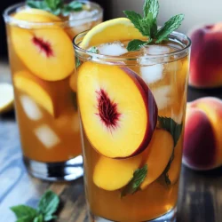 - 4 cups water - 4 black tea bags or loose black tea - 2 ripe peaches - 1 tablespoon fresh ginger - 2 tablespoons honey - 1 lemon - Fresh mint leaves - Ice cubes Ginger Peach Iced Tea is refreshing and packed with flavor. The ingredients play a big role in its taste and health benefits. Let’s break down why each ingredient matters. Benefits of ginger Ginger adds a spicy kick. It can help with digestion and reduce nausea. Ginger also has anti-inflammatory properties. This makes it a great addition to any drink. Nutritional value of peaches Peaches are sweet and juicy. They are rich in vitamins A and C. These vitamins help keep your skin healthy. Peaches also contain fiber, which is good for digestion. Advantage of honey in beverages Honey is a natural sweetener. It has antioxidants that can help your body. It adds a unique flavor, making the tea taste better. You can adjust the amount to suit your taste. Choosing ripe peaches Look for peaches that are fragrant and slightly soft. Ripe peaches should have a rich color. Avoid peaches with bruises or dark spots. They should feel heavy for their size. Fresh vs. dried ginger Fresh ginger has a bright taste. It is easier to work with and gives more flavor. Dried ginger is convenient but less potent. Use fresh ginger when you can. Best types of black tea Choose high-quality black tea for the best flavor. Assam and Darjeeling teas are great options. They have bold flavors that pair well with peach and ginger. Avoid cheap tea bags, as they may lack flavor. For the complete preparation process, check the Full Recipe. Enjoy crafting your Ginger Peach Iced Tea! To start, bring 4 cups of water to a boil in a medium saucepan. This step is crucial as boiling water unlocks the tea's flavor. Once the water is boiling, remove it from heat. Add 4 black tea bags or 4 tablespoons of loose black tea to the hot water. Let the tea steep for 5 minutes. Steeping too long can make the tea bitter, so keep an eye on the time. While the tea steeps, it’s time to prepare the peaches and ginger. Take 2 ripe peaches, pitted and sliced, and add them to a bowl. Add 1 tablespoon of grated ginger. Use a fork to gently muddle the peaches and ginger together. Muddling helps release the juices and flavors from the fruit and ginger. This step is key to infusing your iced tea with that fresh, fruity taste. After the tea has steeped, remove the tea bags. Add the muddled peach and ginger mixture to the warm tea. Stir in 2 tablespoons of honey, adjusting to your taste. This sweetens the tea while balancing the ginger's spice. Let the mixture cool to room temperature. Once cooled, refrigerate for at least 1 hour to chill. Finally, strain the tea to remove the peach and ginger remnants. This leaves you with a smooth, flavorful infusion ready to serve. Serve the iced tea over ice cubes in tall glasses. Garnish with lemon slices and fresh mint leaves. Enjoy your refreshing Ginger Peach Iced Tea! For the complete recipe, check out the Full Recipe. You can change the sweetness of your Ginger Peach Iced Tea by adjusting the honey. Start with two tablespoons, then taste it. Add more if you want it sweeter. You can also try different fruits. Besides peaches, think about adding strawberries or raspberries. They can give a fun twist to the drink. The time you steep the tea affects its flavor. For this iced tea, steep the black tea for five minutes. If you steep too long, the tea can taste bitter. If you want a lighter flavor, try steeping for only three minutes. This way, you keep it smooth and tasty. To make your drink look great, use fresh mint leaves as a garnish. They add a nice green touch. You can also add lemon slices. This adds brightness and complements the peach flavor. For a fun presentation, serve the tea in tall glasses with ice. Adding colorful straws can also make it more inviting. For more details on making this delightful drink, check out the Full Recipe. {{image_2}} You can easily customize Ginger Peach Iced Tea by adding other fruits. Citrus fruits like lemons or limes bring a bright taste. Simply slice them and add them to your tea. You can also try blood oranges for a unique twist. Berries are another fun option. Strawberries, blueberries, or raspberries can mix well with peach. Just muddle them like the peaches for the best flavor. When sweetening your tea, think about natural sweeteners. Honey is a great choice, but you can also use agave nectar or maple syrup. These options add a different taste. If you prefer flavored syrups, try vanilla or almond syrup. These can enhance the drink's flavor profile and make it even more special. You can brew Ginger Peach Tea hot as a warming drink. Start with the same ingredients but use hot water to steep the tea bags. This method brings out the rich flavors. Enjoying it warm can be soothing and comforting. On a chilly day, hot Ginger Peach Tea can be just what you need. For the complete recipe, check out the [Full Recipe]. Ginger Peach Iced Tea stays fresh for about 3 to 5 days in the fridge. Store it in a clean glass or plastic pitcher. Make sure the container has a lid to keep out air and odors. This helps maintain the drink's bright flavor. You can freeze Ginger Peach Iced Tea for longer storage. Pour it into ice cube trays or freezer-safe bags. Leave some space in the bags for expansion. To serve, thaw the tea in the fridge overnight. You can pour it over fresh ice for a quick refreshment. Always check for signs of spoilage. If the tea smells sour or off, it is time to toss it. Look for changes in color or cloudiness. If the flavor tastes flat or strange, do not drink it. Freshness is key to enjoying this drink. To make Ginger Peach Iced Tea, follow these simple steps: 1. Boil Water: Start by boiling 4 cups of water in a pot. 2. Steep Tea: Once boiling, take the pot off the heat and add 4 black tea bags. Let them steep for 5 minutes. 3. Muddle Ingredients: In a bowl, mix 2 sliced peaches and 1 tablespoon of grated ginger. Use a fork to mash them gently. 4. Combine: After steeping, take out the tea bags. Add the peach and ginger mix to the tea. Stir in 2 tablespoons of honey until it dissolves. 5. Cool: Let the tea cool to room temperature, then chill it in the fridge for at least 1 hour. 6. Serve: Strain the tea to remove bits of peach and ginger. Pour over ice, and garnish with lemon slices and mint leaves. Yes, you can try different types of tea! Here are some options: - Green Tea: This adds a fresh flavor. - Herbal Tea: Chamomile or hibiscus can give a nice twist. - Fruit Tea: Look for teas with peach or other fruity flavors. Feel free to experiment with your favorite teas to find the blend you love! Ginger Peach Iced Tea offers several health benefits: - Ginger: It helps digestion and can reduce nausea. It has anti-inflammatory properties too. - Peaches: They are full of vitamins A and C. They also provide fiber. - Honey: This natural sweetener can be healthier than sugar. It adds flavor without too many calories. Compared to sugary drinks, Ginger Peach Iced Tea is a much better choice. It hydrates and provides nutrients, making it a refreshing and healthy option. Enjoy this drink guilt-free! Ginger Peach Iced Tea is a refreshing drink made from simple ingredients. We explored great health benefits from ginger and peaches. I shared tips for picking the best ingredients. You learned how to prepare the tea and customize it to your taste. In the end, this drink offers a delicious way to stay healthy. Enjoy the unique flavors and customize your brew. It's a fun drink that you can make and share all summer long!