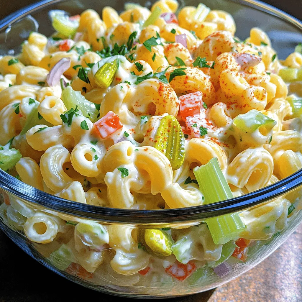 - 2 cups elbow macaroni - 1 cup mayonnaise - 1 tablespoon Dijon mustard - 1 tablespoon apple cider vinegar - 1 cup celery, finely chopped - 1 cup red bell pepper, diced - 1/2 cup red onion, finely chopped - 1/2 cup sweet pickles, diced - 1/4 cup fresh parsley, chopped - Salt and pepper to taste - 1/4 teaspoon paprika for garnish - Optional: additional parsley for serving When I make classic macaroni salad, I start with the main ingredients. The elbow macaroni is the heart of this dish. It holds the creamy dressing well. I prefer using a high-quality mayonnaise for the best flavor. The Dijon mustard adds a nice zing. Apple cider vinegar gives a bit of tang, balancing the creaminess. Next, I add the celery. It brings a nice crunch to the salad. For additional flavor and color, I include red bell pepper and red onion. Sweet pickles add a touch of sweetness. Fresh parsley makes everything look pretty and bright. Always taste and adjust with salt and pepper. For a pop of color, I sprinkle paprika on top before serving. If I want, I might add more parsley. This makes the salad look inviting and fresh. You can find the full recipe later to guide you through the steps. Enjoy making this classic dish! First, bring salted water to a boil in a large pot. This adds flavor to the pasta. Once boiling, add 2 cups of elbow macaroni. Cook it until al dente, which means it should still have a slight bite. This usually takes about 7-8 minutes, but check the package for exact timing. When the pasta is ready, drain it in a colander. Rinse the macaroni under cold water to stop the cooking process. This helps keep it firm and prevents clumping. In a large mixing bowl, whisk together 1 cup of mayonnaise, 1 tablespoon of Dijon mustard, and 1 tablespoon of apple cider vinegar. Mix until smooth and creamy. This dressing is key to the flavor of the salad. Next, add your chopped vegetables to the bowl. Use 1 cup of finely chopped celery, 1 cup of diced red bell pepper, 1/2 cup of finely chopped red onion, and 1/2 cup of diced sweet pickles. Stir well to combine everything. Now, it's time to bring it all together. Fold the cooled macaroni into the dressing and vegetable mixture. Use a spatula to ensure that every piece of pasta gets coated well. Season with salt and pepper to taste. You can adjust the seasoning based on your preference. Once mixed, cover the salad and refrigerate it for at least 1 hour. This chilling time lets the flavors meld together beautifully. Before serving, give it a gentle stir and sprinkle some paprika on top for a nice touch. For the full recipe, check out the details above. To make the best classic macaroni salad, choose the right pasta. Elbow macaroni is a classic choice, but you can also try shells or corkscrews. These shapes hold the dressing well, giving you a tasty bite every time. Chilling the salad is key for flavor. After you mix everything, cover it and put it in the fridge. Let it sit for at least one hour. This time helps the flavors blend and taste better. Presentation matters! Serve your salad in a clear glass bowl. This way, the colorful veggies show off their beauty. Sprinkle fresh parsley on top for a pop of green. What goes well with macaroni salad? It pairs nicely with grilled meats, sandwiches, or as part of a picnic spread. You can also enjoy it with fresh fruit or crunchy chips for a great meal. Want a healthier macaroni salad? You can swap regular mayonnaise for Greek yogurt. This change lowers calories and adds protein. You can also add more veggies like peas or carrots for extra nutrients. In terms of nutrition, a serving of this salad is about one cup. It has around 250 calories, depending on the ingredients you use. Adjust your portion size based on your meal plan or needs. For the full recipe, check out the complete guide. {{image_2}} You can easily make macaroni salad fit your diet. For gluten-free options, use gluten-free macaroni. Many brands offer pasta made from rice or corn. These options taste great and keep the salad light. If you want a vegan salad, swap out mayonnaise for a plant-based alternative. Look for vegan mayo at the store. You can also use silken tofu blended with lemon juice for a creamy texture. This will give your salad a fresh taste without dairy. To make your salad more filling, add protein. Cooked chicken, tuna, or hard-boiled eggs work well. Just chop them and mix them in. They add a nice texture and flavor boost. You can also add more veggies for extra crunch. Try adding peas, corn, or diced carrots. These colorful options add variety and make the salad more fun to eat. You can create themed macaroni salads for different occasions. For a Southern-style twist, mix in crispy bacon and chopped boiled eggs. This adds a smoky taste and makes it richer. If you prefer an Italian flair, add chopped olives and an Italian dressing. The olives bring a briny flavor that pairs well with the creamy base. This variation can be a hit at any gathering or picnic. For the full recipe, check out Creamy Delight Macaroni Salad. To keep your macaroni salad fresh, store it in the fridge. Use an airtight container. This helps lock in flavor and keeps it cool. You can freeze macaroni salad, but some ingredients may change. The texture of the pasta and veggies can become mushy. If you want to freeze, leave out the mayo. Instead, add it after thawing. In the fridge, macaroni salad lasts about 3 to 5 days. Always check for signs of spoilage. If it smells sour or has a strange color, toss it out. Before serving, give your salad a gentle stir. If it looks dry, add a bit of mayo to refresh it. This helps restore its creamy texture. Serve in a nice bowl to show off the colors. Add a sprinkle of parsley or paprika for an extra touch. Enjoy your delicious classic macaroni salad! To make your macaroni salad creamy, use a good amount of mayonnaise. You can also add Dijon mustard for flavor and creaminess. A splash of apple cider vinegar adds brightness without losing creaminess. Mix the dressing well before adding it to the macaroni. Be sure to coat the pasta evenly. - Use full-fat mayonnaise for the best texture. - Mix in some sour cream for extra creaminess. - Stir gently to avoid breaking the pasta. Yes, you can make macaroni salad ahead of time. In fact, this salad tastes better after sitting in the fridge. Make it at least one hour before serving. This allows the flavors to mix well. - Prepare the salad a day in advance for the best taste. - Keep it covered in the fridge to stay fresh. The best pasta for classic macaroni salad is elbow macaroni. It holds the dressing well and offers a nice bite. You can also use shells or rotini for variety. These shapes catch the dressing and mix with other ingredients easily. - Elbow macaroni is the classic choice. - Shells and rotini add a fun twist. Macaroni salad is always served cold. Chilling it enhances the flavors and makes it refreshing. After mixing, let it sit in the fridge for at least an hour. This cooling time helps the ingredients blend better. - Chill for at least one hour before serving. - Serve straight from the fridge for the best taste. Classic macaroni salad combines simple ingredients for a tasty dish. We explored main components like pasta, mayonnaise, and vegetables. You learned how to create creamy dressing and blend flavors. Adding personal touches and variations can make this salad perfect for any gathering. Overall, macaroni salad is versatile and easy to customize. It’s a great dish to share with family or friends. Remember to store it properly for fresh taste. Enjoy making your own unique version of this classic!