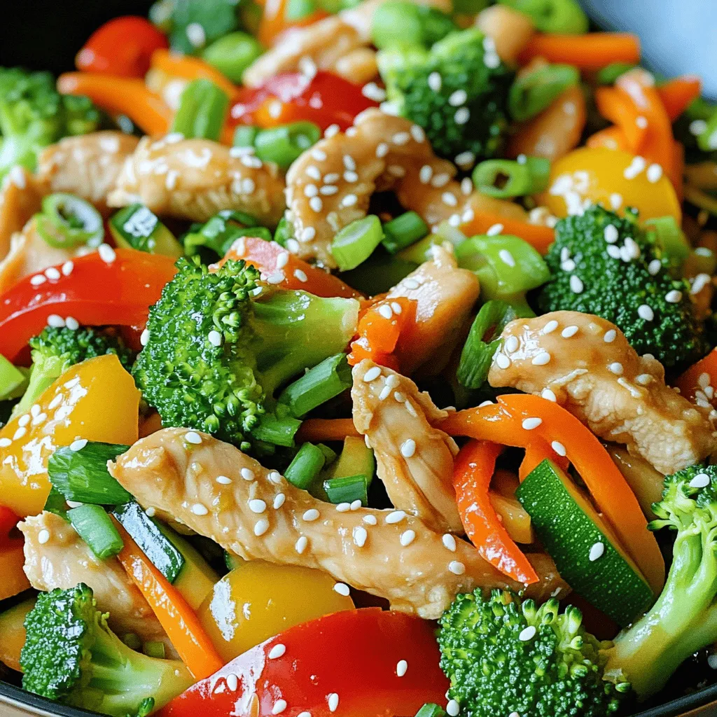 To make a great chicken and veggie stir fry, you need fresh ingredients. Here is a list of what you will need: - 1 lb chicken breast, sliced into thin strips - 2 tablespoons soy sauce - 1 tablespoon sesame oil - 1 bell pepper (red or yellow), sliced - 1 cup broccoli florets - 1 carrot, julienned - 1 zucchini, sliced - 3 green onions, chopped - 2 garlic cloves, minced - 1 tablespoon ginger, grated - 1 tablespoon cornstarch - 1/4 cup chicken broth - Salt and pepper to taste - Sesame seeds for garnish These ingredients create a colorful and tasty dish. The chicken provides protein, while the veggies add crunch and nutrients. If you can't find certain ingredients, don't worry! Here are some substitutes you can use: - Chicken breast can be replaced with chicken thighs for more flavor. - Use tamari instead of soy sauce for a gluten-free option. - For sesame oil, try olive oil or peanut oil for a different taste. - Any seasonal veggie can work, like snap peas or mushrooms. These swaps keep the dish fresh and fun. You can customize your stir fry based on what you have at home. Selecting the right veggies makes your stir fry tasty and healthy. Here are some tips: - Choose brightly colored veggies. They should look fresh and firm. - Avoid any that are wilted or have brown spots. - Smell the veggies. Fresh ones have a nice, clean scent. - Buy seasonal produce for better taste and value. Fresh vegetables make a huge difference in the flavor. They add color and nutrients to your meal. For the full recipe, check out the section above. To make a tasty chicken and veggie stir fry, follow these simple steps. First, gather your ingredients. You will need chicken, veggies, and a few sauces. This recipe is quick and fun. It takes about 30 minutes from start to finish. You can serve it hot over rice or noodles. Marinating the chicken is key to great flavor. In a bowl, mix sliced chicken, soy sauce, and a pinch of salt and pepper. Let it sit for about 15 minutes. This helps the chicken soak up the flavor. You can use a plastic bag for even better marination. Just add the ingredients and seal the bag. Shake it to mix well. Stir-frying is all about high heat and quick cooking. Use a large skillet or wok. Heat the sesame oil over medium-high heat. Add the marinated chicken and cook until golden brown. This should take about 5-7 minutes. Remove the chicken and add garlic and ginger. Sauté until fragrant, about 30 seconds. Then, toss in your veggies. Stir-fry them for 4-5 minutes. They should be tender but still crisp. Finally, return the chicken to the pan and add the cornstarch slurry. Stir until the sauce thickens. This makes everything stick together nicely. Enjoy your colorful chicken and veggie stir fry! For more details, check the full recipe. When making stir-fry, many people overcook the chicken. This makes it dry. Always cook chicken quickly over high heat. Another mistake is overcrowding the pan. It can cause steaming instead of frying. Fry in batches if needed. Don't forget to prep your veggies first. This keeps everything moving smoothly in the pan. For the best stir-fry texture, cut veggies into even pieces. This helps them cook evenly. Use high heat and a good amount of oil. This prevents food from sticking. Stir often to avoid burning. The goal is tender-crisp vegetables. They should be bright and vibrant, not mushy. A large skillet or wok is ideal for stir-frying. Woks have sloped sides that help with cooking. A good spatula or wooden spoon works best for stirring. Use a sharp knife for cutting ingredients. A cutting board is also important for safe prep. These tools help you create that perfect Chicken and Veggie Stir Fry. For a complete guide, check the Full Recipe. {{image_2}} You can change the flavor of your stir fry by using different sauces. Soy sauce is a classic choice. You can also try teriyaki sauce for a sweet twist. Hoisin sauce adds a rich and sweet flavor, while oyster sauce gives a deep umami taste. If you want something spicy, add chili paste or sriracha. You can mix sauces too. Just keep the balance in mind. Chicken is great, but you can switch it up. Tofu is a fantastic plant-based option. It soaks up flavors well and adds protein. Shrimp cooks quickly and adds a nice touch. Beef or pork works well too, just cut them thin. For a light option, try adding chickpeas. They add protein and texture without meat. The beauty of stir fry is in its versatility. You can use many veggies based on your taste. Bell peppers, broccoli, and zucchini are all great choices. Carrots add color and crunch. Snap peas bring a sweet flavor. You can also try mushrooms for earthiness. Don’t be shy about mixing colors and textures. The more colorful your plate, the more fun it will be to eat. For a full recipe, check out the Colorful Chicken and Veggie Stir Fry . To keep your chicken and veggie stir fry fresh, store it in an airtight container. Make sure to let the dish cool before sealing it. This helps prevent moisture buildup. If you have extra sauce, keep it in a small jar. You can use it to rehydrate the dish later. If stored properly, your stir fry can last for about 3 to 4 days in the fridge. After that, the texture and flavor may change. If you want to keep it longer, consider freezing it. Frozen stir fry can last about 2 to 3 months. Be sure to label your containers with the date. When ready to eat, reheat your stir fry on the stove for the best results. Add a splash of water or broth to keep it moist. Heat it over medium heat until warm. You can also use a microwave, but be careful not to overcook it. Stir halfway through heating for even warmth. This will help keep the veggies crisp and the chicken juicy. Enjoy your meal just like the first time! For the full recipe, check the earlier section. Yes, you can make Chicken and Veggie Stir Fry ahead of time. Cook the chicken and veggies, then store them in the fridge. To keep the taste fresh, eat it within three days. Reheat it on the stove for the best flavor. The best type of chicken for stir fry is boneless, skinless chicken breast. It cooks fast and stays tender. You can also use chicken thighs for more flavor. Just slice the meat thinly to help it cook evenly. To make this recipe gluten-free, use gluten-free soy sauce or tamari. Check the labels on all sauces. Also, ensure the chicken broth is gluten-free. These simple swaps keep the dish safe for those who need it. Quick sides for Chicken and Veggie Stir Fry include steamed rice or quinoa. You can also serve it with noodles or a fresh salad. These sides are easy to make and complement the stir fry well. In this post, we covered the key ingredients, cooking steps, and storage tips for chicken and veggie stir fry. You learned how to choose fresh vegetables, marinate chicken, and stir-fry efficiently. I shared common mistakes to avoid and different sauce options to enhance flavor. Cooking stir fry can be fun and rewarding. With practice, you will create delicious meals quickly. Enjoy customizing your dish with various proteins and veggies. This method opens a world of tasty possibilities.