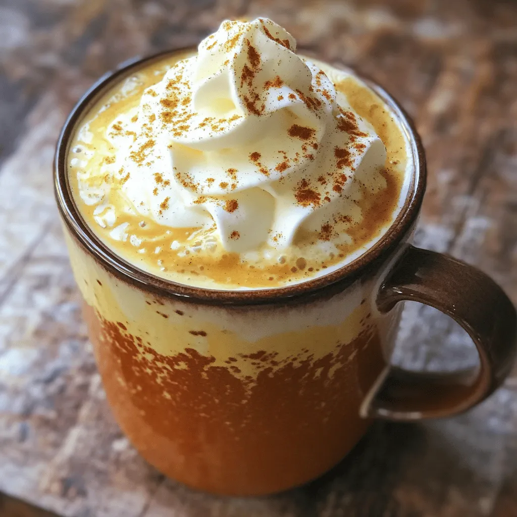 To make a classic Pumpkin Spice Latte, you need: - 2 cups milk (or non-dairy alternative) - 1 cup brewed coffee (strong) - 2 tablespoons pumpkin puree - 1 tablespoon maple syrup (adjust to taste) - 1 teaspoon pumpkin pie spice (plus extra for garnish) - 1/2 teaspoon vanilla extract - Whipped cream (for topping) These ingredients work together to create that cozy, warm flavor we love. Each one plays a role. The pumpkin puree adds depth, while maple syrup gives sweetness. Pumpkin pie spice brings in that classic fall taste. You can also personalize your latte with optional ingredients. Consider adding: - A dash of nutmeg for extra warmth - A splash of almond or soy milk for a nutty twist - A sprinkle of cinnamon for added spice If you prefer non-dairy options, there are great choices. Almond milk is light and adds a nutty flavor. Oat milk is creamy and sweet, which pairs well with pumpkin spice. Coconut milk offers a tropical touch, adding richness. Different milk types affect flavor and texture. For instance: - Almond milk makes the latte lighter. - Oat milk creates a rich, creamy texture. - Coconut milk adds a unique, sweet flavor. Try a few to see which one you like best! Each option can change your drink in a fun way. Enjoy crafting your perfect Pumpkin Spice Latte! To start, pour 2 cups of milk into a small saucepan. Heat it over medium heat. You want it warm but not boiling. Stir in 2 tablespoons of pumpkin puree. Add 1 tablespoon of maple syrup for sweetness. Mix in 1 teaspoon of pumpkin pie spice and 1/2 teaspoon of vanilla extract. Whisk until it's smooth and heated through. For the perfect froth, use a frother or a whisk. Just take your time. Froth until you see tiny bubbles forming. This adds a nice texture to your latte. For the best flavor, use a strong coffee. I suggest using a dark roast. It balances well with the pumpkin spice. Brew 1 cup of coffee and pour it into your favorite large mug. Make sure it is hot and fresh. If you want an extra kick, try brewing an espresso shot. It pairs nicely with the spices. Now, slowly pour the warm milk mixture over the coffee. Stir gently to combine. This helps blend all the flavors together. For the final touch, add whipped cream on top. Sprinkle a little extra pumpkin pie spice for a lovely finish. Serve it right away and enjoy your homemade pumpkin spice latte. You can find the full recipe for this delightful drink to guide you through each step. To make your pumpkin spice latte just right, adjust the sweetness and spice to your taste. Start with one tablespoon of maple syrup. If you like it sweeter, add more. For spice, begin with one teaspoon of pumpkin pie spice. You can always add more if you want a stronger flavor. Common mistakes can ruin your latte. Avoid using cold milk; warm it gently. Don't forget to whisk the milk enough. This helps create a nice froth. Lastly, use strong coffee. Weak coffee will not stand up to the rich flavors. For frothing, you have a few great options. A hand frother works well, and it’s easy to use. You can also use a blender or even a whisk. If you don’t have a frother, don’t worry. Just shake the milk mixture in a jar with a lid. Shake it hard for about 30 seconds. This creates froth without any special tools. If you don’t have a frother or a jar, use the back of a spoon. Stir the milk mixture rapidly to create bubbles. It may take longer, but it can still work. Enjoy your pumpkin spice latte with a perfect froth! {{image_2}} For a vegan pumpkin spice latte, you can easily swap the milk. Use any non-dairy milk like almond, oat, or soy. These options still give you a creamy texture. To keep the rich flavor, use full-fat coconut milk. It adds creaminess and a hint of sweetness. If you want a sugar-free latte, consider using sweeteners like stevia or monk fruit. These are natural and have no calories. Some people prefer artificial sweeteners, but they might change the flavor. Stevia has a clean taste, while some find artificial ones a bit bitter. To make your pumpkin spice latte even more exciting, add flavors like chocolate or caramel. You can also sprinkle in nutmeg or ginger for a spicy kick. These seasonal spices boost the taste and make it unique. Try different combinations to find your favorite mix. For the full pumpkin spice latte recipe, check out the [Full Recipe]. To store leftover pumpkin spice latte, let it cool first. Pour it into an airtight container. This will help keep it fresh. I recommend using glass jars or BPA-free plastic containers. They seal well and keep flavors strong. Make sure to store it in the fridge. It can last for up to three days if stored right. When you want to reheat your latte, do it gently. Use a saucepan over low heat. Stir it often to keep the texture smooth. If you have a microwave, use it, but in short bursts. Heat for 20 seconds, then stir. Repeat if needed. For safety, check the temperature. Dairy can spoil if it gets too warm. Make sure it’s hot, but not boiling. You want to enjoy that creamy texture, not curdled milk. You can use any type of coffee you enjoy. A bold brew works best. I recommend a dark roast for a richer flavor. You can use a drip coffee maker, French press, or espresso machine. Just make sure it is strong. This strong coffee balances the sweet spices in the latte. Yes, you can! If you don’t have pumpkin puree, use other flavors. Try butternut squash or sweet potato. You can also use pumpkin spice extract for a pumpkin-like taste. These options keep your drink flavorful and fun. Your homemade pumpkin spice latte lasts about 3 days in the fridge. Look out for signs of spoilage. If it smells off or has lumps, it's time to toss it. Always keep it in an airtight container to stay fresh longer. Absolutely! For an iced version, brew your coffee first and let it cool. Mix the milk mixture as usual, then pour it over ice. Stir well to combine the flavors. Top it with whipped cream and pumpkin pie spice, just like the warm version. Enjoy! For the full recipe, check out the details above! This article covered everything you need for a great Pumpkin Spice Latte. We looked at key ingredients, milk options, and step-by-step preparation tips. I shared tricks for perfecting the flavor and froth, plus ideas for vegan and sugar-free versions. Now you can enjoy this cozy drink your way, whether hot or iced. Follow these tips to create your perfect cup, impress your friends, and make fall even better. Dive in and savor every sip!