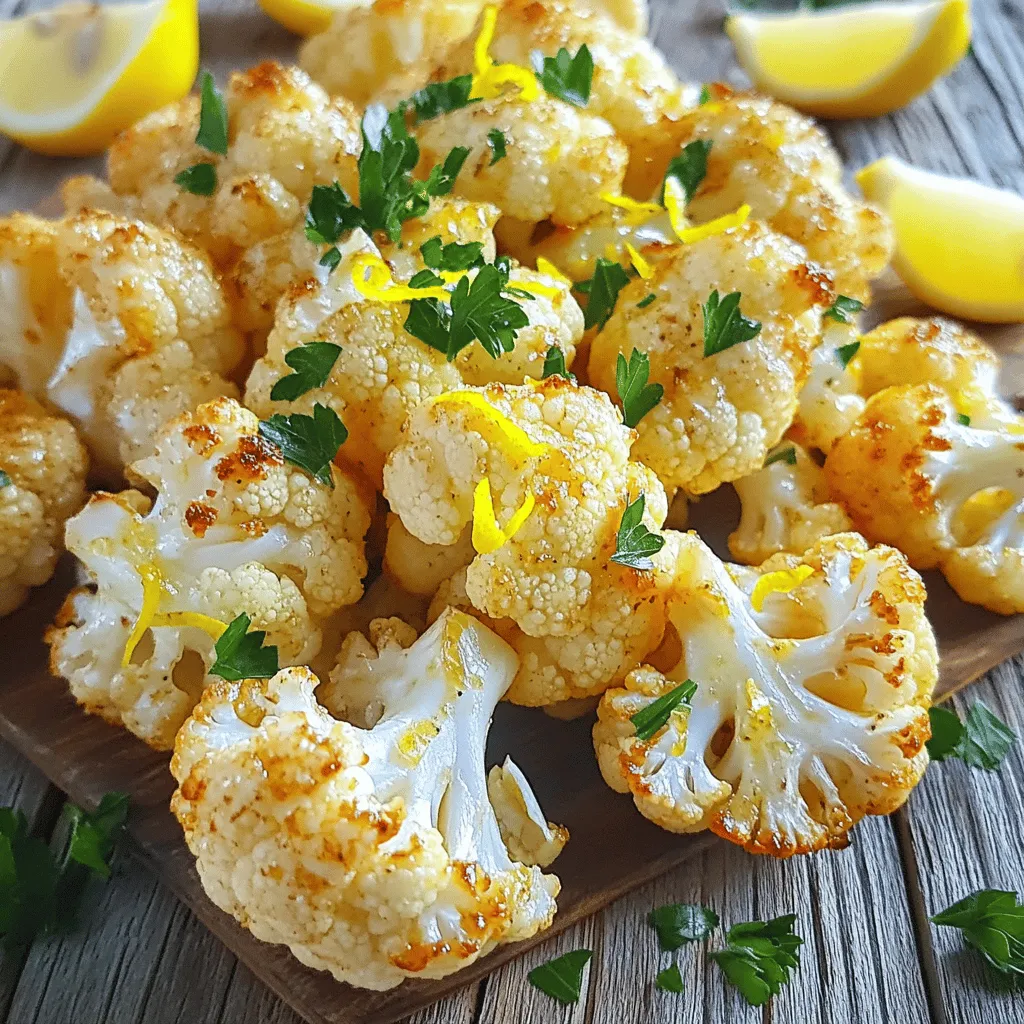Lemon Garlic Roasted Cauliflower has simple, fresh ingredients. Each one adds flavor and taste to the dish. Here’s what you need to make this tasty side dish: - 1 large head of cauliflower, cut into florets - 3 tablespoons olive oil - 4 cloves garlic, minced - Zest and juice of 1 large lemon - 1 teaspoon smoked paprika - ½ teaspoon ground cumin - ½ teaspoon salt - ¼ teaspoon black pepper - Fresh parsley, chopped (for garnish) - Lemon wedges (for serving) Each ingredient plays a key role. The cauliflower is the star. It becomes tender and golden when roasted. Olive oil helps the cauliflower crisp up. Garlic and lemon give a fresh kick. Smoked paprika and cumin add depth. Finally, salt and pepper enhance all the flavors. When you combine these ingredients, you create a dish that is healthy and delicious. If you want the full recipe, check the complete instructions above. First, preheat the oven to 425°F (220°C). This high heat helps the cauliflower brown well. Next, prepare the cauliflower by cutting one large head into small florets. Make sure the florets are about the same size. This ensures they cook evenly. In a large bowl, combine the cauliflower florets with three tablespoons of olive oil. Add four cloves of minced garlic, the zest and juice of one large lemon, one teaspoon of smoked paprika, half a teaspoon of ground cumin, half a teaspoon of salt, and a quarter teaspoon of black pepper. Toss everything together until all the florets are well coated. This mix gives the cauliflower a zesty flavor. Spread the coated florets on a baking sheet lined with parchment paper. Make sure they are in a single layer. This helps them roast nicely. Place the baking sheet in the oven and roast for 25 to 30 minutes. Halfway through, take the sheet out and toss the florets for even cooking. Once they are tender and golden brown, remove them from the oven. Garnish with fresh parsley and serve hot with lemon wedges. For the full recipe, check the details provided earlier. To make Lemon Garlic Roasted Cauliflower shine, start with fresh ingredients. Fresh cauliflower gives you the best taste and texture. Look for florets that are firm and bright. Avoid any that are brown or mushy. For tender and crispy cauliflower, roast it at a high temperature. Preheat your oven to 425°F (220°C). This heat helps brown the edges while keeping the inside soft. Toss the florets halfway through roasting for even cooking. Cooking time depends on the size of your cauliflower pieces. Smaller florets will cook faster, while larger ones take longer. If your florets are big, add five extra minutes to the roasting time. Check for doneness by piercing a floret with a fork; it should be tender but not falling apart. To boost flavor, consider adding spices and herbs. Try a pinch of red pepper flakes for heat or a dash of Italian seasoning for depth. You can also mix in fresh herbs, like thyme or rosemary, before roasting. These extra touches give your dish a unique twist. For the full recipe, be sure to check out the complete guide on making this tasty side dish! {{image_2}} You can switch oils in this recipe. Try avocado oil for a milder taste. Walnut oil adds a rich flavor. You can also use different spices. For a spicy kick, add red pepper flakes. If you like a smoky taste, use chipotle powder instead of smoked paprika. Adding cheese can enhance the dish. Feta cheese offers a salty bite. Parmesan brings a nutty flavor. For crunch, sprinkle nuts on top. Toasted almonds or pine nuts can add texture and taste. You can even add a squeeze of balsamic vinegar for tang. This recipe is naturally vegan and gluten-free. If you want a creamy texture, use cashew cream. Blend soaked cashews with a bit of lemon juice and water. This makes a great vegan sauce. You can enjoy this dish as part of a healthy meal. To keep your Lemon Garlic Roasted Cauliflower fresh, use airtight containers. Glass or plastic containers work well. Store the dish in the fridge. It stays good for up to three days. When you want to enjoy your leftovers, reheat them in the oven. Preheat the oven to 350°F (175°C). Spread the cauliflower on a baking sheet. Heat for about 10 minutes. This method keeps the cauliflower crispy. You can also use a microwave. Heat in short bursts, stirring in between. If you want to freeze your roasted cauliflower, let it cool first. Place it in a freezer-safe bag or container. Remove as much air as possible before sealing. It can last for up to three months in the freezer. When ready to eat, thaw it overnight in the fridge. Reheat it in the oven for best results. For full instructions on making this dish, refer to the Full Recipe. How to make Lemon Garlic Roasted Cauliflower? To make this dish, start with fresh cauliflower. Cut one large head into florets. In a bowl, mix the florets with three tablespoons of olive oil, four minced garlic cloves, lemon zest, and juice from one lemon. Add one teaspoon of smoked paprika, half a teaspoon of ground cumin, half a teaspoon of salt, and a quarter teaspoon of black pepper. Toss well to coat. Spread the cauliflower on a baking sheet. Roast at 425°F (220°C) for 25-30 minutes. Toss the florets halfway through to ensure even cooking. Garnish with fresh parsley before serving. You can find the Full Recipe for more details. Can I make this recipe ahead of time? Yes, you can prepare the cauliflower a few hours in advance. Just coat it in the oil and spices. Cover it and store it in the fridge. When you are ready to cook, simply roast it as instructed. This way, you save time on busy days. Lemon Garlic Roasted Cauliflower is not only tasty but healthy too. Each serving has about 120 calories. It provides vitamins C and K, fiber, and healthy fats from olive oil. The breakdown is as follows: - Total Fat: 8g - Saturated Fat: 1g - Carbohydrates: 10g - Fiber: 4g - Protein: 3g Yes, you can use frozen cauliflower, but it may differ in texture. Thaw the cauliflower first and drain any excess water. This helps avoid a soggy dish. Fresh cauliflower gives the best crispy texture. If using frozen, roast it a bit longer to get the golden finish. Just adjust the cooking time to ensure it cooks through without becoming mushy. This blog explored how to make tasty Lemon Garlic Roasted Cauliflower. We discussed ingredients, preparation steps, and roasting techniques. I shared tips for perfecting the dish, variations for flavors, and storage info. Remember, fresh ingredients make a big difference. Try new spices or add cheese for extra taste. Whether you enjoy it fresh or reheated, this dish can fit any meal. With these steps, you can impress family and friends with a healthy, delicious side. Enjoy cooking and experimenting with your flavors!