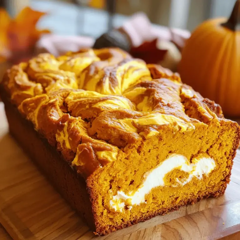- Dry Ingredients - 1 ¾ cups all-purpose flour - 1 teaspoon baking soda - ½ teaspoon baking powder - 1 teaspoon ground cinnamon - ½ teaspoon ground nutmeg - ¼ teaspoon ground ginger - ½ teaspoon salt - Wet Ingredients - 1 cup canned pumpkin puree - ½ cup granulated sugar - ½ cup packed brown sugar - ½ cup vegetable oil - 3 large eggs - 1 teaspoon vanilla extract - Cream Cheese Swirl Components - 8 oz cream cheese, softened - ¼ cup granulated sugar - 1 large egg - 1 teaspoon vanilla extract I love gathering these ingredients. Each one adds a special touch. For example, the pumpkin puree brings rich flavor and moisture. The spices fill your kitchen with warmth. I always recommend using fresh spices for the best taste. The cream cheese swirl adds a delightful creaminess. It contrasts well with the spiced pumpkin loaf. As you prepare, take a moment to appreciate how each ingredient plays its part. When you gather everything, it makes baking feel like a fun adventure. The best part? You can easily find all of these ingredients at your local store. If you want to make this tasty treat, check out the Full Recipe for Pumpkin Cream Cheese Swirl Loaf. Enjoy the process as much as the result! Start by preheating your oven to 350°F (175°C). This step is key for even baking. While the oven heats, grease a 9x5 inch loaf pan. Use butter or cooking spray. This helps the loaf slide out easily later. In a medium bowl, whisk together the dry ingredients. Combine 1 ¾ cups flour, 1 teaspoon baking soda, and ½ teaspoon baking powder. Then add 1 teaspoon cinnamon, ½ teaspoon nutmeg, ¼ teaspoon ginger, and ½ teaspoon salt. Set this bowl aside. The mix should be light and fluffy. In a large bowl, mix the wet ingredients. Add 1 cup of pumpkin puree, ½ cup granulated sugar, and ½ cup brown sugar. Next, pour in ½ cup vegetable oil, 3 large eggs, and 1 teaspoon vanilla extract. Whisk until the mixture is smooth. This gives your loaf flavor and moisture. Time to make the cream cheese swirl! In a separate bowl, beat 8 oz of softened cream cheese with ¼ cup of granulated sugar. Add 1 large egg and 1 teaspoon vanilla extract. Mix until creamy. This will add a rich layer to your loaf. Pour half of the pumpkin batter into your greased loaf pan. Then, drop half of the cream cheese mixture in dollops on top. Use a knife or skewer to gently swirl the cream cheese into the pumpkin batter. Repeat this with the remaining batter and cream cheese. This creates beautiful swirls. Bake your loaf in the preheated oven for 55-65 minutes. Check for doneness by inserting a toothpick into the center. It should come out clean. If the top browns too fast, cover it with foil. Once baked, let it cool in the pan for 10 minutes, then transfer it to a wire rack to cool completely. Enjoy the delightful aroma filling your kitchen! To get the best texture, remember to measure your flour correctly. Use a spoon to fill your measuring cup, then level it off. Too much flour makes the loaf dry. Also, don’t overmix when you combine the wet and dry ingredients. Gently fold them together until just combined. This keeps the loaf light and fluffy. Swirling is key for that beautiful cream cheese layer. After pouring half of the pumpkin batter, drop dollops of the cream cheese mixture on top. Use a knife or skewer to swirl gently. Make sure not to mix it too much. You want to see both the pumpkin and cream cheese. This creates lovely patterns in each slice. Here are some common pitfalls to steer clear of: - Skipping the Preheat: Always preheat your oven. This helps your loaf rise properly. - Not Greasing the Pan: Greasing is a must. It ensures the loaf comes out easily. - Using Cold Ingredients: Let eggs and cream cheese sit at room temp before mixing. Cold ingredients can lead to lumps. - Opening the Oven Door: Resist the urge to peek! Opening the door can cause uneven baking. Following these tips will help you bake a perfect Pumpkin Cream Cheese Swirl Loaf every time. For the full recipe, check out the details above. Enjoy your delicious creation! {{image_2}} You can easily make this pumpkin cream cheese swirl loaf more fun. Here are two great ideas: - Adding Chocolate Chips: Adding chocolate chips gives a sweet twist. Fold in ½ cup of semi-sweet chocolate chips into the pumpkin batter. They melt and create pockets of rich chocolate that blend well with the spices. - Nuts and Seeds Alternatives: Nuts add crunch and flavor. Try adding ½ cup of chopped walnuts or pecans. For a different twist, consider sunflower seeds for a nut-free option. Both add texture and depth to each slice. Making this loaf fit your diet is simple. Here are some easy swaps: - Gluten-Free Options: To make a gluten-free loaf, use a gluten-free flour blend instead of all-purpose flour. Ensure the blend has a good binding agent, like xanthan gum, for the best texture. - Vegan Adaptations: To make this loaf vegan, swap eggs for flax eggs. Mix 1 tablespoon of flaxseed meal with 3 tablespoons of water for each egg. Replace cream cheese with a dairy-free alternative, like coconut cream or cashew cream, for the swirl. These variations help you create a loaf that fits your taste and diet perfectly. For the full recipe, check out the details above. Enjoy baking! To keep your pumpkin cream cheese swirl loaf fresh, wrap it tightly in plastic wrap. This will keep moisture in and prevent it from drying out. You can also place it in an airtight container. For added protection, store it in the fridge, especially if you have leftovers. This way, it stays tasty for longer. If you want to save some for later, freezing works great! First, let the loaf cool completely. Then, wrap it in plastic wrap and foil to prevent freezer burn. You can also slice the loaf before freezing for easy servings. When you're ready to enjoy, just thaw it in the fridge overnight. This loaf stays fresh for about 3 to 5 days in the fridge. If frozen, it can last up to 3 months. Just remember to label it with the date you froze it. This helps you keep track of its freshness. Enjoy your delicious loaf anytime, whether fresh or frozen! Yes, you can use homemade pumpkin puree. Just make sure it’s smooth and thick. If it’s too watery, it might change the loaf's texture. To make it, roast a pumpkin, scoop out the flesh, and blend it until smooth. This adds a fresh flavor to your loaf. To check if your loaf is done, insert a toothpick in the center. If it comes out clean, it’s ready. Sometimes, the top may brown too fast. If this happens, cover it with foil. This helps it bake evenly without burning. You can pair this loaf with a warm cup of coffee or tea. It also goes well with a dollop of whipped cream or a scoop of vanilla ice cream. For added flavor, try spreading some butter or cream cheese on a slice. You can find the full recipe above to guide you step-by-step. Enjoy making this delicious treat! In this article, we explored the ingredients, steps, and tips for making a delicious Pumpkin Cream Cheese Swirl Loaf. You learned about mixing the wet and dry ingredients and perfecting the swirl. Don’t forget the variations, like adding chocolate chips or using gluten-free flour. Baking is about experimenting and enjoying the process. With practice, you'll make a loaf that impresses everyone. Trust your skills, and savor every bite of your creation.