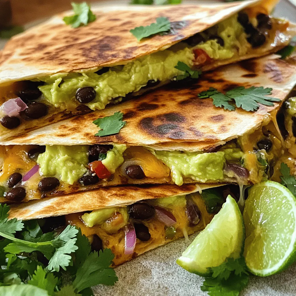 - 2 ripe avocados, mashed - 1 can (15 oz) black beans, drained and rinsed - 1 cup shredded cheese (cheddar or pepper jack) - 1 small red onion, finely chopped - 1 red bell pepper, diced - 1 teaspoon cumin - 1 teaspoon garlic powder - Salt and pepper to taste - 4 large flour tortillas - Olive oil, for cooking - Fresh cilantro, for garnish - Lime wedges, for serving Using fresh ingredients is key for great flavor. Ripe avocados give a creamy texture. Fresh black beans add a hearty feel. I recommend using shredded cheese that melts well. Choose good-quality tortillas for the best crunch. Feel free to swap cheeses! Try mozzarella or a dairy-free option. For tortillas, corn tortillas work great too. Adjust the spices based on your taste. Add jalapeños for heat or omit cumin for a milder flavor. Experiment and make this dish your own! Check the Full Recipe for more details. To start, grab a medium bowl. Add the mashed avocados, black beans, cumin, garlic powder, salt, and pepper. Mix everything together. Make sure to leave some beans whole. This adds great texture to the filling. Next, heat a skillet over medium heat. Add a drizzle of olive oil. Toss in the chopped red onion and diced bell pepper. Sauté them for about five minutes. You want them soft but not mushy. This step brings out their sweet flavor. Now, it's time to build your quesadillas. Take a tortilla and spread a quarter of the avocado-black bean mixture on one half. Then, add a quarter of the sautéed onions and peppers. Top it off with a quarter of the shredded cheese. Fold the tortilla in half. This creates a nice half-moon shape. Repeat with the rest. Check out the Full Recipe for more tips on cooking these delicious quesadillas! I love using a skillet for quesadillas. It gives the best crispiness and flavor. A skillet lets you control the heat. You can easily check the quesadillas as they cook. Other methods, like baking, can dry them out. Skillets create a nice golden crust while keeping the insides warm. For perfect quesadillas, cook them for about 3 to 4 minutes on each side. This ensures a nice brown color. If you want them extra crispy, add a minute or two. Just keep an eye on them to avoid burning. You want them golden, not charred. Look for a golden brown color on both sides. The cheese should be melted and gooey. If the edges are crisp, you’ve done well. You can also press lightly on the quesadilla. If it feels firm and holds together, it’s ready. Enjoy your delicious creation! For the full recipe, check the earlier section. {{image_2}} You can boost the flavor of your quesadillas with extra ingredients. Consider adding: - Chopped jalapeños for heat - Corn for sweetness - Spinach for added greens - A sprinkle of smoked paprika for depth - Fresh lime juice for brightness These options make your dish even more delicious. Mixing and matching can create a new twist every time. Pair your quesadillas with sides and dips to elevate the meal. Here are some ideas: - Salsa for a fresh kick - Guacamole for added creaminess - Sour cream to balance flavors - A simple green salad for crunch - Chips for a satisfying crunch These sides add variety to your plate and make it more exciting. If you're cooking for more people, doubling the recipe is a great idea. Here’s how: - Use two cans of black beans instead of one. - Increase the number of avocados to four. - Get eight tortillas for the extra filling. Making more quesadillas saves time and brings joy to gatherings. You can prepare them ahead and cook just before serving. For the full recipe, check the earlier section. You can easily change up your quesadilla with other veggies. Try adding spinach, mushrooms, or zucchini. These options add great flavor and nutrients. You can also use corn for a sweet crunch. Mix and match to find your favorite veggie combo. To make this dish dairy-free, skip the cheese. Use vegan cheese or leave it out entirely. The creamy avocado keeps the quesadilla rich and tasty. You can also add nutritional yeast for a cheesy flavor without dairy. Adjusting spices can change your quesadilla’s flavor. If you like heat, add cayenne or chili powder. For a smokier taste, try smoked paprika. You can also add fresh herbs like cilantro or oregano for extra flavor. Experiment until you find the mix you love. Yes, you can freeze Avocado Black Bean Quesadillas. First, let them cool completely. Then, wrap each quesadilla in plastic wrap. Place the wrapped quesadillas in a freezer bag. This helps keep them fresh. They can last for about three months in the freezer. To reheat, take one out and remove the plastic wrap. Place it in a skillet over medium heat. Cook for about 5-7 minutes on each side. This way, you get a crispy quesadilla again. You can serve many sides with Avocado Black Bean Quesadillas. Here are some tasty options: - Fresh salsa or pico de gallo - Guacamole for extra creaminess - Sour cream or Greek yogurt - A simple green salad - Rice or quinoa for a hearty meal These sides enhance the flavors of the quesadillas and make your meal complete. Leftovers of Avocado Black Bean Quesadillas can last in the fridge for about 3 days. Store them in an airtight container to keep them fresh. If you want to keep them longer, consider freezing them. Just follow the freezing steps mentioned earlier. This way, you can enjoy them later without losing taste. To wrap up, we explored how to make delicious avocado black bean quesadillas. We discussed fresh ingredients, measuring them right, and even tips for swaps. I shared easy steps for filling, sautéing, and cooking. Plus, we covered ways to boost flavor and ideas for serving. Lastly, don’t forget about variations like vegan options. Enjoy your cooking and make these quesadillas your own!