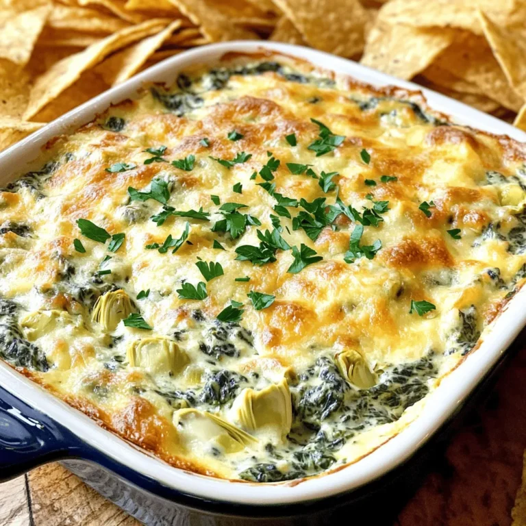 - 1 cup fresh spinach, chopped - 1 cup canned artichoke hearts, drained and chopped - 1 cup cream cheese, softened - 1/2 cup sour cream - 1/2 cup mayonnaise - 1 cup grated Parmesan cheese - 1 cup shredded mozzarella cheese The main ingredients in this dip create a creamy and rich base. Fresh spinach gives it a nice green color, while artichoke hearts add a unique flavor. Cream cheese, sour cream, and mayonnaise blend together to make it smooth. Parmesan and mozzarella bring a cheesy goodness that makes every bite satisfying. - 2 cloves garlic, minced - 1/2 teaspoon onion powder - 1/4 teaspoon cayenne pepper (optional) - Salt and pepper to taste - Fresh parsley, chopped (for garnish) Seasoning is key to making this dip pop. Garlic adds depth, while onion powder gives a nice kick. Cayenne pepper can add a bit of heat if you like it spicy. Don’t forget salt and pepper to enhance all the flavors. A sprinkle of fresh parsley on top makes it look pretty and adds a fresh taste. - Tortilla chips - Toasted bread - Vegetable sticks This dip is perfect for sharing. Serve it warm with crunchy tortilla chips for a classic pairing. You can also use toasted bread for a fancy touch. For a healthier option, try vegetable sticks like carrots or celery. They add a nice crunch and freshness to each bite. For the full recipe, check out [Full Recipe]. 1. Preheat your oven to 350°F (175°C). This helps the dip cook evenly. 2. In a mixing bowl, combine 1 cup of softened cream cheese, 1/2 cup of sour cream, and 1/2 cup of mayonnaise. Mix until it is smooth and creamy. This forms the base of your dip. 3. Add 1 cup of grated Parmesan cheese and 1 cup of shredded mozzarella cheese. 4. Next, fold in 1 cup of chopped spinach and 1 cup of drained, chopped artichoke hearts. 5. Add 2 minced garlic cloves, 1/2 teaspoon of onion powder, and 1/4 teaspoon of cayenne pepper if you like a bit of heat. 6. Season with salt and pepper to taste. Stir everything together until well combined. 7. Transfer the mixture into a baking dish. Spread it out evenly with a spatula. 8. Bake in the preheated oven for 25 to 30 minutes. You want it to be bubbly and golden brown on top. 9. Once it’s done, take it out and let it cool for a few minutes. 10. Garnish with chopped fresh parsley for a nice touch. For the full recipe, refer to the earlier section. Enjoy your creamy baked spinach artichoke dip warm with chips or bread! To get the best texture, always start with softened cream cheese. Softened cream cheese blends easily. You don’t want lumps in your dip. Mix it well with sour cream and mayonnaise. Use a hand mixer for smoothness. If you don’t have a mixer, a sturdy spoon works too. Just keep mixing until it’s creamy. To boost flavor, add spices like garlic powder or Italian herbs. Fresh herbs like basil or dill also work great. You can change up the cheese too. Try mixing in some sharp cheddar for a fun twist. Each cheese brings its own taste and makes the dip special. Serve the dip warm for the best taste. It should be hot and bubbly. Let it cool just a bit before serving. For dipping, use tortilla chips, toasted bread, or fresh veggies. Each option adds a nice crunch and pairs well with the creamy dip. For the complete recipe, check out the [Full Recipe]. {{image_2}} You can easily make this dip fit many diets. For a vegan option, swap cream cheese, sour cream, and mayonnaise for plant-based versions. Use cashew cream or silken tofu for creaminess. For those needing gluten-free options, just ensure all your ingredients are certified gluten-free. Most dips can be safe with the right swaps. Adding bacon or chicken can give this dip a nice boost. Cook the bacon until crispy, then chop it up and mix it in. You can also add cooked chicken for extra protein. If you want to add more veggies, try mixing in roasted red peppers, mushrooms, or chopped bell peppers. This adds color and flavor to your dip. Experimenting with cheeses can change the whole dip. Try adding goat cheese or feta for a tangy twist. You can also mix in cheddar for a sharper flavor. Don't forget to play with spices too! A pinch of smoked paprika or fresh herbs like basil can really enhance the taste of your dip. To keep your baked spinach artichoke dip fresh, refrigerate it right away. Place it in an airtight container. This helps keep out air and moisture. Aim to use the dip within three days for the best taste. If you have a lot left, divide it into smaller portions. This way, you can enjoy it later without having to thaw the whole batch. You have two options for reheating: the microwave or the oven. The microwave is quick but can dry the dip. If you want the best flavor, use the oven. Preheat it to 350°F (175°C) and bake the dip for about 15 minutes. This keeps the dip creamy and warm. If you see it bubbling, it’s perfect! You can freeze the dip if you want to save it for later. First, let it cool completely. Then, transfer it to a freezer-safe container. Make sure to leave some space at the top. The dip can last for up to three months in the freezer. When you’re ready to eat it, thaw it in the fridge overnight. Reheat it in the oven to maintain its creamy texture. Enjoy your tasty treat! For the full recipe, check the details above. You can store baked spinach artichoke dip in the fridge for up to three days. Keep it in an airtight container. This way, it stays fresh and safe to eat. If you want to keep it longer, freeze it instead. It can last for two months in the freezer. Yes, you can make this dip ahead of time! Mix all the ingredients and place them in a baking dish. Cover it with plastic wrap and store it in the fridge. Bake it when you are ready to serve. This saves time and makes serving easier. If you don’t have artichoke hearts, you can use cooked spinach instead. Other options include roasted red peppers or hearts of palm. These choices add different flavors and textures to the dip. Feel free to get creative with your ingredients! For the full recipe with detailed instructions, visit the link to the [Full Recipe]. In this blog post, we covered how to make a tasty spinach artichoke dip. You learned about the main ingredients, seasonings, and how to combine them. We also explored tips for the best texture, flavor variations, and ways to store leftovers. Try different cheeses or spices to make this dip your own. Enjoy sharing it with friends or family. This dip is easy to make and perfect for any gathering.