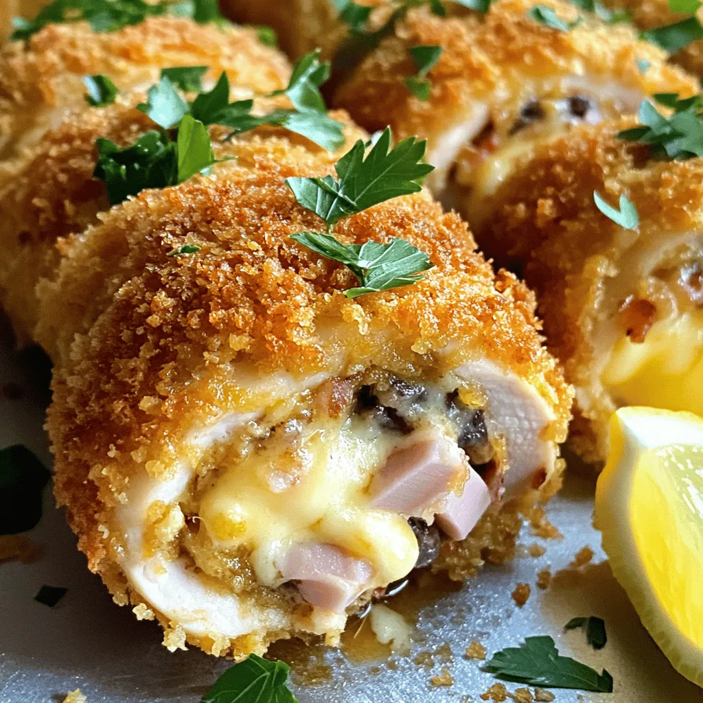 To make Classic Chicken Cordon Bleu, you need a few key items. Start with: - 4 boneless, skinless chicken breasts - 4 slices of ham (preferably Swiss or prosciutto) - 4 slices of Swiss cheese - 1 cup all-purpose flour - 2 large eggs, beaten - 1 cup breadcrumbs (preferably panko for extra crunch) - 1 teaspoon garlic powder - 1 teaspoon paprika - 1/2 teaspoon salt - 1/4 teaspoon black pepper - 1/4 cup unsalted butter, melted These ingredients create a tasty and satisfying dish. Choose fresh chicken for the best flavor. Swiss cheese melts beautifully, adding creaminess. Ham gives a nice savory touch. Breadcrumbs add texture that you will love. You can enhance the taste even more with optional items. Try adding: - Fresh herbs like thyme or rosemary for extra flavor - A pinch of cayenne pepper for a little heat For dipping sauces, consider: - Honey mustard for sweetness - A lemony aioli for a fresh kick These additions will make your dish more personal and fun. You can find the full recipe above to guide you through each step. Enjoy experimenting! Preparing the chicken Start by preheating your oven to 400°F (200°C). This ensures even cooking. Next, take each chicken breast and place it between two sheets of plastic wrap. Use a meat mallet or a rolling pin to flatten the chicken to about 1/2-inch thick. This step helps the chicken cook evenly and makes rolling easier. Assembling the filling Now, lay a slice of ham on each piece of chicken. I prefer Swiss or prosciutto for a rich flavor. Next, add a slice of Swiss cheese on top of the ham. Roll the chicken tightly around the filling. Use toothpicks or kitchen twine to secure the rolls. This keeps everything inside as it cooks. Breading technique Set up your breading station with three shallow bowls. In the first, add all-purpose flour. In the second, beat two large eggs. In the third bowl, mix breadcrumbs, garlic powder, paprika, salt, and pepper. Dredge each chicken roll in flour first. Shake off the excess. Then dip it in the beaten eggs, and finally coat it with the breadcrumb mixture. Press gently to help it stick well. Baking instructions Place the breaded chicken rolls on a lined baking sheet. Drizzle melted butter over the tops for extra flavor and crunch. Bake in the preheated oven for 25-30 minutes. You want the chicken to be cooked through and the coating to turn golden brown. Resting and slicing After baking, remove the rolls from the oven. Let them rest for 5 minutes. This helps keep the juices inside. Carefully remove the toothpicks or twine before slicing. Cut each roll in half to show the melty cheese inside. Presentation tips For a beautiful presentation, serve the chicken on a platter. Add lemon wedges and a simple green salad on the side. This adds color and freshness to the meal. For the full recipe, check out the details provided. Enjoy your delicious creation! To make the best Chicken Cordon Bleu, focus on two key areas: even cooking and a crispy coating. - Ensuring even cooking: Start by pounding the chicken to an even thickness. This helps the chicken cook uniformly. Use a meat mallet or a rolling pin for this. When cooking, check the thickest part of the chicken. It should reach 165°F (75°C) to be safe to eat. - Achieving a crispy coating: Use panko breadcrumbs for a crunchier texture. Before breading, make sure the chicken is dry. This helps the coating stick better. Drizzle melted butter on top before baking. This adds flavor and aids in browning. Avoid these common mistakes to ensure your Chicken Cordon Bleu is perfect. - Over or underbaking the chicken: Keep an eye on the cooking time. If you bake too long, the chicken can dry out. If you bake too little, it may not be safe to eat. Aim for 25-30 minutes at 400°F (200°C) for best results. - Incorrect rolling techniques: Roll the chicken tightly but not too tight. If you roll too loosely, the filling might spill out. Use toothpicks or kitchen twine to secure the rolls. This keeps the filling inside during cooking. Making these adjustments can elevate your dish. Use these tips to create a delightful Chicken Cordon Bleu. For the complete guide, check the Full Recipe. {{image_2}} You can mix things up by using different cheese and meat. Instead of Swiss, try mozzarella or cheddar. Each cheese brings its unique taste. For the meat, swap ham for turkey or even bacon. This change adds a new flavor twist to your dish. You can also add veggies for extra nutrition. Spinach or roasted red peppers work great inside the chicken. They add color and flavor while boosting health benefits. Just make sure to chop them small so they fit well. You have options on how to cook Chicken Cordon Bleu. Pan-frying gives a nice crisp outside. Heat oil in a pan and cook each roll until golden brown. This method is quick but requires attention to avoid burning. Baking is another great choice. It is hands-off and healthier. You still get a crispy coating when you bake at 400°F. Just follow the steps in the Full Recipe for perfect results. For a modern twist, use an air fryer. This method cooks the chicken quickly and gives it a crunchy texture. Set your air fryer to 375°F and cook for about 15-20 minutes. Check for doneness and enjoy a lighter version of this classic dish. To keep your Classic Chicken Cordon Bleu fresh, store leftovers properly. First, let the chicken cool completely at room temperature. Then, wrap each piece in plastic wrap or aluminum foil. This helps prevent them from drying out. Place the wrapped chicken in an airtight container or a resealable plastic bag. Label and date the container for easy tracking. For best taste, eat the leftovers within three days. If you need to store them longer, freeze the chicken. Wrap it tightly and place it in a freezer-safe bag. Frozen chicken can last up to three months without losing quality. Reheating your chicken can be tricky. You want to avoid dryness while ensuring it’s hot. The best method is to use the oven. Preheat the oven to 350°F (175°C). Place the chicken on a baking sheet. Cover it with foil to keep moisture in. Heat for about 15-20 minutes or until warmed through. You can also use a microwave for quick reheating. Place the chicken on a microwave-safe plate. Add a splash of water to keep it moist. Cover with a damp paper towel. Microwave in 30-second intervals until hot. This method is quick but may not keep the crispiness of the coating as well. For the full recipe, refer to the Classic Chicken Cordon Bleu section above. Can I make Chicken Cordon Bleu ahead of time? Yes, you can prepare Chicken Cordon Bleu in advance. You can bread the chicken rolls and store them in the fridge. Just remember to bake them right before serving. This saves time on busy nights. What sides pair well with Chicken Cordon Bleu? Great sides include: - Steamed green beans - Mashed potatoes - Simple green salad - Roasted vegetables These options balance the rich flavors of the chicken. How can I modify the recipe for dietary preferences? To make it gluten-free, use gluten-free breadcrumbs. For a lower-fat option, use turkey ham and part-skim cheese. You can even add spinach for extra nutrition. What should I do if the cheese isn’t melting? If the cheese isn’t melting, it may be too thick. Thin it out by using a softer cheese. Also, ensure the chicken is cooked through. A longer bake time can help. How do I know when the chicken is fully cooked? Check the internal temperature. It should reach 165°F (75°C). You can also cut into the chicken. It should be white and juices should run clear. This tells you it’s ready to eat. We covered how to make Chicken Cordon Bleu from start to finish. You learned about the key ingredients and the step-by-step process for preparation, breading, and cooking. I shared helpful tips to avoid common mistakes and offered variations to suit your taste. Lastly, we discussed storage and reheating for later enjoyment. With this guide, you can create a delicious meal to impress family or friends. Enjoy your cooking and make it your own!