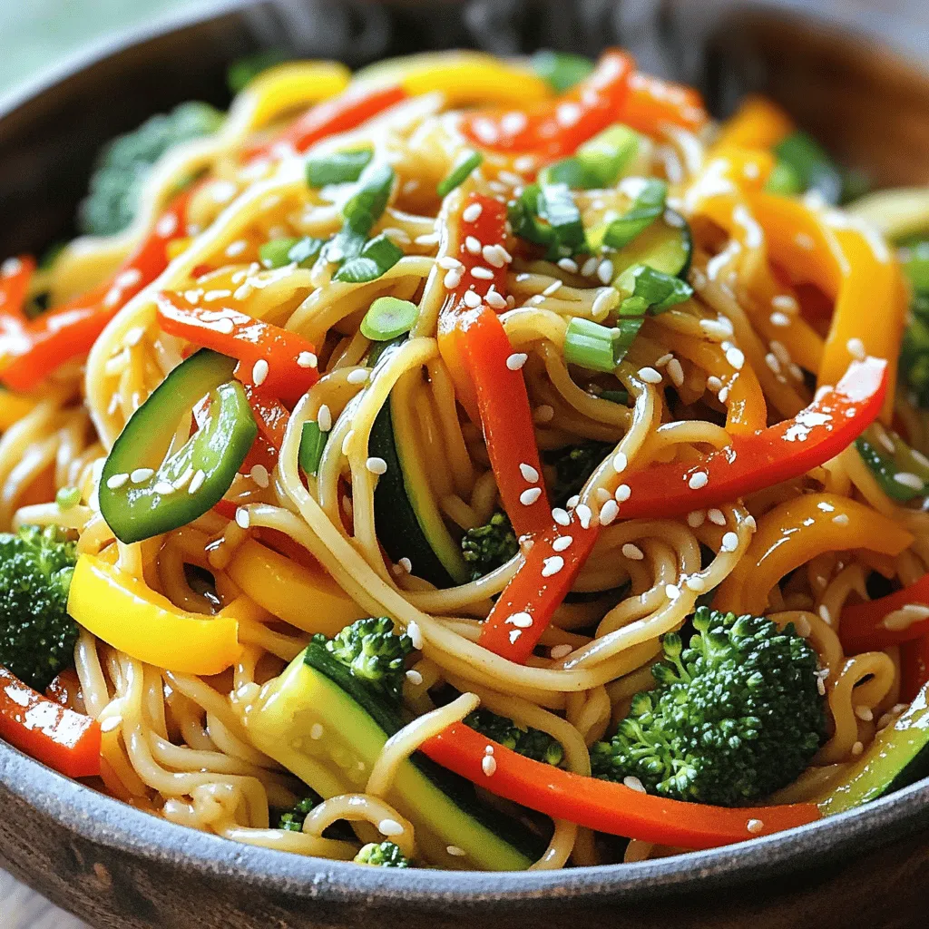 To make simple veggie lo mein, gather these items: - 8 oz. lo mein noodles - 2 tablespoons sesame oil - 1 bell pepper (red or yellow), thinly sliced - 1 small zucchini, julienned - 1 cup broccoli florets - 1 cup carrots, julienned - 3 green onions, chopped - 4 cloves garlic, minced - 1 tablespoon fresh ginger, minced - 3 tablespoons soy sauce - 1 tablespoon hoisin sauce - 1 tablespoon rice vinegar - Sesame seeds for garnish Using fresh veggies makes this dish taste great. I suggest using: - Crisp bell peppers for crunch. - Fresh zucchini adds a nice texture. - Bright broccoli gives color and nutrients. - Sweet carrots add a hint of sweetness. - Green onions bring a fresh flavor. Choose organic produce when possible. It is often tastier and better for you. If you have dietary needs, here are some easy swaps: - Use gluten-free noodles if needed. - Replace soy sauce with tamari for a gluten-free option. - If you don't eat soy, try coconut aminos. - Add tofu or chickpeas for protein. - Skip hoisin sauce for a lower-sugar option. These swaps keep the dish tasty while meeting your diet. Check the [Full Recipe] for more ideas. First, boil water in a large pot. Add 8 oz. of lo mein noodles. Cook them according to the package instructions. Usually, it takes about 4-5 minutes. Once they are soft, drain the noodles. Toss them with a bit of sesame oil. This step keeps them from sticking. Now, take a large skillet or wok. Heat 2 tablespoons of sesame oil over medium-high heat. Add 4 cloves of minced garlic and 1 tablespoon of minced ginger. Sauté these for about 30 seconds. You want them fragrant but not burnt. This step builds great flavor. Next, add your sliced bell pepper, julienned zucchini, and julienned carrots. Stir-fry the veggies for 3-4 minutes. They should start to soften but still hold their shape. Then, toss in 1 cup of broccoli florets. Keep stir-frying for another 3 minutes. All the veggies should be bright and tender-crisp. Pour in 3 tablespoons of soy sauce, 1 tablespoon of hoisin sauce, and 1 tablespoon of rice vinegar. Mix everything well so the veggies are coated. Next, add the cooked lo mein noodles to the skillet. Toss everything together for about 2-3 minutes. This lets the flavors blend. Finally, sprinkle in chopped green onions and give it one last toss. Your Simple Veggie Lo Mein is ready to serve! For the full recipe, check the earlier section. Enjoy this quick, tasty meal! To master the stir-fry, keep your heat high. This helps cook the veggies fast. Use a wok or large skillet for best results. Add the garlic and ginger first. They add great flavor. Stir them around for about 30 seconds. Then, add your veggies in stages. Start with the bell pepper and carrots. After a few minutes, add the broccoli and zucchini. This way, all veggies cook evenly. Keep stirring to avoid burning. You can make this dish ahead of time. Cook the lo mein noodles and veggies in advance. Store them separately in the fridge. When you’re ready to eat, heat a pan and mix them together. Add a splash of soy sauce for extra flavor. This will save you time on busy nights. Garnishing makes your dish look special. Use sesame seeds for a crunchy touch. Green onions add color and taste. You can also add chopped cilantro for freshness. A squeeze of lime juice brightens the flavors. These small touches make a big difference. {{image_2}} You can easily add protein to your veggie lo mein. Tofu is a great choice. It absorbs flavors well, making it tasty. You can use firm or extra-firm tofu. Just cube it and sauté it until golden. Chicken is another option. Cut it into thin strips and cook it until it’s no longer pink. Shrimp also works well. Cook the shrimp until they turn pink and opaque. Each of these proteins adds a nice touch to your dish. If you need gluten-free options, you can use rice noodles instead of lo mein. They cook quickly and still taste great. You can also look for gluten-free soy sauce. This will keep your dish safe for gluten-free diets. Make sure to check the labels on your sauces. Not all sauces are gluten-free, so always verify. Enjoy your lo mein without worry! You can mix and match vegetables to make your lo mein unique. Bell peppers add sweetness, while broccoli brings crunch. Carrots are bright and tasty, and zucchini adds a nice texture. Try adding snap peas for a fresh crunch. Baby corn or mushrooms can also add depth of flavor. Use what you have in your fridge. The more colorful your dish, the more fun it is to eat! For the full recipe, check out the detailed steps above. Store your veggie lo mein in an airtight container. Let it cool down first. This helps keep it fresh. Place it in the fridge within two hours of cooking. Proper storage can keep it good for up to three days. When you're ready to eat, reheating is key. You can use a microwave or a skillet. For the microwave, heat it for 1-2 minutes. Stir halfway to ensure even heating. If you choose the skillet, add a splash of water or oil. Heat over medium heat for about 5 minutes. Stir often to keep it from sticking. You can freeze veggie lo mein for later. Use a freezer-safe container to protect it. It stays good in the freezer for about two months. When you're ready to enjoy it, thaw it in the fridge overnight. Reheat it using your favorite method. Don't forget to check the texture; it might need extra sauce or water to help it come back to life. Yes, you can use other noodles. Try spaghetti, rice noodles, or soba noodles. Each type brings a unique taste and texture. Just cook them according to the package. If you want a different flavor, use teriyaki sauce or chili sauce. You can also mix soy sauce with peanut butter for a creamy twist. Adjust to your taste for the best results. To make veggie lo mein vegan, check your sauces. Use vegan soy sauce and hoisin sauce. Replace any non-vegan ingredients with plant-based options. Tofu is a great protein choice too. Reheat in a skillet over medium heat. Add a splash of water or oil to prevent sticking. Stir regularly until heated through. You can also use a microwave, but stir halfway for even heating. Feel free to check out the Full Recipe for more tips and steps! This blog post shared how to make a tasty veggie lo mein. You learned about key ingredients, cooking steps, tips, and storage methods. Don’t forget to try different proteins and veggies for variety. Making this dish is simple, and it can be fun! You can make it ahead of time or freeze leftovers. Enjoy your cooking, and share the yummy results with family and friends!