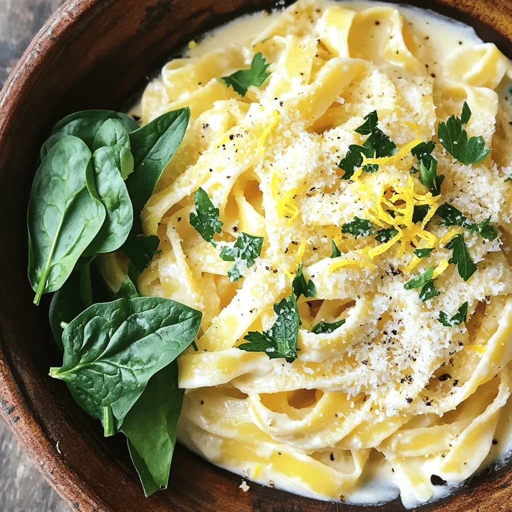 - 300g pasta (fettuccine or spaghetti) - 2 tablespoons olive oil - 3 cloves garlic, minced - 1 cup heavy cream - Zest of 2 lemons - Juice of 1 lemon - 1 cup freshly grated Parmesan cheese - Salt and pepper to taste - Fresh parsley, chopped (for garnish) - Optional: 1 cup fresh spinach or arugula When making creamy lemon pasta, each ingredient plays a key role. The pasta serves as the base. I prefer fettuccine or spaghetti as they hold sauce well. Olive oil adds richness and helps with cooking. Garlic brings a nice aroma and flavor. Heavy cream makes the sauce rich and creamy, creating comfort in a bowl. Lemon zest and juice provide a bright, fresh taste. The zest adds flavor without the liquid, while the juice gives the sauce a nice tang. Parmesan cheese adds a nutty, savory kick. Salt and pepper enhance all these flavors. Fresh parsley not only adds color but also freshness. If you want to boost nutrition, add fresh spinach or arugula. They wilt nicely in the hot pasta and give a pop of color. - Light cream versus heavy cream: You can use light cream for a lighter sauce, but it won’t be as rich. - Alternative pasta options: Gluten-free pasta is a great swap if needed. Whole wheat pasta adds fiber. - Fresh versus dried herbs: Fresh herbs taste better, but dried herbs work in a pinch. Just use less since they are stronger. For the full recipe, check out the details on how to prepare this delightful dish! To start, fill a large pot with water. Add a generous amount of salt. Bring the water to a rolling boil. This step is key to enhancing the pasta's flavor. For fettuccine or spaghetti, cook according to the package instructions. Usually, it takes about 8 to 10 minutes. To achieve al dente pasta, check a minute before the timer goes off. It should be firm but not hard. Reserve one cup of the pasta water before draining the pasta. This starchy water will help the sauce later. In a large skillet, heat two tablespoons of olive oil over medium heat. Add three minced garlic cloves. Sauté until the garlic is fragrant, about 1 minute. Be careful not to burn it. Next, pour in one cup of heavy cream. Stir well and let it simmer for a couple of minutes. Now, add the zest of two lemons and the juice of one lemon. This brightens the sauce and gives it a fresh taste. Mix in one cup of freshly grated Parmesan cheese. Stir until it melts and combines smoothly. Season with salt and pepper to taste. Once the pasta is ready, add it straight into the skillet with the sauce. Toss the pasta gently to coat it well. If the sauce seems thick, add some reserved pasta water. This will help the sauce cling to the pasta evenly. Make sure every strand is covered in that creamy lemon sauce. For an extra touch, you can add fresh spinach or arugula at this stage. Toss until the greens wilt slightly. Serve hot, garnished with chopped parsley for a fresh look. For the full recipe, check our detailed guide. To make a smooth creamy sauce, use low heat. High heat can curdle your sauce. Stir the sauce often to keep it even and creamy. Gradually add the heavy cream for best results. If your sauce does curdle, add a bit of pasta water to help it smooth out. To get the right thickness, let the sauce simmer for a few minutes. This will help it thicken and coat your pasta well. You can add spices to boost the flavor. Black pepper and red pepper flakes work great. Fresh herbs like basil or thyme add a nice touch too. Adjust the acidity by adding more lemon juice if needed. Taste your sauce before serving. It should be bright and tangy, but not overpowering. For a beautiful dish, garnish with fresh parsley. The green color pops against the creamy sauce. You can also sprinkle extra Parmesan on top. Choose a wide serving dish to show off the pasta. A shallow bowl lets the sauce shine and makes it easy to serve. For the full recipe, check out the Lemon Zest Creamy Pasta . {{image_2}} You can change up the protein in your creamy lemon pasta easily. Grilled chicken adds a nice, smoky flavor. Just slice it thin and mix it in after cooking. Shrimp works well too! Sauté the shrimp in olive oil until pink. This quick addition makes your meal even fancier. If you prefer a vegetarian option, think about using chickpeas or white beans. They add protein and fiber, making the dish hearty. Tofu is also a great choice. Just sauté it until golden for added texture. Seasonal veggies can really enhance your dish. Adding asparagus in spring or zucchini in summer brings freshness. You can simply sauté them with garlic before mixing them into the pasta. Fresh spinach or arugula can also boost your meal's nutrition and color. Toss in a cup of greens right before serving for a pop of green. Want to spice things up? Add sun-dried tomatoes for a tangy twist. They pair well with the lemon and creamy sauce. Olives can add a briny kick that complements the dish. Experiment with different cheeses too. Feta gives a nice saltiness, while goat cheese adds creaminess. You can even mix and match cheeses to find your favorite flavor profile. Each change makes your creamy lemon pasta a unique experience. For the complete recipe, check out the Full Recipe. To store your creamy lemon pasta, let it cool first. Place it in an airtight container. This helps keep the flavors fresh. The dish lasts about 3 to 5 days in the fridge. Always check for any off smells before using it again. You can freeze creamy lemon pasta if you want to save some for later. First, let it cool completely. Then, spoon it into a freezer-safe bag or container. Remove as much air as possible. It can last up to 2 months in the freezer. To enjoy it again, thaw it overnight in the fridge. When reheating, you want to keep it creamy. Use a saucepan on low heat. Add a splash of cream or milk to help with this. Stir often to avoid hot spots. If using a microwave, heat in short bursts at medium power. This way, you can avoid overcooking the pasta. For a full recipe, check the recipe section! Yes, you can! For a plant-based version, use cashew cream or coconut cream. Both options give a rich texture. For cheese, try nutritional yeast or vegan Parmesan. These choices keep the creamy taste while being dairy-free. Fettuccine and spaghetti are great choices. Their shapes hold the sauce well. You can also use penne or linguine if you prefer. The key is to pick pasta that can trap the creamy sauce. Add red pepper flakes or diced jalapeños. Start with a little, then taste as you go. A squeeze of lemon can balance the heat. This way, you keep the fresh lemon flavor while adding a kick. Creamy lemon pasta has roots in Italian cuisine. Italians love to pair citrus with pasta. The bright lemon flavor brings a refreshing twist. This dish shows how simple ingredients can create magic. Yes, you can prepare the sauce in advance. Just cook the pasta fresh before serving. If you add spinach or herbs, do that right before enjoying. This keeps everything vibrant and tasty. For the full recipe, check out the details above. This blog post covered how to make creamy lemon pasta from scratch. We discussed key ingredients and substitutions, step-by-step cooking instructions, and tips for enhancing flavor. You learned about variations, storage options, and some FAQs. Now you can whip up a tasty dish that’s perfect for any occasion. Don't shy away from experimenting with flavors to make it your own. Enjoy your cooking adventure!