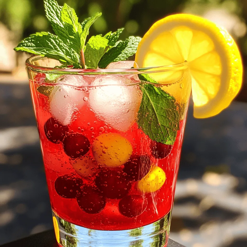 To make the Cherry Lemonade Cooler, you need a few fresh and tasty ingredients. Here’s the list: - 1 cup fresh cherries, pitted and halved - 1 cup fresh lemon juice (about 4–6 lemons) - 1/2 cup honey or agave syrup (adjust to taste) - 4 cups sparkling water (or club soda) - Fresh mint leaves for garnish - Lemon slices for garnish - Ice cubes Using fresh ingredients is key to a bright and tasty drink. Look for plump, ripe cherries with a deep color. Fresh lemons should feel heavy for their size and have a bright yellow skin. When it comes to honey or agave syrup, choose organic varieties for the best flavor. You can customize your Cherry Lemonade Cooler, too. If you want a sweeter drink, add more honey or agave. For a tart flavor, use less sweetener or more lemon juice. You could also try adding other fruits like strawberries or raspberries for a fun twist. When you gather your ingredients, think about quality. Fresh, local produce often tastes better and supports local farmers. Now you have everything you need to create a refreshing Cherry Lemonade Cooler! For the full recipe, refer to the earlier section. To make your Cherry Lemonade Cooler, let's get right into the steps. 1. Blend the Cherries: Start by placing the fresh cherries and honey or agave syrup in your blender. Blend these until they are smooth. If you want a finer drink, you can strain the mixture. This removes any pulp and makes the drink silky. 2. Mix with Lemon Juice: Next, pour the cherry blend into a large pitcher. Add your fresh lemon juice to this mixture. Stir it well to ensure the flavors mix together nicely. 3. Add Sparkling Water: Slowly pour in the sparkling water. It’s important to mix it gently. This helps keep the bubbles and fizz in your drink. 4. Prepare the Glasses: Fill each glass with ice cubes. This keeps your drink cold and refreshing. 5. Pour and Garnish: Now, pour your cherry lemonade mixture over the ice in each glass. For a beautiful finish, add a few mint leaves and a slice of lemon to each glass. 6. Serve Immediately: Your refreshing Cherry Lemonade Cooler is ready to enjoy! Serve it right away to keep it bubbly and fresh. This recipe takes just 10 minutes from start to finish. You will have a vibrant drink that serves four people. Enjoy this simple and delicious Cherry Lemonade Cooler with friends or family. For more details, check the Full Recipe. To make your Cherry Lemonade Cooler just right, start with sweetness. Adjust honey or agave syrup to your taste. If it’s too sweet, add more lemon juice. This will balance the flavor. When blending, combine the cherries and sweetener well. If you want a smoother drink, strain it. This removes bits of pulp and skins. It gives you a nice texture. For serving, keep your cooler cold. Chill your glasses in the fridge before use. This makes each sip refreshing. You can also add ice cubes to glasses. Pour the drink over the ice for a frosty treat. If you want a fun touch, use clear glassware. This shows off the pretty color. Add a slice of lemon or mint leaves for a pop. It makes your drink look inviting. For a boost, serve the cooler with a straw. This makes sipping easier and more fun. Enjoy your drink with friends or family. It’s perfect for hot days! Try the Full Recipe to create your own Cherry Lemonade Cooler. {{image_2}} You can easily change the flavor of your Cherry Lemonade Cooler. Here are some fun ideas: - Different Fruits: Add fresh strawberries, raspberries, or blueberries. These fruits mix well with cherries and lemons. You get a colorful drink that's even more delicious. - Alcoholic Versions: For a fun twist, add vodka or rum. Mix one part alcohol with three parts of the cherry lemonade. This makes a great party drink. - Mocktail Adaptations: If you want a non-alcoholic option, try using soda or tonic water instead of sparkling water. This keeps it bubbly and refreshing without the alcohol. - Seasonal Variations: Use fresh peaches or watermelon in summer. In winter, try adding spices like cinnamon or ginger for a warm twist. You can also use frozen fruit when fresh options are out of season. Frozen cherries or lemons work just as well and keep your drink cool. Feel free to experiment! Each change makes your drink unique and fun. Check out the Full Recipe for the base you can customize. To keep your Cherry Lemonade Cooler tasty, store leftovers in the fridge. Use an airtight container for best results. This helps keep flavors fresh and prevents spills. If you want to maintain carbonation in your sparkling water, only mix in the sparkling water when you are ready to serve. This keeps the fizz alive and makes each sip refreshing. If you plan to make this drink in advance, prepare the cherry and lemon mixture first. Store it in the fridge without the sparkling water. When you are ready to serve, add the sparkling water and ice. This method keeps your cooler bubbly and delicious. For the full recipe, check out the [Full Recipe]. How can I make a non-sweet version? To create a non-sweet Cherry Lemonade Cooler, skip the honey or agave syrup. You can also add more lemon juice or sparkling water to balance the flavors. This gives a tart and refreshing taste without the added sweetness. What if I don’t have fresh lemons or cherries? If fresh lemons or cherries are not available, use bottled lemon juice and frozen cherries. The flavor will still be pleasant, but fresh fruit provides the best taste. Frozen cherries blend well and add a nice chill to the drink. Can I use bottled lemon juice or frozen cherries? Yes, bottled lemon juice is fine in a pinch. Just be sure to choose a brand with no added sugars. Frozen cherries are also a great option. They are convenient and have a good flavor when blended. You might need to adjust the quantity slightly since they can be sweeter than fresh cherries. For the full recipe, check the details above. Enjoy making your Cherry Lemonade Cooler! You now have all the tools to create a perfect cherry lemonade cooler. We covered the ingredients, provided clear steps for preparation, and shared tips for customizing your drink. Remember, you can adjust flavors to suit your taste. With the right storage methods, you can enjoy this treat later. Don't hesitate to experiment with new fruits or variations. Enjoy crafting your refreshing cherry lemonade cooler, and share your results with family and friends!