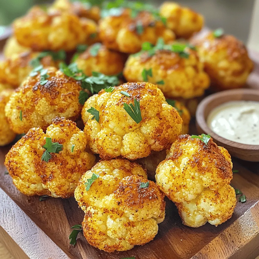 Here’s what you need to make spicy air fryer cauliflower bites. These ingredients give the dish its great taste and crunch. - 1 medium head of cauliflower, cut into bite-sized florets - 2 tablespoons olive oil - 1 teaspoon garlic powder - 1 teaspoon paprika - 1 teaspoon cayenne pepper (adjust for heat preference) - 1 teaspoon cumin - Salt and pepper to taste - 1 tablespoon fresh parsley, chopped (for garnish) - Optional: Dip of your choice (like ranch or yogurt-based sauce) You can find the full recipe in the section above. The key to this dish is the blend of spices. Each spice adds a distinct flavor that makes the cauliflower bites irresistible. Adjust the cayenne pepper if you want to control the heat. With these ingredients, you are ready to create a delicious snack or side dish! First, wash the cauliflower under cool water. Make sure to remove any dirt or debris. Next, cut the cauliflower into bite-sized florets. This size helps them cook evenly and become crispy. After cutting, pat them dry with a kitchen towel. Removing excess moisture is key for that crispy texture. Now, let's make the marinade. In a large bowl, combine 2 tablespoons of olive oil, 1 teaspoon of garlic powder, 1 teaspoon of paprika, and 1 teaspoon of cayenne pepper. Adjust the cayenne pepper for your heat preference. Then, add 1 teaspoon of cumin, along with salt and pepper to taste. Mix everything until you have a smooth, flavorful marinade. Preheat your air fryer to 400°F (200°C) for about 5 minutes. Once it's hot, add the marinated cauliflower bites to the basket. Place them in a single layer. If you have a lot, you may need to cook in batches. Air fry the cauliflower bites for 12-15 minutes. Make sure to shake the basket halfway through. This step helps them cook evenly and get that golden-brown look. After cooking, take them out and let them cool slightly. Transfer the bites to a serving platter and garnish with freshly chopped parsley. For extra flavor, serve them with your favorite dip from the Full Recipe. To get the best flavor in your spicy air fryer cauliflower bites, you can adjust the spices. If you want more heat, add more cayenne pepper. If you prefer a milder taste, cut back on it. The beauty of cooking is that you can make it your own. Using fresh herbs can make a big difference. Fresh parsley adds a bright taste. If you use dried herbs, remember that they are stronger. A little goes a long way. You may use half the amount of dried herbs compared to fresh. Crispiness is key to great cauliflower bites. First, dry the florets well. Water can make them soggy and less crispy. Pat them with a towel to remove all moisture. If you have a lot of florets, cook them in batches. Overcrowding the air fryer can lead to uneven cooking. Air needs room to flow. Cooking in smaller batches gives you the best results. These tips will help you create a crispy and flavorful snack. For the full recipe, check out the detailed instructions above. {{image_2}} You can change the flavor of your spicy air fryer cauliflower bites by using different spices. Try adding chili powder for a deeper heat or turmeric for a warm, earthy tone. You can also mix in some onion powder or curry powder for a unique twist. If you want more texture, consider adding parmesan cheese or breadcrumbs to the mix. These will give a nice crunch and enhance the flavor of your bites. Just remember to adjust the cooking time if you add cheese, as it may melt. If you follow a specific diet, these cauliflower bites can easily adapt. For a gluten-free option, use gluten-free breadcrumbs or skip them entirely. The recipe remains tasty without them. If you want a vegan-friendly choice, omit any cheese and use a plant-based dipping sauce. You can also serve these bites with hummus or guacamole for a fresh take. These variations make the dish fun and suitable for everyone! To keep your spicy air fryer cauliflower bites fresh, follow these tips: - Refrigeration: Place the leftover bites in an airtight container. They stay good in the fridge for about 3 to 4 days. Make sure to let them cool completely before sealing the container. This helps prevent moisture buildup. - Freezing: For longer storage, you can freeze these bites. Lay them out on a baking sheet in a single layer after cooking. Freeze them for about an hour until they are firm. Once frozen, transfer them to a freezer-safe bag. They can last up to 3 months in the freezer. To bring back the crispiness of your cauliflower bites, reheating is key. Here are some great methods: - Air Fryer: This is the best method. Preheat the air fryer to 350°F (175°C). Place the bites in a single layer and reheat for about 5 to 7 minutes. This keeps them crispy. - Oven: You can also use the oven. Preheat it to 350°F (175°C). Spread the bites on a baking sheet and heat for about 10 to 15 minutes. Keep an eye on them to ensure they do not burn. - Microwave: While quick, this method may not keep the bites crispy. Place them on a microwave-safe plate and heat for about 30 seconds to 1 minute. You may want to use this method if you are in a hurry. Using these storage and reheating tips helps keep your spicy air fryer cauliflower bites tasty and enjoyable. For the full recipe, refer back to the recipe section. The spice level of these bites depends on how much cayenne pepper you use. If you like heat, stick with 1 teaspoon. For less spice, cut it down to half a teaspoon. You can also add other spices like chili powder for more flavor. Yes, you can prep the cauliflower bites ahead of time. Mix the florets with the marinade, then store them in an airtight container in the fridge for up to 24 hours. When you are ready, just air fry them as usual. These bites pair well with many sides. Try serving them with a cool yogurt sauce or ranch dressing for dipping. You can also add fresh veggies or a crunchy salad to complete your meal. This recipe is great for meal prep. You can make a big batch and keep leftovers in the fridge for up to four days. Just reheat them in the air fryer to keep them crispy. In this article, I shared a simple recipe for spicy cauliflower bites, guiding you step by step. We covered the key ingredients, preparation tips, and cooking methods to ensure your bites are tasty and crispy. You learned how to adjust flavors and store leftovers for later. With these tips, you can enjoy a healthy snack any time. Now, get creative with seasonings and make this recipe your own!