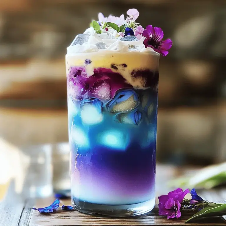 To craft your colorful iced butterfly pea tea latte, you'll need a few simple ingredients. Gather these items before you start: - 2 cups water - 2 tablespoons dried butterfly pea flowers - 1 tablespoon honey or agave syrup - 1 cup coconut milk - 1 tablespoon fresh lemon juice - Ice cubes - Optional: Edible flowers for garnish Using these fresh ingredients makes your drink not only tasty but also vibrant. The butterfly pea flowers are the star of this drink. They give it that beautiful blue color. When you add lemon juice, watch the magic happen as the color changes! For sweetness, you can adjust the honey or agave syrup to your taste. Coconut milk adds creaminess and pairs well with the floral notes. If you want a twist, feel free to explore other types of milk too! Don't forget the ice cubes! They keep your drink chilled and refreshing. And if you want to impress, try adding edible flowers on top. They make your latte look stunning and add a touch of extra flair. Once you have everything ready, you're set to make this gorgeous drink! Check the full recipe for step-by-step instructions. To start, you need to boil some water. Grab a medium saucepan and add 2 cups of water. Put it on the stove and heat it until it boils. Once it reaches a rolling boil, take the pan off the heat. Now, add 2 tablespoons of dried butterfly pea flowers into the hot water. Let it steep for about 10 minutes. This time allows the flowers to release their beautiful blue color. After steeping, strain the flowers out. Set the tea aside to cool down. While the tea is still warm, it’s time to sweeten it. You can use 1 tablespoon of honey or agave syrup. Stir it in well until it dissolves completely. If you like it sweeter, feel free to add more. Let the sweetened tea cool completely. This step is key for the best flavor. Now comes the fun part! Take a tall glass and fill it with ice cubes. Pour the cooled butterfly pea tea over the ice, filling the glass halfway. Next, grab 1 cup of coconut milk. To create that stunning ombré effect, slowly pour the coconut milk over the back of a spoon. This method helps the milk float on top of the tea. The result is a beautiful layered drink that looks just as good as it tastes! For the final touch, just before serving, add 1 tablespoon of fresh lemon juice. Watch in awe as the color changes from a deep blue to a vibrant purple! This simple addition makes your drink even more exciting and colorful. To make the color change pop, use fresh lemon juice. After you pour the tea over ice, add the lemon juice last. Watch as the blue tea turns bright purple! For extra magic, squeeze lemon juice slowly. This way, the colors swirl and blend. You can use many types of milk. Coconut milk gives a rich, creamy taste. Almond milk or oat milk works well too. If you want dairy, whole milk or cream adds a nice touch. Choose what you like best. Each option changes the flavor a bit. Make your drink look fun and pretty. Use a clear glass to show the layers. Add edible flowers on top for a special touch. You can also use colorful straws. This makes your iced butterfly pea tea latte stand out. It’s perfect for sharing on social media! For the full recipe, check out the details above. {{image_2}} You can make your iced butterfly pea tea latte even more fun by adding flavors. Try using different fruits like mango, pineapple, or berries. You can blend these fruits into a puree and mix them with the tea. Or, steep the butterfly pea flowers with mint or ginger for a fresh twist. Each flavor will change the drink's taste and aroma, making it unique. Not everyone likes the same sweetness. You can easily adjust the sweetness of your latte. If you want it sweeter, add more honey or agave syrup. For a lighter taste, use less sweetener. You can also try using flavored syrups, like vanilla or caramel, to change the drink's profile. Always taste as you go to find your perfect balance. Garnishes can make your drink look even better. Instead of just edible flowers, you can use fresh mint leaves or citrus slices. A sprinkle of crushed nuts on top adds a nice crunch. You could also use colorful straws or fun glasses to enhance the visual appeal. Get creative and make your drink a feast for the eyes! For the full recipe, refer to Craft Your Colorful Iced Butterfly Pea Tea Latte at Home. To store leftover butterfly pea tea, let it cool first. Pour it into a clear, airtight container. Place it in your fridge right away. This keeps the tea fresh and tasty. Try to use it within three days for the best flavor. If you notice any off smells or colors, it's best to toss it. Reheating your butterfly pea tea is easy. Pour the tea into a small pot. Heat it over low heat on the stove. Stir gently as it warms up. Avoid boiling it, as this can change the flavor. Once hot, pour it into a cup and enjoy! You can also use a microwave. Just heat it in short bursts, stirring in between. This helps keep the taste intact. - Butterfly Pea Flowers: If stored in a cool, dry place, they can last up to two years. - Honey or Agave Syrup: These sweeteners last nearly forever if sealed tight. - Coconut Milk: Unopened cans can last for a year; opened coconut milk should be used within five days. - Lemon Juice: Fresh juice lasts about a week in the fridge. Bottled juice can last longer, but check the label for specifics. For the full recipe, you can refer back to the earlier section. You can change the sweetness easily. Start by adding honey or agave syrup. Mix in one tablespoon first. Taste it and see if you want more. If you like it sweeter, add more syrup in small amounts. This way, you control the sweetness just right for you. You can find butterfly pea flowers in many places. Look for them at local health stores or specialty shops. You can also buy them online. Websites like Amazon or herbal tea shops often have them. Just make sure they are dried and pure. Yes, butterfly pea tea is caffeine-free! This makes it a great choice for any time of day. You can enjoy it at breakfast, lunch, or even in the evening. It won’t keep you awake like other teas or coffees might. Yes, you can make this latte vegan! Just use plant-based milk, like almond or soy milk. Instead of honey, use agave syrup or maple syrup. This way, your drink stays creamy and delicious without any animal products. Serving this latte at parties is fun! Use clear glasses to show off the pretty colors. You can prepare the tea ahead of time and chill it. When guests arrive, pour it over ice and add the milk. Finish with the lemon juice for the color change. It’s sure to impress everyone! In this blog post, we explored a delightful butterfly pea flower latte. We covered ingredients, step-by-step instructions, and tips for the best presentation. You learned about flavor variations, storage methods, and common questions. This drink is not just beautiful; it's fun to make and enjoy. Try it at home to impress friends. Enjoy your creation with confidence, knowing you’ve made something special!